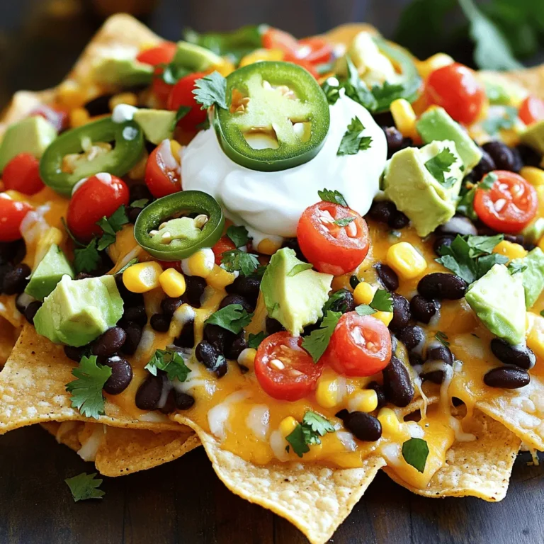 - 8 oz tortilla chips - 1 cup black beans, drained and rinsed - 1 cup corn (canned or frozen) - 1 cup cherry tomatoes, halved - 1 cup bell peppers, diced (a colorful mix of red, green, and yellow) - 1 jalapeño, sliced (optional for an extra kick) - 1 cup shredded cheese (cheddar or a creamy vegan cheese blend) - 1 avocado, diced - ½ cup sour cream (or Greek yogurt) - ¼ cup fresh cilantro, chopped - 1 tablespoon lime juice - Salt and pepper to taste Loaded veggie nachos start with tortilla chips as the base. Choose thick chips for better crunch. Next, I add black beans for protein and fiber. Corn adds a sweet flavor, while cherry tomatoes bring freshness. Bell peppers give color and crunch. If you like heat, add jalapeño slices for a spicy kick. For toppings, I use shredded cheese to melt over everything. Avocado adds creaminess, while sour cream gives a nice tang. Fresh cilantro adds brightness, and lime juice brings out all the flavors. Finally, don’t forget salt and pepper to taste. These ingredients make a perfect balance of flavors in every bite. For the full recipe, check out the details above. 1. Preheat the oven: Set your oven to 350°F (175°C). This warms it up for baking. 2. Prepare the baking sheet: Line a large baking sheet with parchment paper. This makes cleanup easy. Spread the tortilla chips out in a single layer. 1. Distributing beans and vegetables: Start by evenly spreading black beans over the chips. Next, add the corn, halved cherry tomatoes, and diced bell peppers. If you like it spicy, toss on some jalapeño slices. 2. Adding cheese: Generously sprinkle shredded cheese over everything. Make sure each chip gets some cheesy goodness. 1. Bake until bubbly: Place the baking sheet in the preheated oven. Bake for 10-15 minutes until the cheese melts and bubbles up. 2. Assemble toppings before serving: While the nachos bake, mix diced avocado with lime juice, salt, and pepper in a bowl. This keeps the avocado fresh. Once the nachos are hot, take them out. Top them with the seasoned avocado, dollops of sour cream, and a sprinkle of fresh cilantro. Enjoy your loaded veggie nachos while they are warm and gooey. You can even add lime wedges on the side for an extra zing! For more details, check the full recipe. To make the best loaded veggie nachos, cheese choice is key. I love using a mix of cheddar and a creamy vegan cheese blend. This combo gives a rich flavor and nice melt. You can also try pepper jack for a spicy twist. To avoid soggy chips, layer wisely. Place your chips on a baking sheet first, then add toppings. Keep the wet ingredients, like beans and tomatoes, away from the bottom. This helps the chips stay crisp. When it comes to sides, fresh guacamole and salsa are perfect. They add flavor and freshness. You can also serve lime wedges. A squeeze of lime brightens each bite. For dips, try adding a spicy queso or a zesty yogurt dip. These options add extra fun to your nacho experience. Don't forget to check out the Full Recipe for more details on how to make these loaded veggie nachos come alive! {{image_4}} You can easily change up the beans or grains in your nachos. Instead of black beans, try pinto beans or chickpeas. You can even use quinoa for a fun twist. Using different beans adds new flavors and textures. If you want vegan or gluten-free options, use plant-based cheese. Look for gluten-free tortilla chips, too. You can find many brands that fit these needs. These swaps make nachos friendly for everyone at your table. To spice things up, add extra toppings. Consider jalapeños, olives, or pickled onions. Each of these adds a unique taste and crunch. You can also try different cheese varieties. Go for pepper jack for heat or a smoky gouda for depth. Mix and match these ideas to create your own loaded veggie nachos. Get inspired and have fun with your toppings. For the full recipe, check out Loaded Veggie Nachos . To keep your loaded veggie nachos fresh, store them in the fridge. First, let them cool before packing. Use an airtight container to prevent sogginess. You can store them for up to three days. When you are ready to eat, reheat them in the oven. Set the oven to 350°F (175°C) and bake for about 10 minutes. This keeps the chips crunchy and the cheese melty. Avoid using the microwave, as it can make the chips soft. Freezing nachos is not the best idea. The chips can become soggy when thawed. However, you can freeze the toppings separately. Store black beans, corn, and cheese in freezer-safe bags. Use containers that seal tight to avoid freezer burn. When you want nachos, take them out and thaw overnight in the fridge. Then, bake fresh tortilla chips and add your toppings. This way, you get the best taste and texture. Can I make nachos ahead of time? Yes, you can prepare some parts ahead. You can chop veggies and mix toppings. Just keep them in the fridge. When ready, layer and bake them fresh for the best taste. What’s the best way to reheat nachos? To reheat nachos, use an oven. Set it to 350°F (175°C). Place nachos on a baking sheet for about 10 minutes. This keeps chips crispy and cheese melty. Are loaded veggie nachos healthy? Loaded veggie nachos can be a healthy snack. They have beans and veggies, which add fiber and nutrients. Just watch the cheese and sour cream portions if you want to keep it light. How to make nachos spicier? Add sliced jalapeños or sprinkle chili powder on your nachos. You can also use spicy cheese for an extra kick. This will make every bite more exciting! Can I use homemade tortilla chips? Yes! Homemade tortilla chips taste fresh and are easy to make. Just cut tortillas into triangles, bake, or fry them until crispy. You’ll love the flavor! What is the best cheese for nachos? Cheddar cheese works great for nachos. It melts well and has a rich flavor. You can also try pepper jack for some heat or a vegan cheese for a dairy-free option. Loaded veggie nachos are easy to make and full of flavor. You start with crispy tortilla chips and layer them with veggies and cheese. Then, bake them for a warm, cheesy treat. Remember to keep your chips crispy and choose the right cheese blend. You can even mix in different toppings to make it your own. Now, you have all the tips and tricks to enjoy nachos anytime. Get creative, share with friends, and enjoy every bite!
