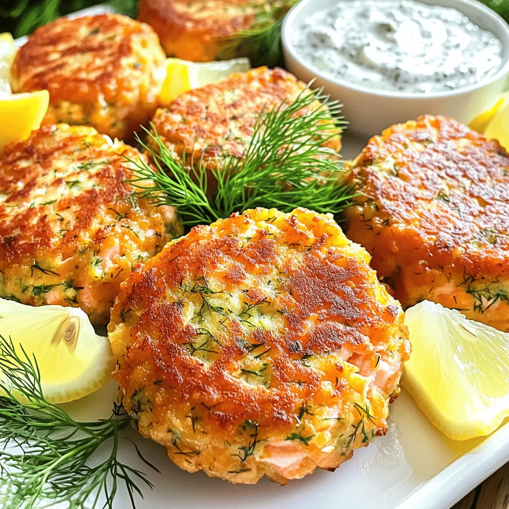 To make delicious Lemon Dill Salmon Cakes, you need the right ingredients. Here’s what you will need: - 2 cups cooked salmon, flaked - 1/2 cup panko breadcrumbs - 1/4 cup fresh dill, finely chopped - 1/4 cup green onions, finely chopped - 1/4 cup creamy mayonnaise - 1 tablespoon Dijon mustard - 1 tablespoon fresh lemon juice - 1 teaspoon lemon zest - 1 large egg, lightly beaten - 1/2 teaspoon garlic powder - Salt and pepper, to taste - Olive oil, for frying Using fresh ingredients makes a big difference in taste. Fresh dill adds a bright flavor, while lemon juice and zest bring out the salmon's richness. The panko breadcrumbs create a crisp outer layer, making each bite a delight. Check out the Full Recipe for exact steps to prepare these tasty salmon cakes. In a large bowl, combine your ingredients for the salmon mixture. Start with 2 cups of cooked salmon, flaked into small pieces. Add in 1/2 cup of panko breadcrumbs for a crunchy texture. Next, mix in 1/4 cup of fresh dill and 1/4 cup of finely chopped green onions. These herbs will give your cakes a bright flavor. Then, add 1/4 cup of creamy mayonnaise, 1 tablespoon of Dijon mustard, 1 tablespoon of fresh lemon juice, and 1 teaspoon of lemon zest. The lemon will add a fresh zing. Finally, sprinkle in 1/2 teaspoon of garlic powder, along with salt and pepper to taste. Mix gently to keep the salmon pieces intact. Now that your salmon mixture is ready, it’s time to shape the patties. Grab a handful of the mixture and form it into a patty. Aim for about 2-3 inches in diameter and 1/2 inch thick. This size ensures even cooking. You should be able to make around 8 to 10 patties. Keep your hands wet to prevent sticking. Lay the patties on a plate as you prepare to cook them. To cook the patties, heat a non-stick skillet over medium heat. Add enough olive oil to coat the bottom of the pan. Wait until the oil shimmers but does not smoke, then carefully place the patties in the skillet. Cook them in batches to avoid crowding. Fry each side for about 4 to 5 minutes. Look for a golden brown color to know they are done. Once cooked, use a slotted spatula to transfer the cakes to a plate lined with paper towels. This step helps drain off any extra oil. Serve the salmon cakes warm, with fresh dill and lemon wedges for extra flavor. For the full recipe, refer to the earlier section. To get soft patties, don't overmix the salmon mixture. When you combine the ingredients, do it gently. This keeps the salmon flaky and tender. If you mix too much, your patties can become tough and dry. How do you know when the oil is ready for frying? Look for a shimmering surface in the oil. This means it’s hot enough. You can also test it by dropping a small piece of the mixture in the oil. If it sizzles right away, you’re good to go. This helps the salmon cakes cook evenly and get that nice golden color. What are the best sides to serve with Lemon Dill Salmon Cakes? I love pairing them with a light salad, like arugula or mixed greens. A creamy tartar sauce also goes well. You can add lemon wedges for a fresh touch. These sides balance the flavors and make the meal feel complete. For a heartier option, consider roasted vegetables or quinoa. {{image_4}} You can add capers or feta to boost flavor. Capers bring a salty bite, while feta adds creaminess. Both options mix well with the lemon and dill. They create a Mediterranean twist that excites your palate. Try adding them next time for a fun change. If you’re gluten-free, use gluten-free breadcrumbs. Many brands offer tasty options that work well in this recipe. You can also use crushed rice crackers or almond flour. These substitutes keep the texture light and crispy, so you won't feel left out. You can bake or fry these salmon cakes. Baking is a healthier choice. Preheat your oven to 400°F (200°C) and place the patties on a lined baking sheet. Bake for about 15-20 minutes until golden. Frying gives a crispy crust and rich flavor. Choose the method that fits your diet and mood. Either way, you'll enjoy a delicious meal. For the full recipe, check out the detailed instructions. To keep your salmon cakes fresh, store them in the fridge. Place them in an airtight container. This helps to prevent them from drying out. They stay good for about 2 to 3 days. Always let them cool down before sealing them in the container. This keeps moisture inside, which can lead to sogginess. If you want to save salmon cakes for later, freezing is a great option. Start by letting them cool completely. Next, arrange them in a single layer on a baking sheet. Freeze them for about an hour. Once frozen, transfer the cakes to a freezer-safe bag. Make sure to squeeze out as much air as possible. They can last up to 2 months this way. When you're ready to eat, just pull them out and thaw in the fridge overnight. To reheat your salmon cakes, use a skillet for the best results. Heat a little olive oil over medium heat. Place the cakes in the skillet and cook for about 3 to 4 minutes per side. This keeps them crispy and warm. You can also use an oven at 350°F. Bake them for about 10-15 minutes. Both methods will keep the texture nice. Enjoy them warm for the best flavor! Yes, you can use canned salmon. Canned salmon saves time and is easy to find. It is also affordable and has a long shelf life. However, it often has a different texture than fresh salmon. You may also want to drain it well to reduce moisture. This can help you keep your salmon cakes from being too wet. Overall, canned salmon is a good option if you are in a hurry. Lemon Dill Salmon Cakes can last up to three days in the fridge. To store them, place the cakes in an airtight container. This helps keep them fresh and safe to eat. Make sure they cool down before sealing the container. If you want to keep them longer, you can freeze them for up to three months. You can serve these salmon cakes with many delicious sides. Here are some popular pairings: - A light green salad with a lemon vinaigrette - Creamy tartar sauce for dipping - Roasted vegetables for a healthy option - Rice or quinoa for a filling meal - A side of coleslaw for extra crunch These options will make your meal even more enjoyable. For more ideas, check the Full Recipe for serving suggestions. In this post, I covered how to make Lemon Dill Salmon Cakes from scratch. We discussed the key ingredients and included step-by-step instructions for easy preparation. I shared tips to ensure a great texture and storage info for leftovers. You can also explore variations like capers or baking the cakes. In conclusion, these salmon cakes are simple and fun to make. Enjoy them with your favorite sides for a tasty meal!