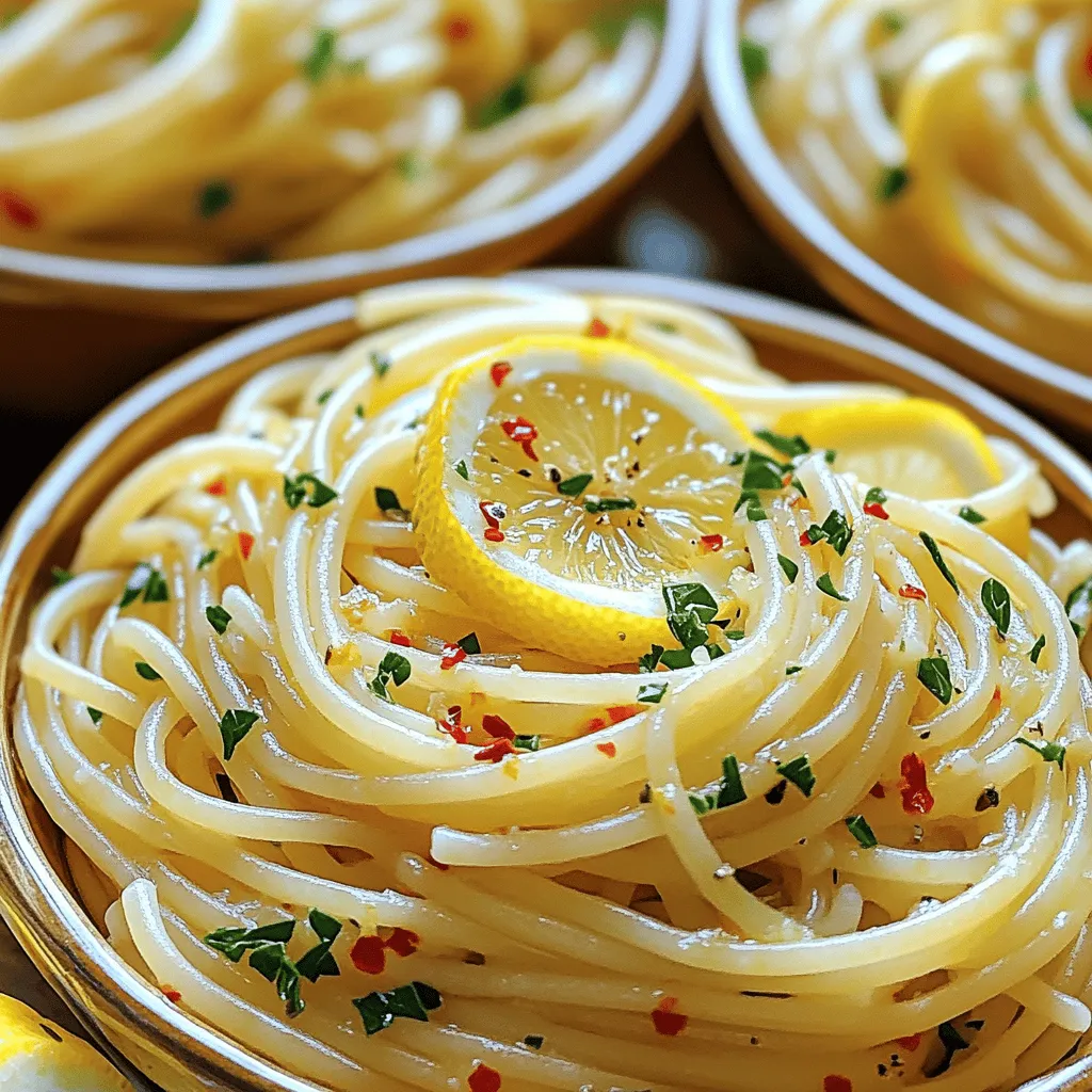 To make Spaghetti Aglio e Olio, you need simple ingredients. Each one adds unique flavor. Let’s look at what you need: - 400g spaghetti - 6 cloves garlic, thinly sliced - 1/2 teaspoon red pepper flakes - 1/2 cup extra virgin olive oil - Zest of 1 lemon - Juice of 1 lemon - Salt, to taste - Fresh parsley, finely chopped (for garnish) - Grated Parmesan cheese, optional, for serving These ingredients create a dish that is both simple and satisfying. Fresh garlic and olive oil give it a rich taste. The red pepper flakes add a nice kick. Lemon zest and juice brighten the flavors. Fresh parsley adds a pop of color and freshness when you serve. When you gather these ingredients, choose high-quality items. Good olive oil makes a big difference. Fresh garlic will enhance the dish’s taste. You can find these ingredients at any grocery store. For the full recipe, check out the link above. Happy cooking! - Boil the Pasta: In a large pot, bring salted water to a boil. Add 400g of spaghetti. Cook it for about 9-11 minutes until it is al dente. - Reserve Pasta Water: Before draining, save 1 cup of the pasta water. This water will help adjust the sauce later. - Heating the Olive Oil: While the pasta cooks, take a large skillet. Pour in 1/2 cup of extra virgin olive oil. Heat it on medium until it shimmers but does not smoke. - Sautéing the Garlic: Add 6 cloves of thinly sliced garlic to the skillet. Stir it often for 2-3 minutes until the garlic turns golden brown. Watch closely to avoid burning. - Adding Red Pepper Flakes and Lemon Zest: Stir in 1/2 teaspoon of red pepper flakes and the zest of 1 lemon. Cook for another minute to let the flavors mix well. - Tossing the Pasta with Garlic Oil: Add the drained spaghetti to the skillet. Toss it well to coat with the garlic oil. If it looks dry, add some reserved pasta water slowly until you like the sauce's thickness. For the full recipe, see the earlier section. - Avoiding Burnt Garlic Cooking garlic is key to this dish. Keep it on medium heat. Stir often. Look for a light golden color. If it turns dark, you must start over. Burnt garlic tastes bitter and ruins the dish. - Adjusting Sauce Consistency If your sauce is too dry, add reserved pasta water slowly. This adds flavor and moisture. Toss the spaghetti well after adding water. Aim for a light, silky sauce that coats each strand. - Presentation Tips To serve, use shallow bowls. This helps the dish look elegant. Drizzle a bit of extra olive oil on top. Garnish with lemon slices and parsley. It adds color and freshness to your plate. - Adding Extra Flavor with Cheese For more taste, sprinkle grated Parmesan cheese on top. The cheese melts slightly and adds richness. It pairs well with the garlic and lemon. Adjust the amount based on your taste preference. For the full recipe, check the Full Recipe section. Enjoy your cooking! {{image_4}} You can make Spaghetti Aglio e Olio spicy by adding more red pepper flakes. Start with a pinch and taste. If you want more heat, add a bit more. You can also use fresh chili peppers. Slice them and sauté them with the garlic for a fresh kick. This adds a nice bite without being overwhelming. You can easily add protein to your spaghetti dish. Shrimp works great with garlic and lemon. Just sauté the shrimp in the garlic oil before adding the pasta. Cook them until they turn pink. You can also add cooked chicken for a heartier meal. For vegetarian options, try adding chickpeas or white beans. They give a nice texture and protein boost. Herbs can bring new flavors to Spaghetti Aglio e Olio. Fresh basil adds a sweet touch. Tear it up and mix it in before serving. Oregano also works well, giving an earthy flavor. Another idea is to add greens like spinach. Toss it in when you combine the pasta and garlic oil. The heat will wilt the spinach nicely, adding color and nutrients. For more ideas, check out the Full Recipe for Spaghetti Aglio e Olio with a Lemon Twist. To store leftover Spaghetti Aglio e Olio, first let it cool to room temp. Then, place it in an airtight container. It will stay fresh in the fridge for about 3 days. If you want to keep it longer, consider freezing it instead. Just make sure to use a freezer-safe container. For the best taste, eat your leftovers within 3 days. After that, the flavors may fade. If frozen, consume within 3 months for best quality. To reheat your spaghetti, use a skillet or a microwave. If using a skillet, add a splash of water or olive oil. Heat it gently over low heat. This helps keep the pasta from drying out. Stir often to ensure even heating. When you reheat, taste and adjust seasoning as needed. You can also add a bit more lemon juice or fresh parsley for extra flavor. Enjoy your dish just as you did the first time! For the complete recipe, check out the Full Recipe section. Spaghetti Aglio e Olio is a classic dish from Italy. It comes from Naples, a city known for its rich food culture. The dish dates back to the early 20th century, when it became popular among the working class. It uses simple, cheap ingredients, making it easy to prepare. Garlic, olive oil, and pasta are the main stars. This dish shows how Italian cooking values quality over quantity. Yes, you can enjoy Spaghetti Aglio e Olio without gluten. Many brands offer gluten-free pasta made from rice or corn. These options cook similarly to regular pasta. Look for labels that say “gluten-free” for safety. Cook the gluten-free pasta just like you would regular spaghetti. The flavor and texture will still shine through. You can try many easy tricks to boost flavor. Here are some tips: - Add herbs: Fresh parsley or basil brings freshness. - Use lemon: A squeeze of lemon juice brightens the dish. - Top with cheese: Grated Parmesan adds a rich layer. - Include veggies: Toss in spinach or cherry tomatoes for color and nutrition. - Mix in protein: Shrimp or chicken can make it heartier. These small changes can make your Spaghetti Aglio e Olio unique and delicious. For the full recipe, check out the earlier section. Spaghetti Aglio e Olio is simple yet delicious. We covered key ingredients, easy steps, and helpful tips. You can add protein or spice to suit your taste. Storing and reheating the dish properly keeps it fresh. Now you can enjoy this classic meal any time. Experiment with flavors to make it your own. Happy cooking!