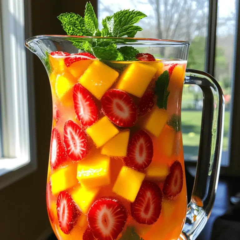 - 2 cups fresh strawberries, hulled and sliced - 1 ripe mango, peeled and diced - 4 cups cold water - 2 tablespoons freshly squeezed lime juice - 2-3 tablespoons honey or agave syrup - Fresh mint leaves for garnish - Ice cubes To make a great Strawberry Mango Agua Fresca, you need fresh ingredients. Start with ripe strawberries and a sweet mango. Fresh fruit is key for taste. Next, gather additional items. You will need cold water, lime juice, and honey or agave syrup. These add flavor and sweetness. I often use honey for its rich taste, but agave works too. Don’t forget mint leaves; they make your drink look pretty and taste fresh. Ice cubes are also a must for that chill factor. This simple list makes it easy to enjoy a refreshing summer drink. For the full recipe, check out the details above. Start with the fruits. First, hull and slice the strawberries. Next, peel and dice the mango. This is the fun part! Place the prepared fruits in a high-speed blender. Pour in 1 cup of cold water. Blend the fruits until you have a smooth mix. This step is key for a great texture. Now it’s time to strain the blended mix. Use a fine mesh sieve and place it over a large pitcher. Pour the mixture into the sieve. Use a spatula or spoon to press down. This helps the liquid pass through while leaving solids behind. You want a clear and smooth drink. Once strained, add the remaining 3 cups of cold water to the pitcher. Squeeze in the fresh lime juice. Now, sweeten it up! Add honey or agave syrup based on how sweet you like it. Mix well until everything is combined. Your Strawberry Mango Agua Fresca is ready to serve! - Use a high-speed blender for a smoother texture. - Adjust blending time based on your preferred consistency. Blend longer for a thinner drink. - Start with less sweetener; you can always add more to taste. This way, you control how sweet your drink gets. - Use fresh mint leaves for garnish and chilled glasses for serving. This adds color and freshness to your drink. {{image_4}} You can make your strawberry mango agua fresca even better. Try adding other fruits. Pineapple adds a tropical twist. Watermelon gives a refreshing flavor. Both fruits blend well with strawberries and mangoes. Herbs can also change the taste. Basil adds a sweet and spicy note. Cilantro brings a bright flavor. Just add a few leaves to your blender. Experiment with these options to find your favorite mix. If you want to cut down on sugar, use alternatives. Stevia is a great choice. It is sweet and low in calories. Maple syrup also works well. It adds a rich, earthy flavor. You can swap these for honey or agave syrup. Just adjust to your taste. Want to spice things up? Add a splash of alcohol. Rum or vodka can turn this drink into a fun cocktail. Just mix in a shot for each glass. This can make your summer gatherings even more exciting. For the full recipe of strawberry mango agua fresca, refer to the earlier section. You can store your Strawberry Mango Agua Fresca in an airtight container. It will stay fresh in the fridge for up to three days. Just remember to keep it sealed to maintain its flavor. If you want to enjoy your drink later, freeze it in ice cube trays. This way, you can use the cubes in smoothies or other refreshing summer beverages. It's a fun way to add flavor to your drinks. Agua Fresca can separate over time. This is normal, so give it a good stir before serving. It helps mix the flavors back together and makes the drink look appealing again. Yes, you can make Strawberry Mango Agua Fresca ahead of time. Just store it in a pitcher or jar. Keep it in the fridge to stay cool. I like to make it a few hours before a party. It tastes fresh and delicious! Agua Fresca is a traditional Mexican drink. It’s made with fruits, water, and sugar. You can enjoy it on hot days. The fruit gives it a sweet and fruity flavor. It’s light and refreshing, perfect for any meal. You can sweeten your Agua Fresca with honey or agave. Start with a little and taste it. If you want it sweeter, just add more. You can also try other sweeteners if you like. Adjust the sweetness to your taste for the best drink experience. This blog post covered how to make a refreshing Strawberry Mango Agua Fresca. We looked at the fresh ingredients, preparation steps, and tips for blending. You learned about variations and how to store your drink. Finally, I shared answers to common questions. I hope you feel ready to try this easy recipe. Enjoy this tasty treat on a hot day!