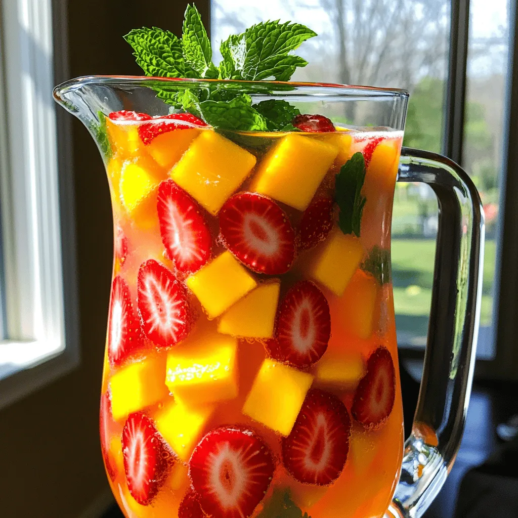 - 2 cups fresh strawberries, hulled and sliced - 1 ripe mango, peeled and diced - 4 cups cold water - 2 tablespoons freshly squeezed lime juice - 2-3 tablespoons honey or agave syrup - Fresh mint leaves for garnish - Ice cubes To make a great Strawberry Mango Agua Fresca, you need fresh ingredients. Start with ripe strawberries and a sweet mango. Fresh fruit is key for taste. Next, gather additional items. You will need cold water, lime juice, and honey or agave syrup. These add flavor and sweetness. I often use honey for its rich taste, but agave works too. Don’t forget mint leaves; they make your drink look pretty and taste fresh. Ice cubes are also a must for that chill factor. This simple list makes it easy to enjoy a refreshing summer drink. For the full recipe, check out the details above. Start with the fruits. First, hull and slice the strawberries. Next, peel and dice the mango. This is the fun part! Place the prepared fruits in a high-speed blender. Pour in 1 cup of cold water. Blend the fruits until you have a smooth mix. This step is key for a great texture. Now it’s time to strain the blended mix. Use a fine mesh sieve and place it over a large pitcher. Pour the mixture into the sieve. Use a spatula or spoon to press down. This helps the liquid pass through while leaving solids behind. You want a clear and smooth drink. Once strained, add the remaining 3 cups of cold water to the pitcher. Squeeze in the fresh lime juice. Now, sweeten it up! Add honey or agave syrup based on how sweet you like it. Mix well until everything is combined. Your Strawberry Mango Agua Fresca is ready to serve! - Use a high-speed blender for a smoother texture. - Adjust blending time based on your preferred consistency. Blend longer for a thinner drink. - Start with less sweetener; you can always add more to taste. This way, you control how sweet your drink gets. - Use fresh mint leaves for garnish and chilled glasses for serving. This adds color and freshness to your drink. {{image_4}} You can make your strawberry mango agua fresca even better. Try adding other fruits. Pineapple adds a tropical twist. Watermelon gives a refreshing flavor. Both fruits blend well with strawberries and mangoes. Herbs can also change the taste. Basil adds a sweet and spicy note. Cilantro brings a bright flavor. Just add a few leaves to your blender. Experiment with these options to find your favorite mix. If you want to cut down on sugar, use alternatives. Stevia is a great choice. It is sweet and low in calories. Maple syrup also works well. It adds a rich, earthy flavor. You can swap these for honey or agave syrup. Just adjust to your taste. Want to spice things up? Add a splash of alcohol. Rum or vodka can turn this drink into a fun cocktail. Just mix in a shot for each glass. This can make your summer gatherings even more exciting. For the full recipe of strawberry mango agua fresca, refer to the earlier section. You can store your Strawberry Mango Agua Fresca in an airtight container. It will stay fresh in the fridge for up to three days. Just remember to keep it sealed to maintain its flavor. If you want to enjoy your drink later, freeze it in ice cube trays. This way, you can use the cubes in smoothies or other refreshing summer beverages. It's a fun way to add flavor to your drinks. Agua Fresca can separate over time. This is normal, so give it a good stir before serving. It helps mix the flavors back together and makes the drink look appealing again. Yes, you can make Strawberry Mango Agua Fresca ahead of time. Just store it in a pitcher or jar. Keep it in the fridge to stay cool. I like to make it a few hours before a party. It tastes fresh and delicious! Agua Fresca is a traditional Mexican drink. It’s made with fruits, water, and sugar. You can enjoy it on hot days. The fruit gives it a sweet and fruity flavor. It’s light and refreshing, perfect for any meal. You can sweeten your Agua Fresca with honey or agave. Start with a little and taste it. If you want it sweeter, just add more. You can also try other sweeteners if you like. Adjust the sweetness to your taste for the best drink experience. This blog post covered how to make a refreshing Strawberry Mango Agua Fresca. We looked at the fresh ingredients, preparation steps, and tips for blending. You learned about variations and how to store your drink. Finally, I shared answers to common questions. I hope you feel ready to try this easy recipe. Enjoy this tasty treat on a hot day!