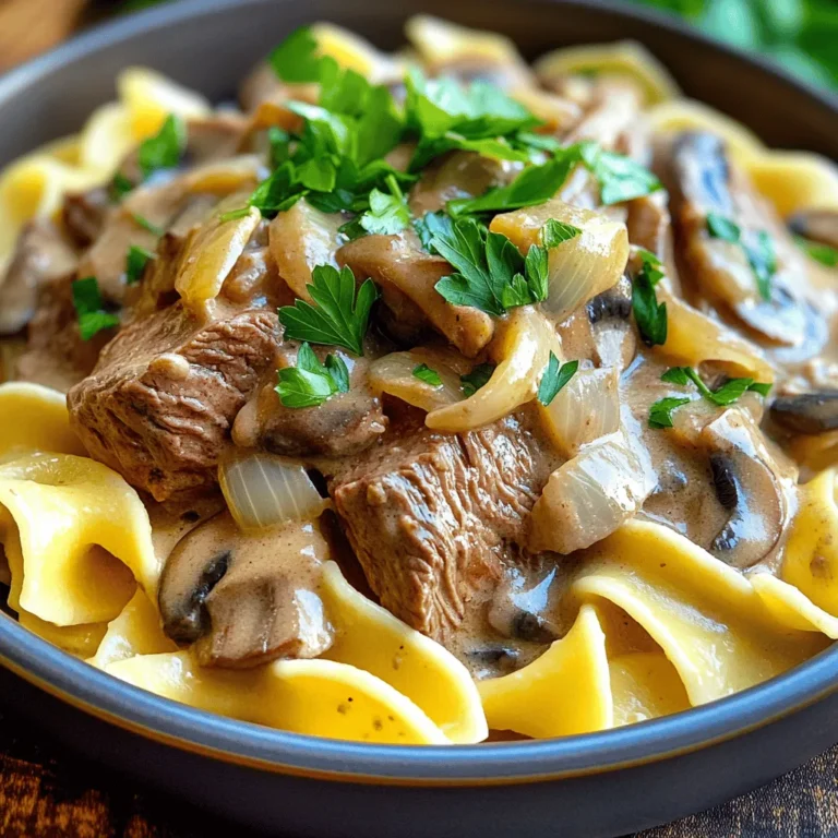 - 1 lb beef sirloin, thinly sliced against the grain - 1 medium onion, finely chopped - 2 cloves garlic, minced - 8 oz mushrooms, sliced (cremini or button) - 1 cup beef broth (preferably low-sodium) - 1 cup sour cream (or Greek yogurt for a lighter option) - 2 tablespoons all-purpose flour - 2 tablespoons olive oil - 1 teaspoon Dijon mustard - Salt and freshly ground black pepper to taste - 12 oz egg noodles (or your favorite pasta) The beef sirloin is the star of the dish. It should be tender and flavorful. Use fresh onions and garlic to build a tasty base. The mushrooms add a nice earthiness. A good beef broth gives depth to the sauce. The sour cream adds creaminess and tang. If you want a lighter dish, Greek yogurt works well too. - Greek yogurt instead of sour cream - Alternative pasta types If you do not have sour cream, Greek yogurt is a great swap. It gives a similar creamy texture while being a bit healthier. You can also try different pasta types, like fettuccine or penne, based on your preference. - 1 teaspoon Dijon mustard - Salt and freshly ground black pepper - Fresh parsley, finely chopped for garnish Dijon mustard adds a subtle kick and depth of flavor. Salt and pepper are key for bringing out the taste in all the ingredients. A sprinkle of fresh parsley on top makes the dish look bright and fresh. It is a simple way to enhance the visual appeal. - Start by boiling salted water in a large pot. - Once boiling, add 12 oz of egg noodles. - Cook them until al dente, following package instructions. - When ready, drain the noodles and set them aside. - Toss the noodles with a drop of olive oil to keep them from sticking. - Heat 2 tablespoons of olive oil in a large skillet over medium-high heat. - Add 1 lb of thinly sliced beef sirloin to the hot pan. - Season the beef with salt and freshly ground black pepper. - Cook for about 3 to 4 minutes until the beef is browned. - Use a slotted spoon to remove the beef and place it on a plate. - In the same skillet, add the remaining olive oil. - Once hot, stir in 1 medium chopped onion and 2 minced garlic cloves. - Sauté for 2 to 3 minutes until the onion is soft and clear. - Next, add 8 oz of sliced mushrooms, cooking for another 4 to 5 minutes. - When the mushrooms are golden, sprinkle 2 tablespoons of flour over the mix. - Slowly pour in 1 cup of beef broth, whisking constantly. - Keep stirring until the mixture thickens, about 3 to 4 minutes. - Lower the heat to medium-low, then stir in 1 cup of sour cream. - Add 1 teaspoon of Dijon mustard for extra flavor. - Return the beef to the skillet, mixing well in the sauce. - Warm it through for 2 to 3 minutes without boiling. - Taste and adjust the seasoning as needed. - For plating, place a generous portion of noodles on each plate. - Ladle the creamy beef stroganoff over the noodles. - Finish by garnishing with finely chopped fresh parsley. - This adds a pop of color and freshness to your dish. For the full recipe, check out the [Full Recipe]. Enjoy this comforting meal! To make a smooth sauce, avoid lumps. When you add flour, stir it well before adding beef broth. This will help mix everything perfectly. Keep the heat low. You want to see gentle bubbles, not a rolling boil. A simmer will thicken your sauce without breaking it down. Slice your beef against the grain. This makes it tender and easy to chew. If you cut with the grain, the beef will be tough. Pay attention to the mushrooms too. Cook them until they are golden brown. This brings out their flavor and gives a nice texture. About 4-5 minutes should do the trick. Serve your beef stroganoff in shallow bowls. This allows the sauce to spread out and look rich. Add a sprinkle of fresh parsley on top for color. A bit of greenery makes the dish pop. It also adds a fresh taste to each bite. {{image_4}} You can make a tasty vegetarian beef stroganoff. Simply swap the beef for mushrooms or tofu. Mushrooms give a great, meaty flavor. Tofu adds protein and absorbs the sauce well. For a creamy mushroom stroganoff, follow these steps: - Use 16 oz of sliced mushrooms instead of beef. - Cook the mushrooms until they are soft and browned. - Add 1 cup of vegetable broth instead of beef broth. - Stir in the same sour cream for creaminess. If you want a lighter option, try using chicken or turkey. Both cook quickly and taste great in stroganoff. Use diced chicken breast or turkey breast instead of beef. Adjust the cooking time to about 5-7 minutes. Ensure the chicken or turkey is cooked through before adding the sauce. To elevate the flavor, consider adding Worcestershire sauce or a splash of red wine. These ingredients add depth and richness. You can also include fresh herbs like thyme or rosemary. They bring a nice aroma and complement the creamy sauce. A teaspoon of Worcestershire sauce or a ¼ cup of red wine can make a big difference. After enjoying your beef stroganoff, you may have some leftovers. Store them in an airtight container. Refrigerate the stroganoff within two hours of cooking. It will stay fresh for about three to four days. When you reheat, warm it gently over low heat. This keeps the sauce creamy. Stir often to avoid burning. You can also use a microwave. Heat it in short bursts, stirring in between. This method helps the dish heat evenly. If you want to keep beef stroganoff longer, freezing is a great option. To freeze, let the dish cool completely. Then, transfer it to a freezer-safe container. Leave some space at the top for expansion. Seal it tightly to prevent freezer burn. For thawing, the best method is overnight in the fridge. This keeps the flavor and texture nice. If you need it fast, you can use the microwave. Set it to defrost and check every few minutes. After thawing, reheat as I mentioned before, ensuring it warms evenly. You can find the full recipe for this comforting dish above. Enjoy every bite! You can enjoy Classic Beef Stroganoff with several tasty sides. Here are some great options: - Steamed green beans - Roasted broccoli - Mashed potatoes - A fresh garden salad - Garlic bread Each side adds a nice touch. Steamed veggies give color and crunch. Mashed potatoes soak up the sauce well. A salad offers a refreshing contrast. Classic Beef Stroganoff lasts about 3 to 4 days in the fridge. Store it in an airtight container. Always cool the dish before sealing it up. Check for any signs of spoilage before eating. If it smells off or looks strange, throw it away. Yes, you can prepare parts of Classic Beef Stroganoff ahead of time. Cook the beef and sauce, then store them separately from the noodles. When you’re ready to eat, heat the beef and sauce. Cook the noodles fresh for best results. This way, you keep everything tasty and warm. Classic Beef Stroganoff is not gluten-free due to the flour in the sauce. You can make it gluten-free by using cornstarch or gluten-free flour. Be sure to check that your beef broth and noodles are also gluten-free. This way, everyone can enjoy this delicious meal. For the full recipe, check my earlier section. You learned about the key ingredients for Classic Beef Stroganoff, including beef sirloin and egg noodles. We discussed how to cook the noodles, sauté the beef, and prepare a rich sauce. You also saw tips for perfecting the dish and its various options for customization, like vegetarian alternatives. In summary, you can make a delicious meal everyone will enjoy. Remember, cooking is about creativity. Feel free to experiment with flavors and ingredients until it’s just right for you. Enjoy your cooking journey!