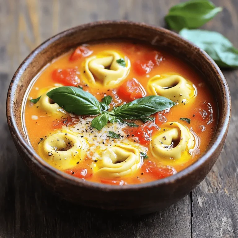 - 1 tablespoon olive oil - 1 medium onion, finely diced - 2 garlic cloves, minced - 1 can (28 oz) crushed tomatoes - 4 cups vegetable broth - 1 teaspoon dried oregano - 1 teaspoon dried basil - Salt and freshly ground pepper to taste - 9 oz fresh cheese tortellini - 1 cup heavy cream (or coconut milk for a dairy-free option) - Fresh basil leaves for garnish - Grated Parmesan cheese for serving To create this creamy tomato tortellini soup, you need a mix of fresh and pantry staples. The olive oil and aromatics like onion and garlic build a great base. The crushed tomatoes and vegetable broth form the heart of the soup. The fresh tortellini adds texture, while cream gives it a rich, velvety finish. Don't forget the toppings like fresh basil and Parmesan cheese, which enhance flavor and presentation. Using fresh ingredients makes a big difference in flavor. Fresh tomatoes can brighten the soup, but canned tomatoes work well too. Look for high-quality crushed tomatoes. They should have a rich taste and a vibrant color. The tortellini should be fresh, not frozen, for the best texture. Quality makes your soup taste gourmet, even if you’re just cooking at home. Each serving of this creamy tomato tortellini soup has about 400 calories. You get a good balance of nutrients too. The tomatoes provide vitamins C and A. The tortellini adds protein and carbohydrates for energy. Heavy cream gives you fats, which help you feel full. If you choose coconut milk, you still get creaminess, but with fewer calories. Start by heating the olive oil in a large pot over medium heat. When the oil is hot, add the diced onion. Sauté the onion for about 5 minutes. You want it to be soft and clear. Next, add the minced garlic and stir for 1 minute. The garlic should smell great. Now, pour in the crushed tomatoes and vegetable broth. Stir in the dried oregano and basil. Add salt and pepper to taste. Bring this mix to a gentle simmer. Letting the flavors blend is the key to a rich soup. Once the soup simmers, it’s time to add the fresh cheese tortellini. Follow the cooking time on the package, usually 3 to 5 minutes. Keep an eye on them; they are done when they float to the surface. This means they are tender and ready for the next step. Lower the heat and add the heavy cream. Stir well to combine everything. Let the soup warm for another 2 to 3 minutes. Don’t let it boil, or the cream might separate. Taste the soup and adjust the seasonings as needed. Now, serve the soup hot in bowls. Garnish each bowl with fresh basil leaves and a sprinkle of grated Parmesan cheese. For a special touch, drizzle a bit of olive oil on top. For the full recipe, check the detailed instructions provided. Enjoy this cozy delight! To make your soup extra creamy, try using coconut milk. It adds a rich flavor and is dairy-free. If you prefer traditional cream, heavy cream works perfectly. For a velvety texture, stir in the cream slowly. This helps it blend smoothly into the soup. You can also use a blender for a super-smooth finish if you like. Herbs and spices can take your soup to the next level. I recommend adding fresh basil or a pinch of red pepper flakes. These give your soup a nice kick. For extra protein, consider adding cooked chicken or beans. Fresh spinach or kale can also add a healthy touch. Toss them in during the last few minutes of cooking. Serving your soup well makes it more inviting. Use rustic bowls to give your meal a cozy feel. A light drizzle of olive oil on top adds a nice shine. Finish with a fresh basil leaf for a pop of color. Pair the soup with crusty bread or a light salad for a complete meal. This makes your table look great and adds more flavors. {{image_4}} You can easily adapt this creamy tomato tortellini soup to fit different diets. For a dairy-free or vegan option, substitute the heavy cream with coconut milk. This brings a creamy texture while keeping it plant-based. You can also use vegan tortellini made from cashew or almond cheese. For those needing gluten-free options, look for gluten-free tortellini. Many brands offer tasty alternatives using rice or corn flour. Want to change up the taste? Add some pesto to give the soup a fresh, herby kick. You can also spice it up! Just sprinkle in some chili flakes for a bit of heat. If you love robust flavors, try adding a splash of balsamic vinegar. This will deepen the flavor and add a hint of sweetness. Adjust the ingredients based on what’s in season. In the summer, add fresh tomatoes instead of canned ones. You can also include zucchini or spinach for added nutrition. If you have leftovers, get creative! Blend the soup into a sauce for pasta or use it as a base for a casserole. This soup is flexible and can fit your pantry or fridge needs. For the full recipe, check out the detailed instructions above! To keep your creamy tomato tortellini soup fresh, store it in the fridge. Let it cool first. Then, use airtight containers for storage. This helps keep flavors intact and prevents spills. It's best to eat leftovers within three to four days for the best taste. You can reheat the soup in two ways: the microwave or stovetop. For the microwave, use a microwave-safe bowl. Heat it in short bursts, stirring between each burst. This helps it warm evenly. For stovetop, pour the soup into a pot. Heat it over low to medium heat, stirring often. Both methods work, but the stovetop keeps the creamy texture better. If you want to save some soup for later, freezing is a great option. First, cool the soup completely. Then, pour it into freezer-safe containers. Leave some space at the top, as liquids expand when frozen. You can store the soup in the freezer for up to three months. When you're ready to eat, thaw it in the fridge overnight and reheat as usual. To thicken this soup, you have a few great options: - Cornstarch or flour: Mix one tablespoon with cold water and stir in. - Cream cheese: Add a few ounces for a rich texture. - Mashed potatoes: Blend in some leftover mashed potatoes for a comforting touch. - Pureed vegetables: Blend a portion of the soup and mix it back in. These methods will help create a heartier soup that is still creamy and delicious. Yes! Frozen tortellini works perfectly in this recipe. Just add it directly to the soup. - Cooking time: Increase the cooking time by two to three minutes. - Taste check: Make sure to taste as you go. Frozen pasta may need a bit more time to cook. This makes the soup easy to prepare, even on busy days. This soup pairs well with several side dishes: - Crusty bread: Perfect for dipping. - Side salad: A fresh green salad adds crunch. - Grilled cheese: Classic comfort food that complements the soup. These options enhance your meal and make it even more satisfying. For the Full Recipe, check the earlier sections. You have learned about making creamy tomato tortellini soup, from the essential ingredients to cooking steps. I covered tips for enhancing flavor and texture, plus seasonal variations for your meals. Remember, using fresh, high-quality ingredients will make a big difference. Explore different toppings and sides to elevate your soup. Enjoy experimenting with this recipe and find what you love best. Cozy up with a warm bowl, and share it with friends or family. Happy cooking!