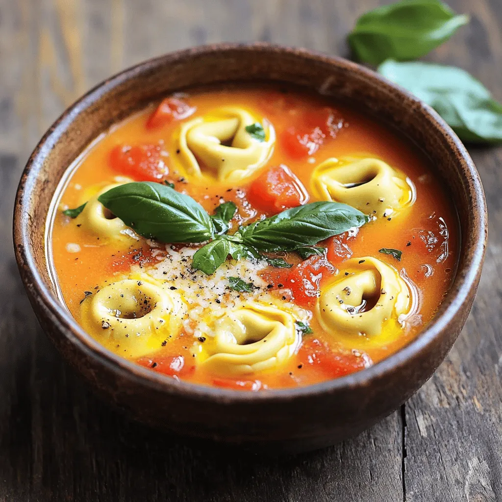 - 1 tablespoon olive oil - 1 medium onion, finely diced - 2 garlic cloves, minced - 1 can (28 oz) crushed tomatoes - 4 cups vegetable broth - 1 teaspoon dried oregano - 1 teaspoon dried basil - Salt and freshly ground pepper to taste - 9 oz fresh cheese tortellini - 1 cup heavy cream (or coconut milk for a dairy-free option) - Fresh basil leaves for garnish - Grated Parmesan cheese for serving To create this creamy tomato tortellini soup, you need a mix of fresh and pantry staples. The olive oil and aromatics like onion and garlic build a great base. The crushed tomatoes and vegetable broth form the heart of the soup. The fresh tortellini adds texture, while cream gives it a rich, velvety finish. Don't forget the toppings like fresh basil and Parmesan cheese, which enhance flavor and presentation. Using fresh ingredients makes a big difference in flavor. Fresh tomatoes can brighten the soup, but canned tomatoes work well too. Look for high-quality crushed tomatoes. They should have a rich taste and a vibrant color. The tortellini should be fresh, not frozen, for the best texture. Quality makes your soup taste gourmet, even if you’re just cooking at home. Each serving of this creamy tomato tortellini soup has about 400 calories. You get a good balance of nutrients too. The tomatoes provide vitamins C and A. The tortellini adds protein and carbohydrates for energy. Heavy cream gives you fats, which help you feel full. If you choose coconut milk, you still get creaminess, but with fewer calories. Start by heating the olive oil in a large pot over medium heat. When the oil is hot, add the diced onion. Sauté the onion for about 5 minutes. You want it to be soft and clear. Next, add the minced garlic and stir for 1 minute. The garlic should smell great. Now, pour in the crushed tomatoes and vegetable broth. Stir in the dried oregano and basil. Add salt and pepper to taste. Bring this mix to a gentle simmer. Letting the flavors blend is the key to a rich soup. Once the soup simmers, it’s time to add the fresh cheese tortellini. Follow the cooking time on the package, usually 3 to 5 minutes. Keep an eye on them; they are done when they float to the surface. This means they are tender and ready for the next step. Lower the heat and add the heavy cream. Stir well to combine everything. Let the soup warm for another 2 to 3 minutes. Don’t let it boil, or the cream might separate. Taste the soup and adjust the seasonings as needed. Now, serve the soup hot in bowls. Garnish each bowl with fresh basil leaves and a sprinkle of grated Parmesan cheese. For a special touch, drizzle a bit of olive oil on top. For the full recipe, check the detailed instructions provided. Enjoy this cozy delight! To make your soup extra creamy, try using coconut milk. It adds a rich flavor and is dairy-free. If you prefer traditional cream, heavy cream works perfectly. For a velvety texture, stir in the cream slowly. This helps it blend smoothly into the soup. You can also use a blender for a super-smooth finish if you like. Herbs and spices can take your soup to the next level. I recommend adding fresh basil or a pinch of red pepper flakes. These give your soup a nice kick. For extra protein, consider adding cooked chicken or beans. Fresh spinach or kale can also add a healthy touch. Toss them in during the last few minutes of cooking. Serving your soup well makes it more inviting. Use rustic bowls to give your meal a cozy feel. A light drizzle of olive oil on top adds a nice shine. Finish with a fresh basil leaf for a pop of color. Pair the soup with crusty bread or a light salad for a complete meal. This makes your table look great and adds more flavors. {{image_4}} You can easily adapt this creamy tomato tortellini soup to fit different diets. For a dairy-free or vegan option, substitute the heavy cream with coconut milk. This brings a creamy texture while keeping it plant-based. You can also use vegan tortellini made from cashew or almond cheese. For those needing gluten-free options, look for gluten-free tortellini. Many brands offer tasty alternatives using rice or corn flour. Want to change up the taste? Add some pesto to give the soup a fresh, herby kick. You can also spice it up! Just sprinkle in some chili flakes for a bit of heat. If you love robust flavors, try adding a splash of balsamic vinegar. This will deepen the flavor and add a hint of sweetness. Adjust the ingredients based on what’s in season. In the summer, add fresh tomatoes instead of canned ones. You can also include zucchini or spinach for added nutrition. If you have leftovers, get creative! Blend the soup into a sauce for pasta or use it as a base for a casserole. This soup is flexible and can fit your pantry or fridge needs. For the full recipe, check out the detailed instructions above! To keep your creamy tomato tortellini soup fresh, store it in the fridge. Let it cool first. Then, use airtight containers for storage. This helps keep flavors intact and prevents spills. It's best to eat leftovers within three to four days for the best taste. You can reheat the soup in two ways: the microwave or stovetop. For the microwave, use a microwave-safe bowl. Heat it in short bursts, stirring between each burst. This helps it warm evenly. For stovetop, pour the soup into a pot. Heat it over low to medium heat, stirring often. Both methods work, but the stovetop keeps the creamy texture better. If you want to save some soup for later, freezing is a great option. First, cool the soup completely. Then, pour it into freezer-safe containers. Leave some space at the top, as liquids expand when frozen. You can store the soup in the freezer for up to three months. When you're ready to eat, thaw it in the fridge overnight and reheat as usual. To thicken this soup, you have a few great options: - Cornstarch or flour: Mix one tablespoon with cold water and stir in. - Cream cheese: Add a few ounces for a rich texture. - Mashed potatoes: Blend in some leftover mashed potatoes for a comforting touch. - Pureed vegetables: Blend a portion of the soup and mix it back in. These methods will help create a heartier soup that is still creamy and delicious. Yes! Frozen tortellini works perfectly in this recipe. Just add it directly to the soup. - Cooking time: Increase the cooking time by two to three minutes. - Taste check: Make sure to taste as you go. Frozen pasta may need a bit more time to cook. This makes the soup easy to prepare, even on busy days. This soup pairs well with several side dishes: - Crusty bread: Perfect for dipping. - Side salad: A fresh green salad adds crunch. - Grilled cheese: Classic comfort food that complements the soup. These options enhance your meal and make it even more satisfying. For the Full Recipe, check the earlier sections. You have learned about making creamy tomato tortellini soup, from the essential ingredients to cooking steps. I covered tips for enhancing flavor and texture, plus seasonal variations for your meals. Remember, using fresh, high-quality ingredients will make a big difference. Explore different toppings and sides to elevate your soup. Enjoy experimenting with this recipe and find what you love best. Cozy up with a warm bowl, and share it with friends or family. Happy cooking!