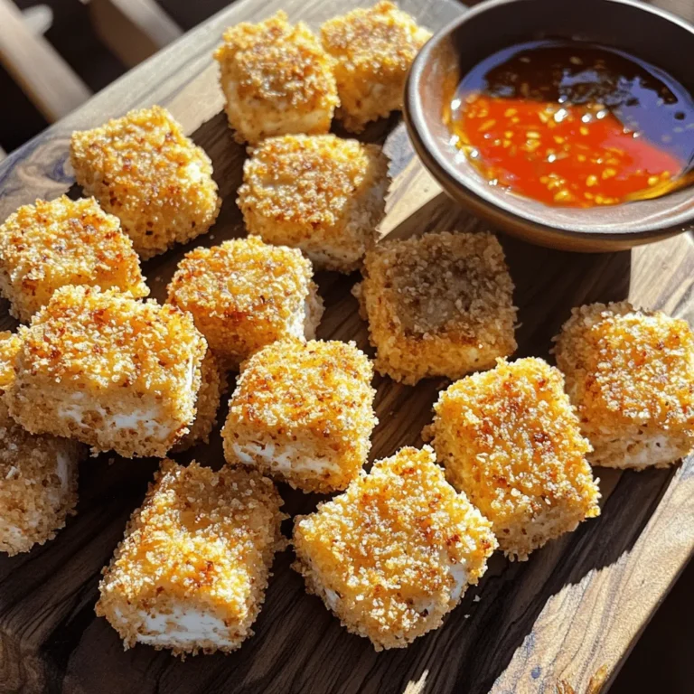 To make baked crispy tofu nuggets, gather these main ingredients: - 1 block (14 oz) firm tofu, thoroughly pressed and cut into bite-sized cubes - 1 cup panko breadcrumbs - 1/2 cup all-purpose flour - 1/2 cup unsweetened plant milk (choices include almond, soy, or oat) - 2 tablespoons nutritional yeast - 1 teaspoon garlic powder - 1 teaspoon onion powder - 1 teaspoon smoked paprika - Salt and pepper to taste - 2 tablespoons olive oil (for drizzling) These ingredients create a crunchy and tasty bite. The tofu serves as the main protein source. Panko breadcrumbs give a crispy texture. Nutritional yeast adds a cheesy flavor without dairy. You can pair your tofu nuggets with fun dipping sauces. Here are some great options: - Sweet chili sauce - BBQ sauce - Ranch dressing Choosing a sauce can make the meal more exciting. You can switch up flavors and match your mood. Baked crispy tofu nuggets are not only delicious but also healthy. Here's why: - Tofu provides protein and is low in calories. - Nutritional yeast is high in B vitamins. - Panko breadcrumbs are a lighter choice than regular breadcrumbs. These nuggets offer a good balance of nutrients. They are a smart snack for both kids and adults. Enjoy them without guilt while adding flavor and crunch to your day! For the full recipe, check out the detailed instructions. Start with firm tofu. Press it to remove excess water. Wrap the tofu in a clean towel. Place a heavy object on top, like a pan, for about 15 minutes. After pressing, cut the tofu into bite-sized cubes. This helps the tofu absorb flavors better. You will need three bowls for coating. In the first bowl, add all-purpose flour, salt, and pepper. Mix well. In the second bowl, pour in the plant milk. This will help the coating stick. In the third bowl, mix panko breadcrumbs with nutritional yeast, garlic powder, onion powder, and smoked paprika. Mix until everything is even. Now, take one tofu cube. First, dredge it in the flour. Shake off any extra flour. Next, dip it into the plant milk. Let any excess milk drip off. Finally, roll it in the panko mix. Press gently to coat it well. Repeat this for all cubes. Preheat your oven to 400°F (200°C). Line a baking sheet with parchment paper to prevent sticking. Place the coated tofu nuggets on the sheet. Make sure they are spread out. Drizzle olive oil over the nuggets for crispiness. Bake for 25-30 minutes. Flip them halfway through to get golden brown on both sides. When done, let them cool for a few minutes. Now, enjoy your baked crispy tofu nuggets with your favorite dipping sauce! For the full recipe, check out the details above. To make your baked crispy tofu nuggets extra crunchy, follow these steps: - Use firm tofu. It holds its shape well and crisps up nicely. - Press the tofu well. Remove as much water as possible to help it crisp. - Coat the tofu with olive oil. This adds flavor and aids in browning. - Spread the nuggets out on the baking sheet. Avoid overcrowding to ensure even cooking. - Flip them halfway through baking. This helps both sides get crispy and golden. To boost the flavor of your tofu nuggets, try these tips: - Add spices to the flour mix. Chili powder or cumin can give a kick. - Use flavored plant milk. This can add depth to the taste. - Mix in herbs. Fresh or dried herbs like thyme or basil can elevate the dish. - Experiment with dipping sauces. Try spicy mayo or zesty lemon aioli for extra zing. Here are some common mistakes when making crispy tofu nuggets: - Not pressing the tofu enough. This can lead to soggy nuggets. - Skipping the oil. Without it, the nuggets may not brown properly. - Not seasoning adequately. A pinch of salt and pepper makes a big difference. - Overcrowding the baking sheet. This can result in steaming instead of baking. Follow these tips to ensure your baked crispy tofu nuggets turn out perfect every time. For the full recipe, check out the detailed steps above. {{image_4}} You can easily make baked crispy tofu nuggets gluten-free. Just swap out the all-purpose flour and panko breadcrumbs for gluten-free versions. Use gluten-free flour like almond or rice flour. For the breadcrumbs, try gluten-free panko or crushed rice cereal. This way, everyone can enjoy a crispy snack without worry. Want to spice things up? You can create different flavors! For an Asian-inspired twist, add soy sauce or sesame oil to your plant milk. Then, mix in sesame seeds or ginger powder with the breadcrumb coating. For a spicy kick, add cayenne pepper or chili flakes to the seasoning mix. These small changes can take your nuggets to a whole new level! You can also try cooking methods beyond baking. An air fryer is a great choice for crispy nuggets. It uses hot air to cook and crisp the tofu. Preheat your air fryer to 375°F (190°C). Arrange the nuggets in a single layer and cook for about 15-20 minutes. Shake the basket halfway through for even cooking. This method can save time and give you an even crispier result. For the full recipe, check out the Baked Crispy Tofu Nuggets section above. To store your leftover baked crispy tofu nuggets, let them cool completely. Place them in an airtight container. Keep them in the fridge for up to three days. Make sure to separate layers with parchment paper to avoid sticking. Keeping them covered helps retain their flavor and moisture. When reheating, use the oven for the best texture. Preheat your oven to 350°F (175°C). Arrange the nuggets on a baking sheet in a single layer. Bake for about 10-15 minutes until they are hot and crispy again. Avoid the microwave, as it can make them soggy. You can freeze these nuggets for longer storage. Allow them to cool completely, then place them in a freezer-safe bag. Remove as much air as possible to prevent freezer burn. They can last for up to two months. To cook from frozen, bake directly from the freezer at 400°F (200°C) for about 30-35 minutes. Enjoy your Baked Crispy Tofu Nuggets anytime! For the full recipe, check out the earlier section. Baked tofu nuggets last about 3 to 5 days in the fridge. Store them in an airtight container. This keeps them fresh and tasty. If you want to enjoy them longer, consider freezing. Yes, you can make these nuggets ahead of time. Prepare the tofu nuggets and store them in the fridge. Cook them within 24 hours for the best taste and texture. You can also freeze them before baking. Just remember to thaw them in the fridge overnight before cooking. You can serve baked crispy tofu nuggets with many tasty sides. Here are some ideas: - Fresh veggie sticks like carrots or cucumbers - A vibrant salad with mixed greens - Your favorite dipping sauces like BBQ or sweet chili - Rice or quinoa for a filling meal Feel free to mix and match to create your perfect plate! Baked crispy tofu nuggets offer a tasty, healthy snack or meal. We explored the ingredients, preparation, and tips for the best texture. I shared storage and reheating tips to keep leftovers fresh. Feel free to experiment with flavors and cooking methods to suit your taste. This dish is not just good for you; it’s fun to make! Enjoy the crunch and flavor of these nuggets, whether as a main dish or a tasty side.