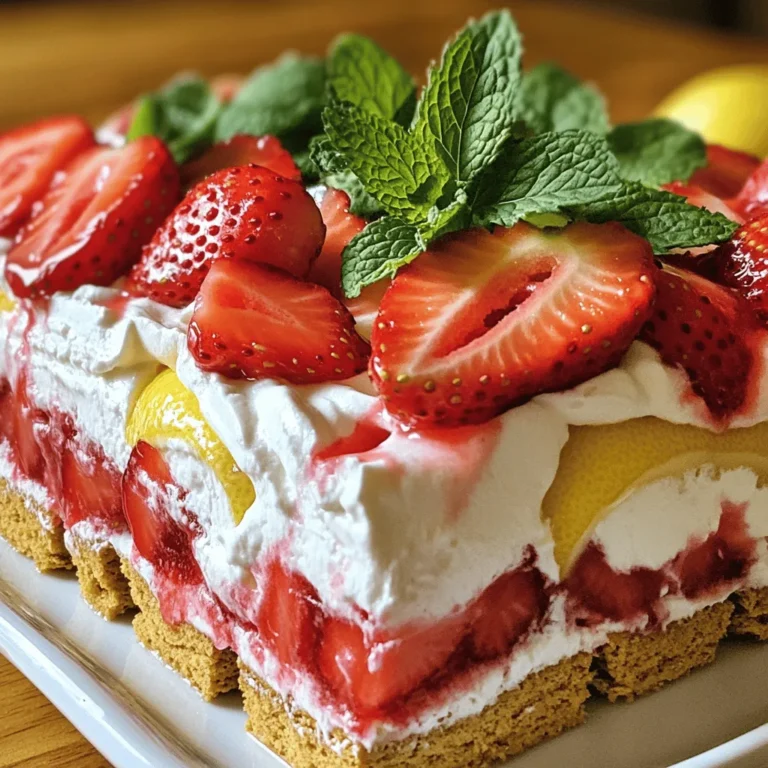- 2 cups fresh strawberries, hulled and sliced - 1 cup heavy whipping cream - 8 ounces cream cheese, softened to room temperature - 1 cup powdered sugar, divided These main ingredients create a rich and creamy base for your cake. The fresh strawberries add a burst of flavor that balances well with the creamy filling. Heavy cream gives the dessert a light and fluffy texture. - 1 teaspoon pure vanilla extract - 1 tablespoon lemon zest (from about 1 lemon) - 1/4 cup fresh lemon juice (about 1 lemon) - 1 package (14 ounces) graham crackers - Fresh mint leaves for garnish (optional) The lemon zest and juice bring a bright, tangy taste. Vanilla adds depth to the creamy filling. Graham crackers serve as the base, providing a crunchy layer. You can add fresh mint for a pop of color and extra freshness. For the full recipe, you can check the detailed instructions. - Preparing the Strawberries Start by hulling and slicing 2 cups of fresh strawberries. In a bowl, toss the sliced strawberries with 1/4 cup of powdered sugar. Let them sit for 15 minutes. This helps the strawberries release their sweet juices. - Whipping the Cream In a large bowl, pour 1 cup of heavy whipping cream. Use an electric mixer to beat it until stiff peaks form. Don’t overwhip; otherwise, you may end up with butter. - Making the Cream Cheese Mixture In another bowl, combine 8 ounces of softened cream cheese with 3/4 cup of powdered sugar, 1 tablespoon of lemon zest, 1/4 cup of fresh lemon juice, and 1 teaspoon of pure vanilla extract. Mix until it is smooth and creamy, free of lumps. - Folding in Whipped Cream Gently fold the whipped cream into the cream cheese mixture. Use a spatula to combine them, aiming for a light and fluffy filling. This step is essential for creating a delicious cake. - Layering Grahams and Fillings Grab a 9x13 inch baking dish. Place a layer of graham crackers at the bottom. Spread half of the lemon filling mixture over the graham crackers. Then, layer half of the macerated strawberries, making sure to include their juices. - Final Chilling Add another layer of graham crackers, then the rest of the lemon filling, followed by the remaining strawberries. Top with a final layer of graham crackers. Cover the dish with plastic wrap and refrigerate it for at least 4 hours, or overnight for the best flavor. - Avoiding Overwhipping: Whipping cream is tricky. If you whip too long, it turns to butter. Stop when you see soft peaks. This will keep the cream light and fluffy. - Achieving Stiff Peaks: For stiff peaks, whip until the cream holds its shape. Use a cold bowl and cold beaters. This helps the cream whip faster and better. - Best Practices for Refrigeration: Cover the cake tightly with plastic wrap. This keeps it fresh and prevents it from absorbing other fridge smells. - Duration for Freshness: You can eat the cake for three to four days. After that, the texture may change, and it may not taste as good. - Garnishing Techniques: Add fresh mint leaves on top for color. You can also sprinkle more lemon zest for an extra zing. - Serving Suggestions: Cut into squares or rectangles. Consider serving with a scoop of vanilla ice cream for a delightful treat. For the full recipe, check the main article. {{image_4}} You can switch up the fruit in this cake. Using other berries adds fun flavors. Raspberries, blueberries, or blackberries work well. Each berry gives a unique taste and color. You can mix and match for extra fun! Adding citrus flavors is another great choice. Think about using oranges or limes. These fruits bring a fresh zing to the cake. Their juices and zests can brighten the dessert. This makes it even more refreshing on hot days. If you need a gluten-free option, you can substitute graham crackers. Look for gluten-free graham crackers or cookies. Almond flour cookies also work well as a base. Just make sure they are gluten-free. This keeps the cake tasty for everyone. Adjusting ingredients is key for gluten-free cakes. You may need to change the ratios a bit. Adding a touch more cream cheese can help hold it together. This way, the cake stays creamy and delicious. Making it vegan is simple too. Use coconut cream instead of heavy whipping cream. For cream cheese, try vegan cream cheese. You can also swap out powdered sugar with a vegan alternative. This keeps the sweetness without using animal products. If you want to reduce sugar, use less powdered sugar in the cream. You can also try natural sweeteners. Maple syrup or agave can add sweetness without the extra sugar. This way, you keep the taste while being health-conscious. For the Full Recipe, click here to get all the details! How Long to Keep It Fresh You can keep your Strawberry Lemon Icebox Cake in the fridge for up to five days. Make sure to cover it tightly with plastic wrap to keep it fresh. The longer it sits, the more the flavors blend together, making it even tastier! Signs of Spoilage Watch out for changes in color or texture. If you see mold or it smells off, it’s best to toss it. A slimy texture is also a sign that it has gone bad. How to Freeze Properly If you want to save some for later, you can freeze this cake. First, slice the cake into portions. Wrap each piece tightly in plastic wrap and then place them in a freezer bag. This helps prevent freezer burn. The cake can stay frozen for up to three months. Thawing for Future Enjoyment To enjoy your frozen cake, take it out and place it in the fridge overnight. This slow thaw keeps the texture nice. If you need it faster, you can leave it out at room temperature for a couple of hours. Just don’t rush it! Enjoy the flavors as they come back to life. An icebox cake is a no-bake dessert. It uses layers of cookies or graham crackers. These layers alternate with creamy mixtures. The cake chills in the fridge, which sets everything together. This method keeps the cake light and fresh. Icebox cakes are perfect for hot days. You don’t need to turn on the oven. Instead, you let the fridge do the work. The flavors blend as the cake cools. This method also keeps the cake moist and tasty. Yes, you can make this dessert ahead of time. I often prepare it the night before. This way, it has enough time to chill. I recommend at least four hours of chill time. If you want the best flavor, chill it overnight. The flavors meld better with more time. Plus, it’s ready to serve when you need it. This makes it perfect for parties or gatherings. For serving, cut the cake into squares or rectangles. Use a sharp knife for clean edges. It’s best to serve it cold for a refreshing taste. You can also add fresh mint leaves on top. They add a pop of color and flavor. This dessert pairs well with whipped cream or ice cream. These pairings enhance the sweet and tart flavors. You can find the Full Recipe with detailed instructions. It includes all the steps and tips you need. The recipe helps ensure your icebox cake turns out perfect. Look for links to related recipes for more options. Explore different flavor combinations to try! This blog post covered everything you need for a Strawberry Lemon Icebox Cake. You learned about the main and extra ingredients, like strawberries, cream cheese, and graham crackers. I shared step-by-step instructions for preparing, mixing, and assembling the cake. We also discussed tips for perfect whipped cream and how to store leftovers. Make this dish your own with variations for fruit and diet needs. Remember, this is a no-bake dessert, so it fits well in any occasion. Now, get ready to impress your friends and family with this simple yet delightful treat.
