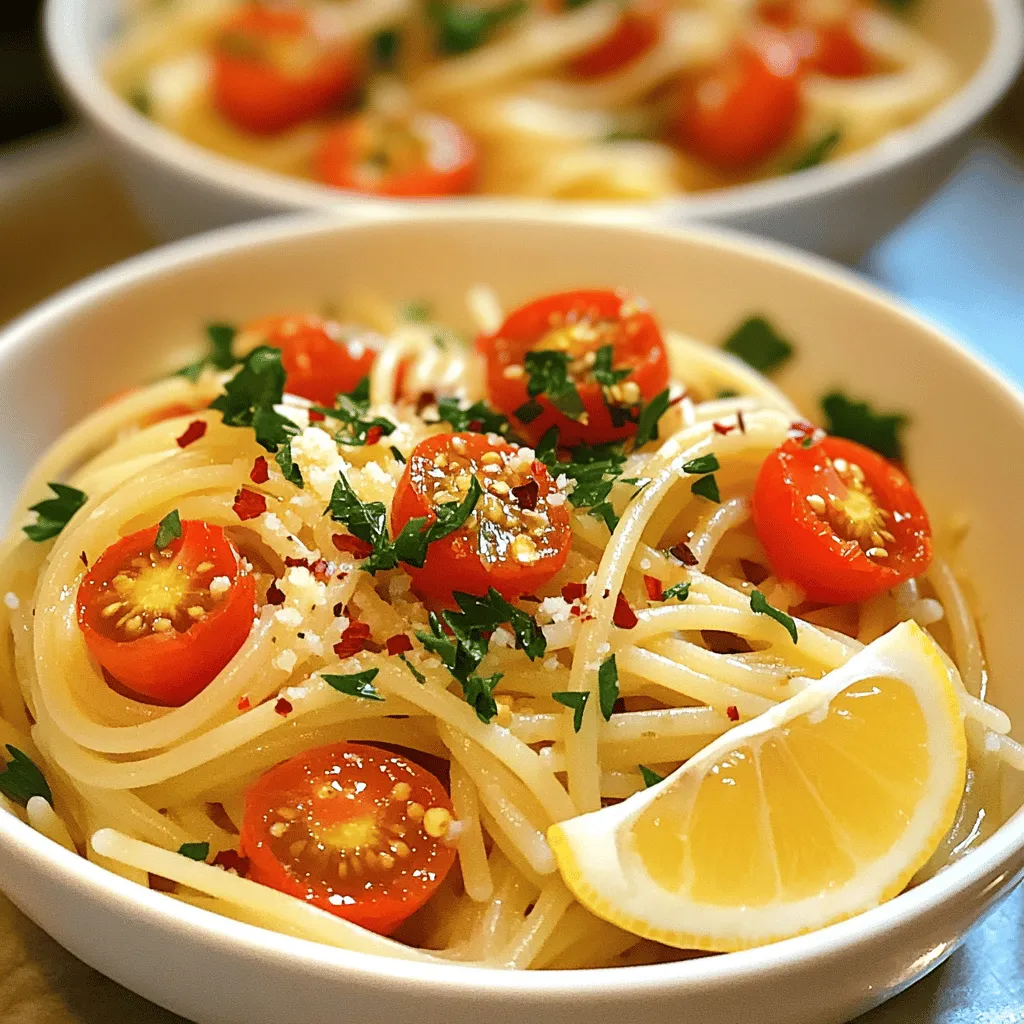 - 300g spaghetti - 6 cloves garlic, thinly sliced - 1/2 teaspoon red pepper flakes - 1/4 cup extra-virgin olive oil - Zest and juice of 1 lemon - 1/2 cup fresh parsley, finely chopped - Salt, to taste - Freshly grated Parmesan cheese - 1 cup cherry tomatoes, halved The key to making Spaghetti Aglio e Olio is simplicity. You need just a few fresh items. Start with the spaghetti. It’s the heart of this dish. I recommend using high-quality spaghetti for the best texture. Garlic is next. Always slice it thinly. This way, it releases flavor quickly. The red pepper flakes add heat. You can adjust this to make it more or less spicy, depending on your taste. Extra-virgin olive oil is vital. It carries the garlic flavor and adds richness. The lemon zest and juice bring a bright note. Fresh parsley adds color and freshness. For optional toppings, consider salt for seasoning. Parmesan cheese adds a nice creaminess. Cherry tomatoes are great if you want a pop of sweetness. They also add color to your plate. For the full recipe, visit the section above. Enjoy making this classic dish with these simple ingredients! 1. Fill a large pot with water and add salt. 2. Bring the water to a rolling boil. 3. Add 300g of spaghetti to the pot. 4. Cook until it’s al dente, about 8-10 minutes. 5. Before draining, save 1 cup of the pasta water. 6. Drain the spaghetti and set it aside. 1. In a large skillet, pour in 1/4 cup of extra-virgin olive oil. 2. Heat the oil over medium flame. 3. Thinly slice 6 cloves of garlic and add them to the oil. 4. Cook for about 2 minutes, stirring often. 5. Stop cooking when the garlic turns golden, but not burnt. 1. Add 1/2 teaspoon of red pepper flakes to the skillet. 2. Stir in 1 cup of halved cherry tomatoes. 3. Cook for about 3-4 minutes until the tomatoes soften. 4. Gently add the drained spaghetti to the skillet. 5. Mix well to coat the pasta in the garlic oil. 6. Add the zest and juice of 1 lemon. 7. If it looks dry, add some reserved pasta water. 8. Mix in half of the chopped parsley. 9. Taste and season with salt as needed. Enjoy your flavorful Spaghetti Aglio e Olio! For the full details, check the [Full Recipe]. To ensure your Spaghetti Aglio e Olio shines, start with the red pepper flakes. Adjust the amount based on how spicy you like your food. If you want a mild kick, use less. For a fiery burst, add more. Next, the olive oil is key. Choose high-quality extra-virgin olive oil for better taste. The flavor difference is notable. It brings richness that enhances the whole dish. When sautéing garlic, keep a close eye. Garlic can burn quickly, and burnt garlic tastes bitter. Stir it often and cook it just until golden. This gives your dish a lovely flavor. Don’t forget to reserve that pasta water! It’s like liquid gold for your sauce. If your sauce seems too thick, add a bit of the pasta water. It helps create the perfect creamy texture. Serve your spaghetti in shallow bowls. This makes it look fancy and inviting. Top it with extra parsley for a pop of color. A drizzle of olive oil on top adds shine. Lemon wedges on the side invite guests to add a fresh burst. This little touch elevates the dish, making it even more enjoyable. {{image_4}} You can make Spaghetti Aglio e Olio even better. One simple way is to add sautéed spinach or kale. This boosts the dish’s nutrients. You can also mix in cooked shrimp or chicken to add protein. Both options make your meal heartier and more satisfying. If you need a gluten-free option, try using gluten-free pasta. It works well and tastes great. For a fresh twist, use lemon zest or herbs like basil. This adds a new layer of flavor to your dish. You can easily switch up the taste based on what you like. Want to give your spaghetti a global touch? Add a splash of soy sauce for an Asian influence. It changes the flavor profile in a fun way. You can also experiment with fresh herbs, like oregano. These small changes can transform your Spaghetti Aglio e Olio into a unique dish that excites your palate. After you enjoy your spaghetti, store leftovers in an airtight container. This keeps it fresh. Refrigerate it right away and consume within 3 days for the best taste. When you're ready to eat again, reheat on the stovetop. Just add a splash of reserved pasta water to keep it moist. This method helps maintain the pasta's texture. Avoid using the microwave, as it can make the pasta rubbery. If you want to save some for later, freeze the spaghetti without toppings. It stays good for up to 2 months. When you're ready to enjoy it, thaw it overnight in the refrigerator before reheating. This keeps the flavors intact. For the full recipe, check out the complete details. "Aglio e Olio" is Italian for "garlic and oil." This dish shines with just these two key ingredients. The garlic adds a rich, bold flavor. The olive oil serves as a smooth base, bringing everything together. It’s simple yet so satisfying. Yes, you can easily make it vegan. Just skip the Parmesan cheese. Use a good olive oil and make sure it's pure. You can also add more vegetables, like spinach or mushrooms. This keeps the dish fresh and filling without dairy. To add protein, you have many tasty choices. Cooked chicken or shrimp works well. For a vegan option, try chickpeas or tofu. Just sauté them along with the garlic. They will soak up all the great flavors. Absolutely! Spaghetti Aglio e Olio is great for meal prep. You can cook it in advance and store it in the fridge. Just keep the sauce separate if you can. This way, you can heat it up and enjoy it fresh later. This blog outlined a simple yet tasty Spaghetti Aglio e Olio. We covered ingredients, cooking steps, and helpful tips. Remember, adjust spices and add toppings to make it your own. You can even include proteins or veggies for variety. Storing and reheating the dish correctly keeps it fresh and delicious. So dive into this easy recipe and enjoy its flavors. It's a quick meal you can customize however you like. Happy cooking!