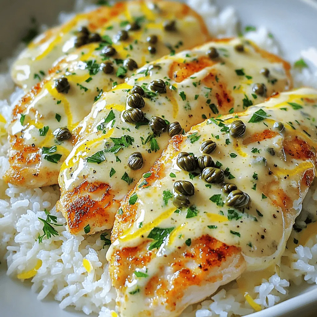 To make Creamy Lemon Chicken Piccata, you will need: - 2 boneless, skinless chicken breasts - 1/2 cup all-purpose flour - 1 teaspoon salt - 1/2 teaspoon freshly ground black pepper - 2 tablespoons olive oil - 2 tablespoons unsalted butter - 1 cup low-sodium chicken broth - 1/4 cup freshly squeezed lemon juice - 1 tablespoon capers, rinsed and drained - 1/2 cup heavy cream - Fresh parsley, finely chopped (for garnish) Using fresh ingredients makes a big difference in flavor. Fresh chicken tastes better and has a nice texture. Fresh lemons give a bright taste that really shines through. Fresh herbs, like parsley, add color and a burst of flavor. When you use fresh items, your dish will taste more vibrant and appealing. Always try to pick the best and freshest ingredients you can find. You might not have all the ingredients on hand, and that's okay! - Chicken: You can use thin pork chops instead of chicken. - Flour: If you need a gluten-free option, try using almond flour. - Heavy Cream: For a lighter sauce, use half-and-half or coconut milk. - Capers: If you don’t have capers, try using green olives for a similar briny taste. These swaps can help you make this recipe work with what you have. Start by slicing each chicken breast in half. This will give you thinner cutlets. Place these cutlets between plastic wrap. Use a meat mallet to pound the chicken to about 1/2 inch thick. This step helps the chicken cook evenly and stay tender. Next, dredge the chicken in a mix of flour, salt, and pepper. On a shallow plate, combine 1/2 cup flour, 1 teaspoon salt, and 1/2 teaspoon pepper. Coat each cutlet in the flour mix, shaking off excess flour. Heat a large skillet over medium-high heat. Add 2 tablespoons of olive oil and 1 tablespoon of butter. When the butter melts and the oil is hot, add the chicken cutlets. Cook for 3-4 minutes on each side. They should become golden brown and fully cooked. Once done, set the chicken aside on a plate. In the same skillet, pour in 1 cup of chicken broth. Add 1/4 cup of lemon juice and 1 tablespoon of rinsed capers. Stir to mix and bring it to a simmer. Scrape any browned bits from the bottom of the pan. Let the sauce reduce for 2-3 minutes to boost the flavors. Then, lower the heat and add 1/2 cup of heavy cream. Stir continuously and let it cook for another 2 minutes until the sauce thickens slightly. Adjust the seasoning to your taste. Carefully place the cooked chicken cutlets back into the skillet. Spoon the creamy sauce over the chicken. Let it warm in the sauce for about 1 minute to soak in the flavors. For a richer taste, add the last tablespoon of butter. Stir until it melts into the sauce, creating a smooth texture. Enjoy your homemade creamy lemon chicken piccata! For the full recipe, check out the reference above. To cook chicken just right, start with thin cutlets. Thin pieces cook faster and stay juicy. Use a meat mallet to pound the chicken until it is even. This helps it cook evenly. Heat your skillet to medium-high before adding oil and butter. Make sure the pan is hot before you add the chicken. This gives it a nice golden color. To thicken your sauce, let it simmer to reduce. This helps the flavors come out. After adding cream, keep stirring. Allow the sauce to cook for a few minutes. If you want a thicker sauce, you can mix a bit of flour with water and stir it in. This adds body without changing the taste. For more flavor, add fresh herbs like thyme or basil. They brighten up the dish. You can also use garlic for a richer taste. Just sauté it briefly before adding the broth. A splash of white wine adds depth too. Experiment to find your perfect flavor balance. For the best results, always use fresh lemon juice. It makes a big difference in taste. {{image_4}} You can use various proteins for this dish. If you prefer fish, try using thinly sliced salmon or tilapia. These lighter options soak up the creamy lemon sauce well. You can also use turkey cutlets for a leaner choice. Just cook them the same way as chicken for the best results. For a vegetarian twist, swap the chicken for hearty mushrooms. Portobello mushrooms work perfectly here. Slice them thick and follow the same cooking steps. The mushrooms will absorb the sauce's flavors, giving you a rich, savory dish without meat. You can also use eggplant or tofu as great substitutes. To change the flavor profile, consider adding herbs or spices. Fresh thyme or rosemary adds a lovely aroma. You can also sprinkle in some red pepper flakes for a bit of heat. If you like a Mediterranean touch, add olives or sun-dried tomatoes. These additions will elevate your creamy lemon chicken piccata and keep each meal unique. For more ideas, check the Full Recipe. After enjoying your creamy lemon chicken piccata, store leftovers in an airtight container. The dish stays fresh for up to three days in the fridge. Make sure to let it cool before sealing to prevent condensation. This keeps the chicken tasty and safe. When you're ready to enjoy leftovers, reheating is key. Use a skillet on low heat. Add a splash of chicken broth or cream to keep it moist. Stir often to avoid sticking. You can also microwave it, but do so in short bursts. Cover with a damp paper towel to keep moisture. If you want to save it for later, freezing is a great option. Place cooled chicken piccata in a freezer-safe container. It can last up to three months in the freezer. To thaw, move it to the fridge overnight. Reheat gently on the stove or in the microwave for the best taste. Chicken piccata is a classic Italian dish. It features chicken breasts cooked in a tasty lemon sauce with capers. Traditionally, the chicken is thinly sliced, dredged in flour, and sautéed until golden. The sauce is bright and zesty, making the dish fresh and lively. It’s a great choice for dinner parties or a cozy night in. To make gluten-free creamy lemon chicken piccata, replace all-purpose flour with gluten-free flour or cornstarch. You can also use almond flour for a nutty flavor. Ensure that the chicken broth is gluten-free as well. This way, you keep the dish tasty while catering to gluten sensitivities. Yes, you can use half-and-half or whole milk instead of heavy cream. For a dairy-free option, try coconut milk or cashew cream. These choices will change the flavor slightly but will still keep the sauce rich and creamy. Adjust the cooking time a bit to ensure it thickens well. Creamy lemon chicken piccata pairs well with several sides. You can serve it over fluffy rice or pasta for a filling meal. Roasted vegetables or a green salad also make great choices. To add zing, include lemon wedges and extra capers on the side. To reheat creamy lemon chicken piccata, use low heat on the stove. Add a splash of chicken broth or cream to keep it moist. Stir gently until warmed through, avoiding high heat which can dry it out. You can also use the microwave, but cover it to keep moisture in. For the full recipe, check out the recipe section above. This blog post covered how to make creamy lemon chicken piccata from start to finish. We discussed the importance of fresh ingredients and offered substitutes where needed. I shared step-by-step instructions to prepare and cook the chicken, along with tips for perfect results. You learned about variations and proper storage methods too. In closing, using fresh ingredients and proper techniques is key for great taste. Enjoy exploring this dish and its many options!