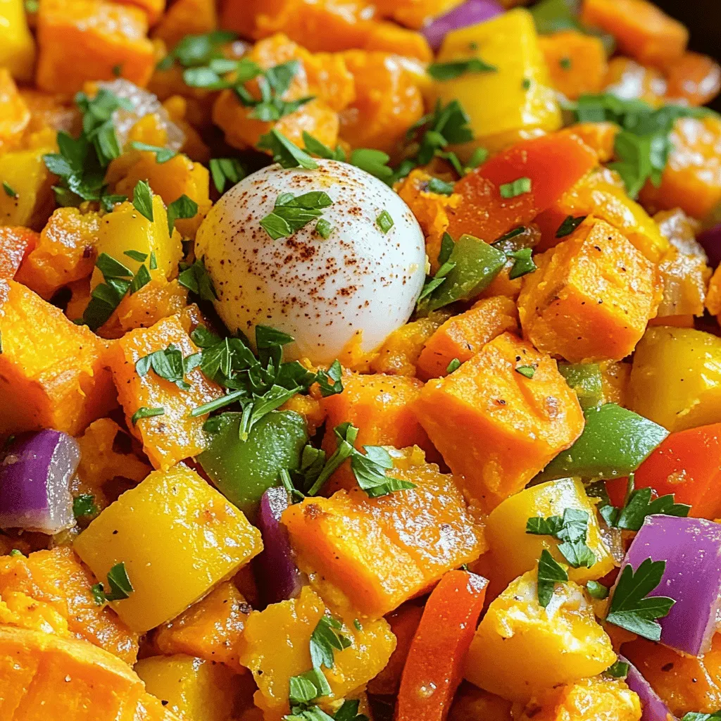- 2 large sweet potatoes, peeled and cubed - 1 red bell pepper, finely diced - 1 green bell pepper, finely diced - 1 small red onion, chopped - 2 cloves garlic, minced Sweet potatoes are the star here. They add a natural sweetness and great texture. The bell peppers bring color and crunch. The onion and garlic add depth and aroma that make this dish irresistible. - 1 teaspoon smoked paprika - 1/2 teaspoon ground cumin - 1/4 teaspoon cayenne pepper - Salt and freshly cracked black pepper The smoked paprika gives a lovely smoky flavor. Cumin adds warmth, while cayenne offers a little kick. Remember, you can adjust the spice level to fit your taste. - 2 large eggs - Fresh parsley, finely chopped Adding eggs makes this dish heartier. They cook right in the hash, giving you a protein boost. Fresh parsley on top adds a nice pop of color and freshness. For the full recipe, check out "Savory Sweet Potato Hash Delight 🥘." Enjoy making this tasty dish! - Heat 2 tablespoons of extra virgin olive oil in a large skillet over medium heat. - Once hot, add 2 large sweet potatoes, peeled and cubed into bite-sized pieces. - Spread the sweet potatoes evenly and season with salt and black pepper. - Sauté for 10-12 minutes, stirring occasionally, until they are tender and golden. - After the sweet potatoes cook, add 1 red bell pepper and 1 green bell pepper, finely diced. - Stir in 1 small red onion, chopped, and cook for another 5 minutes. - Then, add 2 cloves of minced garlic, smoked paprika, ground cumin, and cayenne pepper. - Cook for an additional 2-3 minutes until the garlic's aroma fills the air. - If you like eggs, create small wells in the hash using a spoon. - Crack 2 large eggs into each well. - Cover the skillet with a lid and cook for about 5-7 minutes. - Cook until the egg whites are set, but the yolks are runny or to your liking. For the complete instructions, check the full recipe "Savory Sweet Potato Hash Delight 🥘." Enjoy this easy and tasty dish! To make a great savory sweet potato hash, spread the sweet potatoes evenly in the skillet. This helps them cook uniformly. If you pile them too high, they may steam instead of brown. Adjust the heat to fit your taste. Lower heat gives a softer texture while higher heat adds a crispy finish. You can boost the flavors with simple spices or herbs. Try adding thyme or rosemary for a fresh taste. For a kick, consider more cayenne or even some chili flakes. If you’re adding eggs, aim for the perfect yolk. Cook them until the whites are just set. This keeps the yolks runny for a rich touch. Garnishing can elevate your dish. Fresh parsley adds color and a hint of freshness. You can also sprinkle some feta cheese for creaminess. Serve your hash with toasted bread for a complete meal. It works great for brunch or meal prep. Enjoy it warm with sides like avocado or salsa. For the full instructions, check out the Full Recipe. {{image_4}} You can easily make this dish vegetarian or vegan. To go vegan, skip the eggs or use a plant-based egg substitute. This dish is naturally gluten-free. Just make sure all your ingredients, like spices, are gluten-free. Feel free to mix up the veggies based on what you have. Try adding zucchini, carrots, or spinach for a fresh twist. You can also swap sweet potatoes for regular potatoes or even butternut squash. If you want protein, use black beans, chickpeas, or cooked sausage. Add local flavors by using spices from your area. Try jalapeños for heat, or sprinkle some feta cheese for creaminess. You can also adapt this dish for holidays. For example, add roasted peppers for a festive touch or use herbs that remind you of special occasions. Explore more ideas in the Full Recipe for Savory Sweet Potato Hash Delight. To keep your savory sweet potato hash fresh, store it in airtight containers. This helps keep moisture in and air out. Place the containers in the fridge. Your hash will stay good for up to four days. Make sure it's fully cooled before sealing. When reheating, the best method is using a skillet. Heat it on medium-low. Add a splash of water or oil to help it not stick. Stir the hash gently for even warmth. This keeps the texture nice and helps the flavors pop again. You can also use the microwave. Just cover it and heat in short bursts. Stir in between to avoid uneven heating. To freeze leftovers, let the hash cool completely. Then, place it in freezer-safe bags or containers. Remove as much air as you can before sealing. This helps prevent freezer burn. Your hash can last for up to three months in the freezer. When you're ready to eat it, thaw it overnight in the fridge. Reheat it in the skillet or microwave. Add a little oil if it seems dry. Enjoy your delicious dish without losing flavor! For the full recipe, check out "Savory Sweet Potato Hash Delight 🥘." You can serve savory sweet potato hash with many tasty sides. Here are some ideas: - Toasted bread for a crunch. - Avocado slices for creaminess. - A sprinkle of feta cheese for saltiness. - Fresh fruit for a sweet balance. - A green salad for freshness. These sides add flavor and texture to your meal. Yes, you can make savory sweet potato hash ahead of time! Here are some tips: - Cook the hash and let it cool. - Store it in an airtight container in the fridge. - Reheat in a skillet over low heat for best results. You can also microwave it, but this may not keep the texture as nice. Sweet potatoes are very healthy! Here are some benefits: - Rich in vitamins A and C, which boost your immune system. - Full of fiber, aiding digestion. - Low in fat and calories, great for weight management. One medium sweet potato has about 112 calories. They are great for many diets, including vegan and gluten-free. For complete instructions and details, check out "Savory Sweet Potato Hash Delight 🥘." You will love how easy and delicious it is! In this blog post, I shared a simple and tasty savory sweet potato hash. You learned about the key ingredients, like sweet potatoes, bell peppers, and spices. I provided step-by-step instructions to cook this dish perfectly. We covered storage tips and ways to adapt recipes to your diet. Consider trying new flavors and variations based on your taste. This dish is healthy and easy to make. Enjoy this savory treat that fits into any meal!