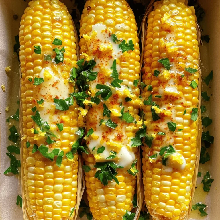 - 4 ears of fresh corn - 4 tablespoons unsalted butter - 3 cloves garlic - Zest and juice of 1 lemon The main ingredients create a burst of flavor. Fresh corn gives a sweet crunch. Butter adds richness. Garlic brings a savory punch. Lemon zest and juice bring bright, tangy notes. Together, they make each bite pop. - 1 teaspoon smoked paprika - Sea salt and black pepper - Fresh parsley The seasoning is key to the dish's depth. Smoked paprika adds warmth. Sea salt and black pepper enhance the natural flavors. Fresh parsley gives a lovely green touch. It also brightens the dish, making it more appealing. These ingredients work together to create a delightful roasted corn that everyone will love. For the complete method to prepare this dish, refer to the Full Recipe. - Preheat the oven to 400°F (200°C). - Prepare the corn by husking it. Remove all the silk and leaves. - In a small bowl, combine: - 4 tablespoons unsalted butter, melted - 3 cloves garlic, finely minced - Zest of 1 medium lemon - 2 tablespoons freshly squeezed lemon juice - 1 teaspoon smoked paprika (optional) - Sea salt and freshly cracked black pepper to taste - Whisk these ingredients until smooth. This lemon garlic butter adds great flavor. - Place the husked corn on a large baking sheet. - Use a pastry brush to apply the lemon garlic mixture to each ear of corn. Make sure to coat all sides for maximum flavor. - Roast in the oven for 25-30 minutes. Turn the corn every 10 minutes. This helps it cook evenly and gets a nice char. - Once roasted, let the corn cool for 2-3 minutes. Then, sprinkle it with fresh parsley before serving. For extra flavor, drizzle any leftover lemon garlic butter over the corn. This dish is simple but packed with flavor. You can find the Full Recipe for the perfect Lemon Garlic Roasted Corn. Fresh ingredients make all the difference. Always choose bright, crisp corn. The taste of fresh corn shines through. Use good butter and fresh garlic for a rich flavor. Adjust the seasoning to match your taste. You can add more lemon juice or salt if needed. Don't be afraid to experiment! To get even roasting, turn the corn often. Every ten minutes, give it a good spin. This helps it brown nicely. Check for doneness by looking for a golden color. If it smells sweet and looks charred, it’s ready! For plating, arrange the corn in a circle on a big platter. Add lemon wedges for a pop of color. Sprinkle more parsley for a fresh look. Pair this dish with a light salad or grilled chicken for a balanced meal. You can find the full recipe to get all the details! {{image_4}} You can easily change up the lemon garlic roasted corn to suit your taste. Here are three fun ideas. To make this dish vegan, swap out the unsalted butter for vegan butter. This keeps it creamy and rich while staying plant-based. Just melt the vegan butter and mix it with the garlic, lemon zest, and juice as you would with regular butter. You won’t miss the dairy at all! If you enjoy heat, add chili flakes or cayenne pepper to the lemon garlic butter. Just a pinch can make a big difference. Mix it in with the other ingredients. This will give your roasted corn a nice kick that pairs well with the lemony flavor. For a fresh twist, try adding different herbs like cilantro or basil. Chop them finely and mix them into the lemon garlic butter. This adds a burst of flavor and a lovely aroma. Experimenting with herbs can make each batch unique and delicious. For the full recipe, check out the detailed steps above. After roasting, let the corn cool down. Wrap it tightly in foil or plastic wrap. This helps keep it fresh. You can also store it in an airtight container. Place it in the fridge for up to three days. To reheat, you can use the oven or the microwave. If using the oven, preheat it to 350°F (175°C). Place the corn on a baking sheet and cover it with foil. Heat for about 10 minutes. This method keeps the corn's flavor and texture. For the microwave, simply place the corn on a plate. Cover it with a damp paper towel. Heat for 1-2 minutes, checking frequently. This method is quick but may not keep the corn as crisp. Experiment with both methods to find what you like best! For the full recipe, check out the complete guide. Yes, you can use frozen corn. First, thaw the corn completely. Drain any excess water. Next, you should adjust the cooking time. Frozen corn may need only 20 minutes in the oven. Check for a nice golden color. To boost the flavor, add more garlic or lemon juice. You can also try fresh herbs like thyme or oregano. A pinch of red pepper flakes will add a nice kick. Experiment with your favorite spices to find the perfect mix. Yes, this recipe is gluten-free. All the ingredients are safe for gluten-free diets. Just ensure that any butter or spices you use are labeled gluten-free. Enjoy this dish worry-free with your loved ones! This blog post covered how to make Lemon Garlic Roasted Corn. We discussed the main ingredients, like fresh corn and garlic, plus the step-by-step process. I shared tips to boost flavor and variations, such as vegan options. Remember, using fresh ingredients and adjusting seasoning to your taste is key. Enjoy your delicious, roasted corn as a side dish or a snack. Happy cooking!