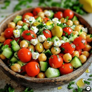 To make a delicious Mediterranean chickpea salad, you need fresh and simple ingredients. Here’s what you need: - Canned chickpeas - Cherry tomatoes - Cucumber - Red onion - Kalamata olives - Fresh parsley - Feta cheese (optional) - Olive oil - Fresh lemon juice - Dried oregano - Salt and pepper These ingredients bring bright flavors and textures to your dish. Canned chickpeas offer protein and fiber. Cherry tomatoes add sweetness and color. Cucumber gives a nice crunch. Red onion adds a sharp bite, while Kalamata olives bring a briny taste. Fresh parsley brightens it all up. Feta cheese adds creaminess but is optional. Olive oil and lemon juice make a tangy dressing, while oregano, salt, and pepper enhance the flavors. For the full recipe, refer to the cooking instructions. Enjoy creating this fresh and flavorful dish! To start, gather your ingredients. You will need canned chickpeas, cherry tomatoes, cucumber, red onion, Kalamata olives, and fresh parsley. If you want, you can add feta cheese. Rinse the chickpeas well under cold water. This step helps remove any excess salt. Next, drain them carefully. Cut the cherry tomatoes in half to release their sweet juices. Dice the cucumber into small, bite-sized pieces. Chop the red onion finely for a mild flavor. Slice the Kalamata olives and chop the parsley. If using feta, crumble it into small pieces. In a large mixing bowl, combine the chickpeas, tomatoes, cucumber, onion, olives, and parsley. This mix creates a colorful base for your salad. Use a large spoon to gently mix the ingredients together. Be careful not to mash the chickpeas. You want to keep that lovely, firm texture. This step makes sure all the flavors blend well. Now, let’s make the dressing. In a small bowl, whisk together the olive oil, fresh lemon juice, oregano, salt, and pepper. This mixture adds a bright, tangy taste. Drizzle the dressing over the salad mix. Then, use your large spoon or spatula to toss everything gently. Make sure all the ingredients get coated in the dressing. If you’re adding feta, sprinkle it on top and toss lightly again. Taste the salad and adjust the seasoning as needed. Cover the bowl with plastic wrap and chill in the fridge for at least 15 minutes. This resting time helps the flavors meld together. Check out the Full Recipe for more detailed steps and tips! To make this salad pop with flavor, try adding a few ingredients. Fresh herbs like basil or mint bring a bright taste. You can also toss in a pinch of red pepper flakes for some heat. If you love garlic, add a minced clove to the dressing. It gives a nice kick and elevates your salad. Serve your Mediterranean chickpea salad as a main dish or a side. It pairs well with grilled chicken or fish. You can also enjoy it with warm pita bread, making it a complete meal. For a fun twist, serve it stuffed in a wrap or a pita pocket for lunch. Make your salad shine when serving. Use a colorful bowl to highlight the vibrant ingredients. Add a sprinkle of parsley and feta on top to make it look fresh. If you want, you can even add lemon wedges around the bowl. This adds a touch of elegance and freshness. For the full recipe, check out the Mediterranean Chickpea Salad Delight. {{image_4}} You can easily change some ingredients in this salad. If you don't have chickpeas, try black beans or kidney beans. For a different flavor, use grape tomatoes instead of cherry tomatoes. You can also swap cucumber for bell pepper for a crunchier bite. Instead of red onion, use green onions for a milder taste. If you want a creamier salad, consider adding avocado instead of feta cheese. You can make this salad fresh with seasonal ingredients. In summer, add sweet corn or diced bell peppers. In fall, try adding diced roasted butternut squash. Winter calls for hearty greens like kale or spinach mixed in. Each season brings new flavors to explore! This salad is naturally vegan and gluten-free, which makes it easy to adapt. Simply skip the feta cheese if you're vegan. If you want a protein boost, toss in some quinoa or lentils. For a gluten-free option, ensure your olives and any packaged ingredients are certified gluten-free. Enjoy this versatile dish while keeping your diet in mind. You can find the Full Recipe in the earlier section. You can store your Mediterranean chickpea salad in the fridge. Use an airtight container for best results. It will stay fresh for about 3 to 5 days. Keep it covered to minimize air exposure. This helps to retain flavors and textures. Freezing this salad is not ideal. The fresh veggies can lose their crunch. However, if you want to freeze it, do so without the dressing. Freeze in a sealed bag or container. When you’re ready to eat, thaw in the fridge overnight and add the dressing fresh. To maintain freshness, keep the salad covered. If you notice the veggies getting soggy, drain any excess liquid. You can also add fresh herbs or extra lemon juice before serving. This will revive the flavors and brightness. Always taste before serving to adjust seasoning. For the full recipe, check out the original preparation steps. You can store Mediterranean Chickpea Salad in the fridge. It lasts about 3 to 5 days. Keep it in a sealed container. The flavors will blend well over time. However, the veggies might lose some crunch. Yes, you can make this salad ahead of time. It tastes even better after sitting for a while. Just cover it and chill it in the fridge. I suggest making it a few hours before serving. This lets the flavors mix nicely. Chickpeas are packed with nutrients. They are high in protein and fiber. This helps keep you full longer. Chickpeas also support heart health. They can help lower cholesterol levels. Plus, they provide vitamins and minerals. This makes them a great addition to any meal. - Full Recipe This Mediterranean Chickpea Salad is simple and healthy. You learned about each ingredient, how to prepare, and flavorful tips to enhance your dish. We explored variations to keep things exciting for every season and diet. Proper storage helps maintain freshness for longer. Enjoy experimenting with this salad. It's tasty and fits many meals. You can make it your own with fun twists. Happy cooking!