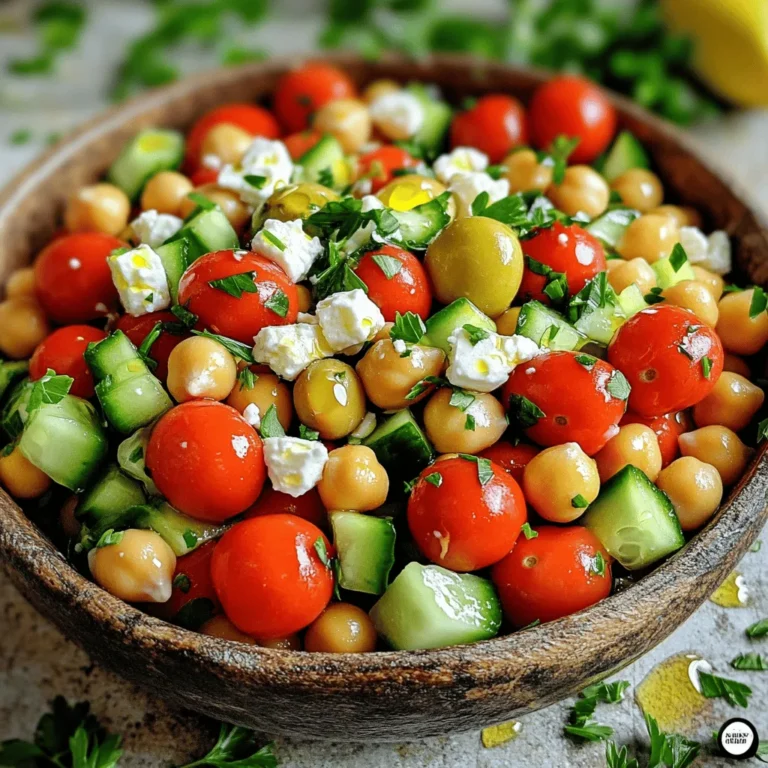 To make a delicious Mediterranean chickpea salad, you need fresh and simple ingredients. Here’s what you need: - Canned chickpeas - Cherry tomatoes - Cucumber - Red onion - Kalamata olives - Fresh parsley - Feta cheese (optional) - Olive oil - Fresh lemon juice - Dried oregano - Salt and pepper These ingredients bring bright flavors and textures to your dish. Canned chickpeas offer protein and fiber. Cherry tomatoes add sweetness and color. Cucumber gives a nice crunch. Red onion adds a sharp bite, while Kalamata olives bring a briny taste. Fresh parsley brightens it all up. Feta cheese adds creaminess but is optional. Olive oil and lemon juice make a tangy dressing, while oregano, salt, and pepper enhance the flavors. For the full recipe, refer to the cooking instructions. Enjoy creating this fresh and flavorful dish! To start, gather your ingredients. You will need canned chickpeas, cherry tomatoes, cucumber, red onion, Kalamata olives, and fresh parsley. If you want, you can add feta cheese. Rinse the chickpeas well under cold water. This step helps remove any excess salt. Next, drain them carefully. Cut the cherry tomatoes in half to release their sweet juices. Dice the cucumber into small, bite-sized pieces. Chop the red onion finely for a mild flavor. Slice the Kalamata olives and chop the parsley. If using feta, crumble it into small pieces. In a large mixing bowl, combine the chickpeas, tomatoes, cucumber, onion, olives, and parsley. This mix creates a colorful base for your salad. Use a large spoon to gently mix the ingredients together. Be careful not to mash the chickpeas. You want to keep that lovely, firm texture. This step makes sure all the flavors blend well. Now, let’s make the dressing. In a small bowl, whisk together the olive oil, fresh lemon juice, oregano, salt, and pepper. This mixture adds a bright, tangy taste. Drizzle the dressing over the salad mix. Then, use your large spoon or spatula to toss everything gently. Make sure all the ingredients get coated in the dressing. If you’re adding feta, sprinkle it on top and toss lightly again. Taste the salad and adjust the seasoning as needed. Cover the bowl with plastic wrap and chill in the fridge for at least 15 minutes. This resting time helps the flavors meld together. Check out the Full Recipe for more detailed steps and tips! To make this salad pop with flavor, try adding a few ingredients. Fresh herbs like basil or mint bring a bright taste. You can also toss in a pinch of red pepper flakes for some heat. If you love garlic, add a minced clove to the dressing. It gives a nice kick and elevates your salad. Serve your Mediterranean chickpea salad as a main dish or a side. It pairs well with grilled chicken or fish. You can also enjoy it with warm pita bread, making it a complete meal. For a fun twist, serve it stuffed in a wrap or a pita pocket for lunch. Make your salad shine when serving. Use a colorful bowl to highlight the vibrant ingredients. Add a sprinkle of parsley and feta on top to make it look fresh. If you want, you can even add lemon wedges around the bowl. This adds a touch of elegance and freshness. For the full recipe, check out the Mediterranean Chickpea Salad Delight. {{image_4}} You can easily change some ingredients in this salad. If you don't have chickpeas, try black beans or kidney beans. For a different flavor, use grape tomatoes instead of cherry tomatoes. You can also swap cucumber for bell pepper for a crunchier bite. Instead of red onion, use green onions for a milder taste. If you want a creamier salad, consider adding avocado instead of feta cheese. You can make this salad fresh with seasonal ingredients. In summer, add sweet corn or diced bell peppers. In fall, try adding diced roasted butternut squash. Winter calls for hearty greens like kale or spinach mixed in. Each season brings new flavors to explore! This salad is naturally vegan and gluten-free, which makes it easy to adapt. Simply skip the feta cheese if you're vegan. If you want a protein boost, toss in some quinoa or lentils. For a gluten-free option, ensure your olives and any packaged ingredients are certified gluten-free. Enjoy this versatile dish while keeping your diet in mind. You can find the Full Recipe in the earlier section. You can store your Mediterranean chickpea salad in the fridge. Use an airtight container for best results. It will stay fresh for about 3 to 5 days. Keep it covered to minimize air exposure. This helps to retain flavors and textures. Freezing this salad is not ideal. The fresh veggies can lose their crunch. However, if you want to freeze it, do so without the dressing. Freeze in a sealed bag or container. When you’re ready to eat, thaw in the fridge overnight and add the dressing fresh. To maintain freshness, keep the salad covered. If you notice the veggies getting soggy, drain any excess liquid. You can also add fresh herbs or extra lemon juice before serving. This will revive the flavors and brightness. Always taste before serving to adjust seasoning. For the full recipe, check out the original preparation steps. You can store Mediterranean Chickpea Salad in the fridge. It lasts about 3 to 5 days. Keep it in a sealed container. The flavors will blend well over time. However, the veggies might lose some crunch. Yes, you can make this salad ahead of time. It tastes even better after sitting for a while. Just cover it and chill it in the fridge. I suggest making it a few hours before serving. This lets the flavors mix nicely. Chickpeas are packed with nutrients. They are high in protein and fiber. This helps keep you full longer. Chickpeas also support heart health. They can help lower cholesterol levels. Plus, they provide vitamins and minerals. This makes them a great addition to any meal. - Full Recipe This Mediterranean Chickpea Salad is simple and healthy. You learned about each ingredient, how to prepare, and flavorful tips to enhance your dish. We explored variations to keep things exciting for every season and diet. Proper storage helps maintain freshness for longer. Enjoy experimenting with this salad. It's tasty and fits many meals. You can make it your own with fun twists. Happy cooking!