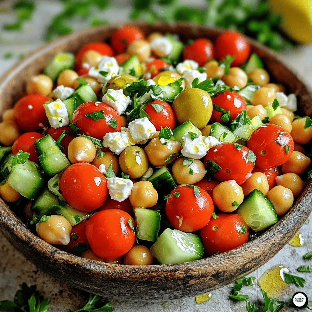 To make a delicious Mediterranean chickpea salad, you need fresh and simple ingredients. Here’s what you need: - Canned chickpeas - Cherry tomatoes - Cucumber - Red onion - Kalamata olives - Fresh parsley - Feta cheese (optional) - Olive oil - Fresh lemon juice - Dried oregano - Salt and pepper These ingredients bring bright flavors and textures to your dish. Canned chickpeas offer protein and fiber. Cherry tomatoes add sweetness and color. Cucumber gives a nice crunch. Red onion adds a sharp bite, while Kalamata olives bring a briny taste. Fresh parsley brightens it all up. Feta cheese adds creaminess but is optional. Olive oil and lemon juice make a tangy dressing, while oregano, salt, and pepper enhance the flavors. For the full recipe, refer to the cooking instructions. Enjoy creating this fresh and flavorful dish! To start, gather your ingredients. You will need canned chickpeas, cherry tomatoes, cucumber, red onion, Kalamata olives, and fresh parsley. If you want, you can add feta cheese. Rinse the chickpeas well under cold water. This step helps remove any excess salt. Next, drain them carefully. Cut the cherry tomatoes in half to release their sweet juices. Dice the cucumber into small, bite-sized pieces. Chop the red onion finely for a mild flavor. Slice the Kalamata olives and chop the parsley. If using feta, crumble it into small pieces. In a large mixing bowl, combine the chickpeas, tomatoes, cucumber, onion, olives, and parsley. This mix creates a colorful base for your salad. Use a large spoon to gently mix the ingredients together. Be careful not to mash the chickpeas. You want to keep that lovely, firm texture. This step makes sure all the flavors blend well. Now, let’s make the dressing. In a small bowl, whisk together the olive oil, fresh lemon juice, oregano, salt, and pepper. This mixture adds a bright, tangy taste. Drizzle the dressing over the salad mix. Then, use your large spoon or spatula to toss everything gently. Make sure all the ingredients get coated in the dressing. If you’re adding feta, sprinkle it on top and toss lightly again. Taste the salad and adjust the seasoning as needed. Cover the bowl with plastic wrap and chill in the fridge for at least 15 minutes. This resting time helps the flavors meld together. Check out the Full Recipe for more detailed steps and tips! To make this salad pop with flavor, try adding a few ingredients. Fresh herbs like basil or mint bring a bright taste. You can also toss in a pinch of red pepper flakes for some heat. If you love garlic, add a minced clove to the dressing. It gives a nice kick and elevates your salad. Serve your Mediterranean chickpea salad as a main dish or a side. It pairs well with grilled chicken or fish. You can also enjoy it with warm pita bread, making it a complete meal. For a fun twist, serve it stuffed in a wrap or a pita pocket for lunch. Make your salad shine when serving. Use a colorful bowl to highlight the vibrant ingredients. Add a sprinkle of parsley and feta on top to make it look fresh. If you want, you can even add lemon wedges around the bowl. This adds a touch of elegance and freshness. For the full recipe, check out the Mediterranean Chickpea Salad Delight. {{image_4}} You can easily change some ingredients in this salad. If you don't have chickpeas, try black beans or kidney beans. For a different flavor, use grape tomatoes instead of cherry tomatoes. You can also swap cucumber for bell pepper for a crunchier bite. Instead of red onion, use green onions for a milder taste. If you want a creamier salad, consider adding avocado instead of feta cheese. You can make this salad fresh with seasonal ingredients. In summer, add sweet corn or diced bell peppers. In fall, try adding diced roasted butternut squash. Winter calls for hearty greens like kale or spinach mixed in. Each season brings new flavors to explore! This salad is naturally vegan and gluten-free, which makes it easy to adapt. Simply skip the feta cheese if you're vegan. If you want a protein boost, toss in some quinoa or lentils. For a gluten-free option, ensure your olives and any packaged ingredients are certified gluten-free. Enjoy this versatile dish while keeping your diet in mind. You can find the Full Recipe in the earlier section. You can store your Mediterranean chickpea salad in the fridge. Use an airtight container for best results. It will stay fresh for about 3 to 5 days. Keep it covered to minimize air exposure. This helps to retain flavors and textures. Freezing this salad is not ideal. The fresh veggies can lose their crunch. However, if you want to freeze it, do so without the dressing. Freeze in a sealed bag or container. When you’re ready to eat, thaw in the fridge overnight and add the dressing fresh. To maintain freshness, keep the salad covered. If you notice the veggies getting soggy, drain any excess liquid. You can also add fresh herbs or extra lemon juice before serving. This will revive the flavors and brightness. Always taste before serving to adjust seasoning. For the full recipe, check out the original preparation steps. You can store Mediterranean Chickpea Salad in the fridge. It lasts about 3 to 5 days. Keep it in a sealed container. The flavors will blend well over time. However, the veggies might lose some crunch. Yes, you can make this salad ahead of time. It tastes even better after sitting for a while. Just cover it and chill it in the fridge. I suggest making it a few hours before serving. This lets the flavors mix nicely. Chickpeas are packed with nutrients. They are high in protein and fiber. This helps keep you full longer. Chickpeas also support heart health. They can help lower cholesterol levels. Plus, they provide vitamins and minerals. This makes them a great addition to any meal. - Full Recipe This Mediterranean Chickpea Salad is simple and healthy. You learned about each ingredient, how to prepare, and flavorful tips to enhance your dish. We explored variations to keep things exciting for every season and diet. Proper storage helps maintain freshness for longer. Enjoy experimenting with this salad. It's tasty and fits many meals. You can make it your own with fun twists. Happy cooking!