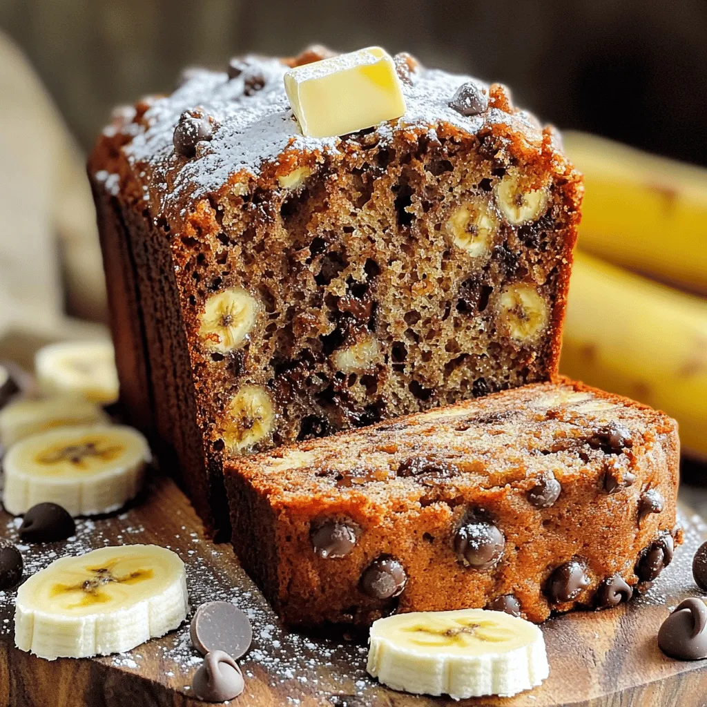 To make your chocolate chip banana bread, you need these key ingredients: - 2 ripe bananas, thoroughly mashed - 1/3 cup coconut oil, melted - 1 teaspoon pure vanilla extract - 1/2 cup packed brown sugar - 1/4 cup granulated sugar - 2 large eggs at room temperature - 1 teaspoon baking soda - 1/4 teaspoon fine salt - 1 1/2 cups all-purpose flour - 1/2 cup semi-sweet or dark chocolate chips - 1/4 cup walnuts or pecans, chopped (optional) Each ingredient plays a vital role in crafting a moist and tasty loaf. Ripe bananas add sweetness and moisture. Coconut oil gives a rich flavor and a soft texture. The sugars create that perfect crust while the eggs help bind everything together. You can personalize your chocolate chip banana bread with fun add-ins. Here are some ideas: - Chopped nuts for crunch - Dried fruits like cranberries or raisins - A sprinkle of cinnamon for warmth - Peanut butter or nutella swirls for extra richness Feel free to mix and match! These add-ins can bring new flavors and textures to your bread. Using high-quality ingredients makes a big difference. Choose ripe bananas; they should be spotty and soft. Fresh eggs bring richness and flavor. Use pure vanilla extract for the best taste. For the oils, opt for organic coconut oil if possible. Quality flour helps create the right texture. Remember, great ingredients lead to great results! For the full recipe, check out the [Full Recipe]. Start by preheating your oven to 350°F (175°C). This step is crucial for even baking. Next, grab a 9x5 inch loaf pan. Lightly grease it with cooking spray or butter. You can also use parchment paper to line the pan. This makes removing the banana bread easier. In a large mixing bowl, take 2 ripe bananas and mash them well. You want them smooth with no lumps. Then, add 1/3 cup of melted coconut oil. Mix them together until they blend into a creamy base. This combination gives your bread moisture and flavor. Add 1 teaspoon of pure vanilla extract, 1/2 cup of packed brown sugar, and 1/4 cup of granulated sugar to the banana mix. Stir until it’s smooth. Now, crack in 2 large eggs. Mix well after each egg. Then, sprinkle 1 teaspoon of baking soda and 1/4 teaspoon of fine salt over the mix. Stir gently. Next, sift in 1 1/2 cups of all-purpose flour. Fold it in carefully. Don’t overmix; this keeps your loaf tender. Finally, gently fold in 1/2 cup of semi-sweet or dark chocolate chips. If you like, add 1/4 cup of chopped nuts too. Pour the batter into your prepared loaf pan. Smooth the top with a spatula. Place it in the oven and bake for 55-65 minutes. It’s done when a toothpick comes out clean or with a few crumbs. Let the bread cool in the pan for 10 minutes. Then, carefully move it to a wire rack to cool completely. This cooling step helps set the flavors. For the full recipe, refer to the section above. To get the best texture, use ripe bananas. The riper, the better! They must be soft and spotty. This way, you get a sweet and moist bread. Mash them well to avoid lumps. Mix ingredients gently after adding the flour. Over-mixing can make your bread tough. Aim for a light, fluffy loaf. Keep your banana bread fresh by wrapping it tightly. You can use plastic wrap or foil. Store it at room temperature for up to four days. If you want it to last longer, place it in the fridge for about a week. To keep it even longer, freeze it. Slice it before freezing for easy serving. Just make sure to wrap each slice well. Serve your chocolate chip banana bread warm. It tastes best right out of the oven! Add some butter on top for richness. You can also sprinkle powdered sugar for a sweet touch. For extra fun, top with fresh banana slices or more chocolate chips. This makes it look pretty and taste even better! For the complete recipe, check out the Full Recipe section in this article. {{image_4}} You can enjoy chocolate chip banana bread without gluten. Use a gluten-free flour blend. This blend works well as a one-to-one substitute. Make sure it has xanthan gum. This helps bind the ingredients. The flavor stays rich and delicious. Just follow the same steps as in the Full Recipe. You will love the texture and taste. For a vegan version, swap eggs for flax eggs. To make a flax egg, mix one tablespoon of flaxseed meal with three tablespoons of water. Let it sit for a few minutes to thicken. Use non-dairy milk and coconut oil as well. This keeps the bread moist and soft. You can still add chocolate chips, just choose dairy-free ones. You can add your favorite spices for extra flavor. Cinnamon and nutmeg pair well with bananas. A pinch of each can make a big difference. You can also try almond or coconut extract. These extracts add depth. Experiment to find your favorite combo. Each twist makes the bread unique and fun. To keep your chocolate chip banana bread fresh, store it at room temperature. Wrap it tightly in plastic wrap or foil. This helps keep moisture in. Place it in a cool, dry spot, away from direct sunlight. If you prefer, you can also use an airtight container. This will help maintain its soft texture and rich flavor. Freezing is a great option if you want to save some for later. First, let the banana bread cool completely. Then, wrap it tightly in plastic wrap, followed by aluminum foil. This extra layer prevents freezer burn. You can freeze it for up to three months. When you're ready to enjoy it, simply thaw it in the fridge overnight. Reheating banana bread can bring back its lovely warmth. You can use a toaster oven or a conventional oven. Preheat your oven to 350°F (175°C). Slice the bread and place it on a baking sheet. Heat for about 5-10 minutes. If you want a softer texture, cover it with foil. You can also pop a slice in the microwave for about 10-15 seconds. Enjoy it warm for a cozy treat! Your chocolate chip banana bread is done when a toothpick comes out clean. Insert it in the center. If it has a few crumbs, that is fine too. The bread usually bakes for 55-65 minutes. The top should look golden brown. Yes, you can substitute some ingredients. For example, use olive oil instead of coconut oil. You can also swap brown sugar for maple syrup. Make sure to adjust the amounts as needed for the best results. Chocolate chip banana bread lasts about 3-4 days at room temperature. Store it in an airtight container. For longer storage, keep it in the fridge for a week. You can also freeze it for up to 3 months. You can use applesauce or mashed bananas as egg substitutes. Use 1/4 cup of applesauce or 1/2 banana for each egg. Both options keep the bread moist and flavorful. This chocolate chip banana bread stands out because of its rich flavors. The combination of ripe bananas and chocolate chips creates a sweet treat. Using coconut oil adds a subtle depth to the taste. The option to add nuts gives extra texture. You can find the complete recipe in the Full Recipe section. This blog post covered how to make delicious chocolate chip banana bread. We discussed key ingredients, optional add-ins, and the importance of ingredient quality. I shared step-by-step instructions to guide you through the baking process. We explored tips for the perfect texture, storage methods, and fun variations like gluten-free and vegan options. With these insights, you can easily bake this treat and impress everyone. Enjoy your baking journey!