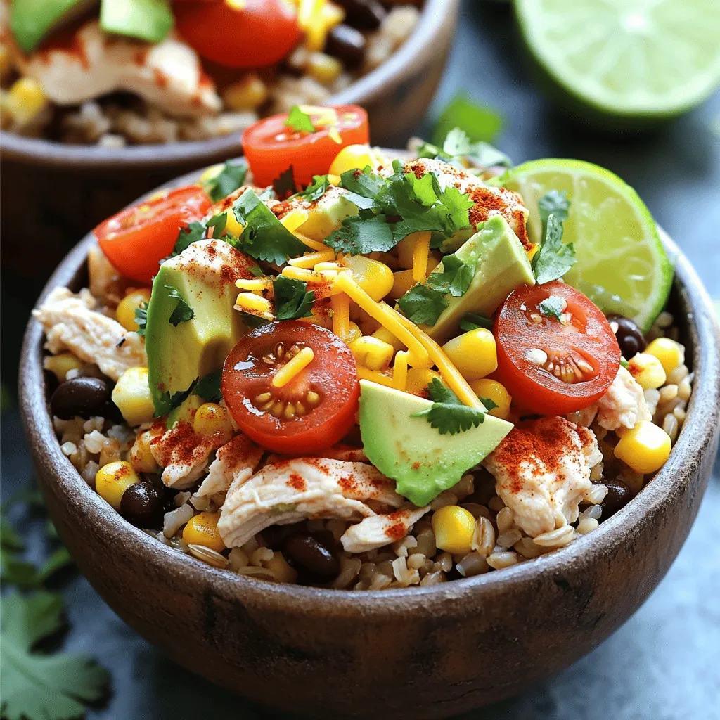For a tasty chicken burrito bowl, you need fresh and simple ingredients. Here’s what you’ll gather: - 2 cups of fluffy cooked brown rice - 1 lb diced chicken breast, preferably organic - 1 tablespoon high-quality olive oil - 1 teaspoon chili powder - 1 teaspoon ground cumin - 1/2 teaspoon garlic powder - 1/2 teaspoon onion powder - Salt and freshly cracked black pepper, to taste - 1 can of black beans, rinsed thoroughly and drained - 1 cup sweet corn (fresh, canned, or frozen) - 1 cup cherry tomatoes, lovingly halved - 1 ripe avocado, diced into bite-sized pieces - 1/2 cup shredded cheese (cheddar or a delightful Mexican blend) - 1/4 cup fresh cilantro, chopped finely - Lime wedges, for serving Each ingredient adds flavor and texture. The brown rice gives a hearty base. The chicken, seasoned with chili and cumin, adds warmth. Black beans and corn bring sweetness. Fresh tomatoes and avocado add color and freshness. Finally, cheese and cilantro give a lovely finish. This mix makes every bite a delight. For the full recipe, check out the [Full Recipe]. 1. Heat olive oil in a large skillet over medium heat. Let it shimmer a bit. 2. Add diced chicken to the skillet. Sprinkle with chili powder, cumin, garlic powder, onion powder, salt, and pepper. 3. Sauté the chicken for about 5-7 minutes. Stir it often. Ensure it is fully cooked and golden. The chicken should not be pink inside. 1. Cook the brown rice according to the package instructions. Make sure it is fluffy and tender. 2. In serving bowls, layer the rice first. Then add black beans, sweet corn, and the seasoned chicken. 3. Top each bowl with halved cherry tomatoes, diced avocado, and shredded cheese. 1. Finish each bowl with fresh cilantro and a squeeze of lime juice. This adds a bright flavor. 2. Serve the bowls right away. Include lime wedges on the side for a refreshing touch. For detailed cooking steps, check the Full Recipe. Enjoy making these easy chicken burrito bowls! To ensure your chicken is cooked through, start by cutting it into small pieces. This helps the chicken cook evenly and faster. Use a meat thermometer to check if it’s at 165°F. If you don’t have one, cut a piece open. It should be white inside, not pink. For optimal rice cooking, I recommend using a rice cooker if you have one. It makes perfect rice every time. If not, follow the package instructions carefully. Use the right water ratio for fluffy rice. Let it sit covered for a few minutes after cooking to steam. To enhance flavor, try adding a pinch of smoked paprika or cayenne pepper for heat. These spices add depth to the dish. You can also mix in fresh lime juice or diced jalapeño for a fresh kick. For serving suggestions, consider adding a dollop of sour cream or Greek yogurt. These add creaminess and balance the spices. You could also top with salsa or pico de gallo for a fresh twist. Presentation is key for restaurant-style bowls. Use deep, colorful bowls to make the dish pop. Layer the ingredients in a way that shows off their colors. Start with rice, then beans, followed by chicken, and finally the colorful toppings. For garnishing, sprinkle fresh cilantro on top for a burst of green. Add a lime wedge on the side for a splash of color and zest. You can also use a sprinkle of cheese as a finishing touch for added visual appeal. For the full recipe, check out the detailed instructions above. {{image_4}} You can change up your chicken burrito bowls with different proteins. Try tofu for a plant-based meal. Ground beef or turkey also works well if you want something heartier. Switching beans can add unique flavors too. Instead of black beans, use pinto or kidney beans. You might even try lentils for a twist. For cheese, feel free to swap cheddar for Monterey Jack or queso fresco. Each choice gives a new taste. You can make your burrito bowls sing with flavors. For a Southwestern-style bowl, add a smoky spice like chipotle. You can also use fresh cilantro and lime for a bright touch. If you prefer traditional Mexican flavors, go for a mix of cumin and coriander. For the heat lovers, add jalapeños or a dash of hot sauce. This brings a lively kick to your meal. If you need gluten-free options, use brown rice and check labels on beans and spices. Most ingredients in this recipe are gluten-free, making it easy to enjoy. For vegan adaptations, replace chicken with tofu or tempeh. Use nutritional yeast instead of cheese for a cheesy flavor without dairy. You can still enjoy a tasty burrito bowl while meeting your dietary needs. Try out these variations and create a meal that suits your taste. For detailed steps, check the Full Recipe. To keep your chicken burrito bowls fresh, use airtight containers. Glass or BPA-free plastic works best. Store them in the fridge for up to three days. Always let your food cool before sealing it up. This helps prevent moisture buildup and keeps it tasty. When it's time to eat, heat your bowls gently. The microwave is quick and easy. Use a microwave-safe dish and cover it with a damp paper towel. This keeps food moist. You can also use a skillet on low heat for better texture. Make sure to heat until it's steaming hot to ensure safety. For busy days, prep your ingredients in advance. Cook the rice and chicken ahead of time. You can store them separately. This way, you can mix and match when you're ready to eat. Batch cooking works great, too. Cook a double batch of chicken and rice. You can use them for different meals throughout the week. You can prep these burrito bowls for the week easily. Start by cooking your chicken and rice as per the recipe. After cooking, let everything cool. Store each ingredient in separate containers. This keeps them fresh longer. - Chicken: Store in an airtight container. - Rice: Keep in a fridge-safe container. - Beans and Veggies: Rinse and store properly to avoid spoilage. When ready to eat, just assemble the bowls. This method saves time on busy days. You can also mix and match ingredients based on your mood! Yes, you can freeze chicken burrito bowls. To freeze, let the cooked ingredients cool to room temperature. Then, place them in freezer-safe containers. Label the containers with the date for easy reference. - Freezing: Layer the chicken, rice, and beans. - Reheating: Thaw in the fridge overnight before reheating. Reheat in a microwave or on the stove until hot. This way, you have a tasty meal ready in no time! Adding toppings makes your burrito bowls even better. Here are some popular choices: - Sour Cream: Adds creaminess and tang. - Pico de Gallo: Fresh and zesty. - Jalapeños: For a spicy kick. - Olives: Salty and savory. - Hot Sauce: For extra heat. These toppings take your bowls to the next level. You can even try new combinations to find your favorites! This article covered how to make delicious chicken burrito bowls. You learned about essential ingredients, cooking steps, and helpful tips. I shared variations to fit different diets and how to store leftovers safely. These bowls are easy to customize and perfect for any meal. With fresh flavors and simple prep, you can enjoy a tasty dish any time. Now, gather your ingredients and start crafting your own wholesome burrito bowls!