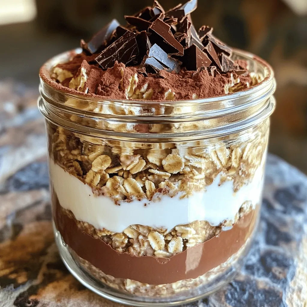 To make Tiramisu Overnight Oats, gather these simple ingredients: - 1 cup rolled oats - 1 cup almond milk (or any milk of your choice) - 2 tablespoons chia seeds - 1 tablespoon maple syrup (or honey) - 1 teaspoon vanilla extract - 1 tablespoon cocoa powder - ½ cup Greek yogurt (or a dairy-free alternative) - 1 tablespoon instant coffee granules - Dark chocolate shavings (for garnish) - Cocoa powder (for dusting) - Ground cinnamon (optional, for topping) You can easily swap ingredients to suit your taste. Here are some ideas: - Use oat milk or soy milk instead of almond milk. - Replace chia seeds with flaxseeds for a different texture. - Maple syrup can be exchanged for agave syrup or honey. - Greek yogurt can be substituted with coconut yogurt for a vegan option. - Instant coffee can be replaced with brewed coffee for a bolder flavor. Each ingredient in this recipe packs a punch of nutrients: - Rolled oats: Great for fiber and energy. - Almond milk: Low in calories and high in vitamin E. - Chia seeds: Full of omega-3 fatty acids and protein. - Maple syrup: Natural sweetener that offers antioxidants. - Vanilla extract: Adds flavor and may reduce anxiety. - Cocoa powder: Rich in antioxidants and can improve mood. - Greek yogurt: High in protein and good for gut health. - Instant coffee: Boosts energy and enhances mental alertness. - Dark chocolate: Provides antioxidants and can improve heart health. - Cocoa powder (for dusting): Adds flavor without extra calories. - Ground cinnamon: May help regulate blood sugar levels. This blend of ingredients makes Tiramisu Overnight Oats not just delicious but also nutritious. For the full recipe, check the earlier section. Making tiramisu overnight oats is simple and fun. You will need a few bowls and a jar. This recipe takes about 10 minutes to prep. Then, let it chill in the fridge for at least 4-6 hours. The oats absorb the flavors, making them taste great. 1. Mix the Base: In a medium bowl, combine 1 cup of rolled oats, 2 tablespoons of chia seeds, and 1 cup of almond milk. Stir well to coat the oats and seeds. Let this sit for 5 minutes. This helps the chia seeds soak up the milk. 2. Flavor the Oats: After 5 minutes, add 1 tablespoon of maple syrup, 1 teaspoon of vanilla extract, and 1 tablespoon of cocoa powder. Mix until everything is smooth and well combined. 3. Create the Coffee Essence: In a small bowl, dissolve 1 tablespoon of instant coffee granules in 1 tablespoon of hot water. Once mixed, stir this coffee blend into the oat mixture. This gives it that classic tiramisu taste. 4. Layer the Delight: Take half of your oat mix and layer it into a medium-sized jar. Then, add ½ cup of Greek yogurt on top of the oats to create a creamy layer. 5. Build the Second Layer: Add the rest of the oat mixture on top of the yogurt. Follow this with another layer of Greek yogurt. This makes your dessert look nice and layered. 6. Chill for Perfection: Cover the jar with a lid or plastic wrap. Place it in the fridge to chill overnight. This helps all the flavors come together. 7. Garnish and Serve: When ready, dust the top with cocoa powder. Add dark chocolate shavings for some extra flavor. You can also sprinkle ground cinnamon on top if you like. Consider taking pictures at each step. Show how the layers look. This makes it easier to follow along and adds fun to your cooking. You can also make a short video to share with friends or on social media. To make your tiramisu overnight oats shine, follow these tips: - Use rolled oats for the best texture. Quick oats may get too mushy. - Chill your oats overnight. This helps all flavors blend well. - Stir well after adding the coffee. This ensures even flavor throughout. - Use fresh cocoa powder for a rich taste. Old cocoa loses its flavor. Here are some common errors to watch out for: - Don’t skip the chia seeds. They add thickness and nutrition. - Avoid too much liquid. Stick to the recipe for the right consistency. - Don’t rush the chilling time. This step is key for flavor. - Refrain from using instant coffee directly. Always dissolve it first. To take your oats to the next level, try these ideas: - Experiment with flavored syrups like hazelnut or caramel. - Add a pinch of salt to enhance sweetness. - Mix in some nut butter for creaminess and protein. - Top with fresh fruit like bananas or berries for added freshness. You can find the full recipe for this delightful dish above. Enjoy your cooking! {{image_4}} You can switch up the flavor of your tiramisu overnight oats. Try using different sweeteners like agave syrup or coconut sugar. Add spices like nutmeg or cardamom for a warm touch. These small changes can make a big impact on taste. Making this recipe dairy-free or vegan is easy. Just replace Greek yogurt with a dairy-free yogurt. Use almond milk or coconut milk instead of regular milk. For sweetening, use maple syrup or agave. This way, everyone can enjoy the treat! Seasonal fruits can elevate your oats. In spring, add fresh strawberries for a sweet burst. In fall, try diced apples and a sprinkle of cinnamon. For a fun crunch, add nuts or seeds. These toppings add color and nutrition to your dish. You can check the Full Recipe for more details and tips. You can store leftover Tiramisu Overnight Oats in the fridge. Use an airtight container or jar. This keeps the oats fresh and ready to eat. Make sure to cover the oats well to avoid drying out. Tiramisu Overnight Oats last about 3 to 5 days in the fridge. The oats will soak up moisture over time. They may become softer, but they will still taste great. Always check for any signs of spoilage before eating. If the oats smell off or look strange, it’s best to toss them. These oats are best served cold, straight from the fridge. If you prefer them warm, heat them gently in the microwave. Add a splash of milk to keep them creamy during reheating. Top with fresh cocoa powder or chocolate shavings before enjoying. For a fun twist, add a sprinkle of cinnamon or nuts on top. Enjoy this easy, tasty treat! For the full recipe, check out the details above. To make Tiramisu Overnight Oats, start by mixing rolled oats, chia seeds, and almond milk in a bowl. Stir well and let it sit for five minutes. This helps the chia seeds soak up the milk. Next, add maple syrup, vanilla extract, and cocoa powder, mixing until smooth. Dissolve instant coffee granules in hot water and stir it into the oat mix. Layer half of this mixture in a jar, followed by Greek yogurt. Repeat with the rest of the oat mix and yogurt. Cover and chill overnight. Dust with cocoa powder and add dark chocolate shavings before serving. Yes, you can prepare Tiramisu Overnight Oats in advance. In fact, making it the night before is the best way to enjoy the flavors. The oats need time to soak and get soft. You can keep them in the fridge for up to five days. This makes it a great option for busy mornings. Tiramisu Overnight Oats are perfect for meal prep. You can make several jars at once and store them in the fridge. Each jar can be a quick breakfast option. Just grab one and go! The layers also keep well, allowing you to enjoy them all week. For the best toppings, think about adding dark chocolate shavings and a dusting of cocoa powder. You might also try a sprinkle of ground cinnamon for warmth. If you want more texture, use crushed nuts or even a drizzle of honey. These toppings add flavor and make your oats look beautiful. Yes! You can easily make Tiramisu Overnight Oats gluten-free by using gluten-free rolled oats. Most oats are naturally gluten-free, but always check the packaging. This ensures there’s no cross-contamination. All other ingredients in the recipe are gluten-free, too, so you’re all set! Tiramisu overnight oats are easy, tasty, and good for you. We covered the full list of ingredients, helpful tips, and fun variations. Remember to store leftovers well to enjoy later. With these new skills, you can create a special breakfast that fits your needs. Explore flavors and make this dish your own. Enjoy your delicious oats every day!