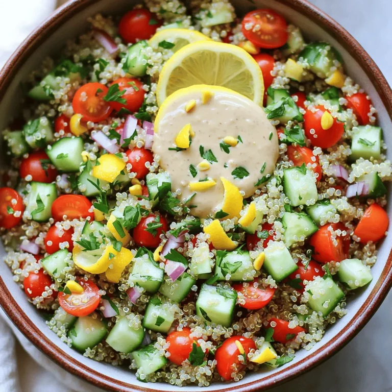 - 1 cup quinoa - 2 cups water or vegetable broth - 1 large cucumber, diced - 1 red bell pepper, diced - 1 cup cherry tomatoes, halved - 1/4 red onion, finely chopped - 1 cup fresh parsley, roughly chopped - 1/4 cup tahini - 2 tablespoons fresh lemon juice - 1 tablespoon extra virgin olive oil - 1 clove garlic, minced - Salt and freshly cracked pepper - 1/4 cup sunflower seeds - Chopped nuts (walnuts or almonds) The ingredients for your Lemon Tahini Quinoa Salad are fresh and colorful. Each one adds flavor and nutrition. Start with quinoa, which is the base of this dish. It is high in protein and gluten-free. For the salad, you need diced cucumber, red bell pepper, cherry tomatoes, red onion, and parsley. The cucumber gives crunch. The red bell pepper adds sweetness. Cherry tomatoes bring juiciness. The red onion gives a mild bite, while parsley adds a fresh taste. Next, let’s talk about the dressing. Tahini is a creamy paste made from sesame seeds. It gives richness to the salad. Lemon juice adds zing and brightness. Olive oil makes it smooth. Garlic adds depth of flavor. A pinch of salt and cracked pepper finishes it off. If you want more texture, try adding sunflower seeds or chopped nuts. They add crunch and healthy fats. This Lemon Tahini Quinoa Salad is easy to make and packed with good ingredients. You can find the Full Recipe to guide you through the steps. First, you need to cook the quinoa. Combine one cup of rinsed quinoa and two cups of water or vegetable broth in a medium saucepan. Bring the mixture to a rapid boil over medium-high heat. Once it boils, lower the heat and cover the pot. Let it simmer for about 15 minutes. The quinoa will soak up all the liquid and become fluffy. After cooking, remove it from heat and let it cool for a bit. While the quinoa cooks, you can prepare the dressing. In a small bowl, whisk together a quarter cup of tahini, two tablespoons of fresh lemon juice, one tablespoon of olive oil, and one clove of minced garlic. Mix until it becomes smooth and creamy. You can add salt and pepper to taste. Now it's time to make the salad. In a large mixing bowl, add one large diced cucumber, one diced red bell pepper, one cup of halved cherry tomatoes, one-fourth of a finely chopped red onion, and one cup of roughly chopped fresh parsley. Stir these ingredients together until they are well mixed. Next, add the cooled quinoa to the bowl with the veggies. Toss everything together gently so the ingredients blend well. Drizzle the tahini dressing over the salad and mix again. For a nice crunch, you can sprinkle a quarter cup of sunflower seeds or chopped nuts on top before serving. For the full recipe, refer to the earlier sections. Enjoy your fresh and flavorful Lemon Tahini Quinoa Salad! To make the best quinoa, start with rinsing it well. This removes any bitter coating. Use cold water and a fine mesh strainer. After rinsing, cook the quinoa in water or broth. Cooking this way adds a nice flavor. Once cooked, let it cool a bit. This helps it mix better with other ingredients. For a creamy dressing, whisk all ingredients together. Use a bowl that allows for easy mixing. If you find clumps, keep whisking until smooth. Adjust the lemon juice and tahini to match your taste. You may like it tangy or mild. Experiment to find your favorite balance. Presentation is key! Serve the salad in colorful bowls. This makes it more inviting and fun. Add lemon slices and fresh parsley on top for a pop of color. These garnishes not only look great but also add extra flavor. For a unique touch, use clear glasses to showcase the vibrant layers of the salad. Check the Full Recipe for more tips on serving! {{image_4}} You can easily boost the protein in your Lemon Tahini Quinoa Salad. Incorporate chickpeas for a hearty touch. These legumes add fiber and flavor. Diced grilled chicken also works well if you want meat. For those following a vegan diet, try tempeh or tofu. Both options soak up flavors and make the salad filling. Feel free to mix in various vegetables. Substitute or add bell peppers, carrots, or creamy avocado. These veggies add crunch and color. You can also use seasonal vegetables for extra freshness. Think of bright summer tomatoes or hearty winter squash. The key is to choose what you enjoy most. Spice up your salad with fun flavors. Add spices like cumin or paprika for a tasty twist. These spices bring warmth and depth to the dish. Fresh herbs like mint or cilantro can brighten things up, too. They add a burst of freshness that takes your salad to the next level. Store your Lemon Tahini Quinoa Salad in an airtight container in the fridge. This keeps it fresh and tasty. It’s best to eat it within 3-5 days. After this time, the flavors may fade, and veggies can lose their crunch. You can freeze quinoa salad if needed. Dress it before serving after you thaw it. Be aware that freezing may change the texture of some vegetables. It’s a good idea to use firmer veggies like bell peppers, as softer ones may not hold up well. I don’t recommend reheating salads. They taste best when served chilled. However, if you want to reheat, you can warm individual components like quinoa or cooked veggies. Just make sure to let them cool before mixing back into the salad. Enjoy the fresh, vibrant flavors! Yes, it's great for meal prep; just dress before serving. This salad stays fresh for days. You can cook the quinoa and chop the veggies in advance. When you are ready to eat, mix in the dressing. This way, the salad will taste fresh. Yes, quinoa is naturally gluten-free. It makes this salad a perfect choice for gluten-free diets. Always check that your other ingredients, like broth, are gluten-free too. This salad is friendly for many diets. You can add different vegetables, proteins, or dressings to suit your taste. Try adding chickpeas for protein or avocados for creaminess. You can also change the herbs or use a different dressing. The choices are endless! It can be a side dish or a main dish, served chilled or at room temperature. For a picnic, serve it cold. If you want a warm meal, let it sit for a bit. Dress it just before serving for the best flavor. Yes, other grains like farro or bulgur can be used as substitutes. Each grain brings a different taste and texture. You can experiment to find your favorite. Just cook them according to package directions. Check the [Full Recipe] for more details! This blog post covered how to make a tasty Lemon Tahini Quinoa Salad. You learned the main ingredients, cooking steps, and tips for perfecting the dish. Remember, feel free to add your favorite proteins or veggies. You can also make it ahead of time for meal prep. Enjoy this salad fresh and chilled for the best flavor. Experiment with it, and you'll find your perfect mix!