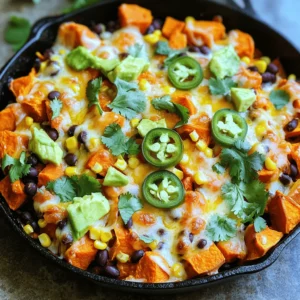 - 2 large sweet potatoes, peeled and diced into 1-inch cubes - 1 tablespoon olive oil - 1 teaspoon smoked paprika - 1/2 teaspoon ground cumin - Sea salt and freshly ground pepper to taste - 1 can (15 oz) black beans, rinsed and drained well - 1 cup canned corn, drained - 1 cup cherry tomatoes, halved - 1 ripe avocado, diced - 1/2 cup shredded cheese (cheddar or a vegan cheese alternative) - 2 tablespoons fresh cilantro, finely chopped - 1 jalapeño, thinly sliced (optional, for heat) - Lime wedges for serving - Vegan cheese alternative for a dairy-free option - Different beans like pinto or kidney beans - Seasonal vegetables such as zucchini or bell peppers Loaded Sweet Potato Nacho Skillet is fun and easy to make with these ingredients. Sweet potatoes offer a sweet base that pairs well with savory toppings. You can mix and match ingredients as you like. For spice, add jalapeños. Lime wedges brighten the dish and balance the flavors. If you want to go vegan, swap cheese for a plant-based option. You can also use different beans or fresh veggies based on what you have. With all these choices, your nacho skillet will be unique every time! Check out the Full Recipe for complete details. 1. Preheat the Oven: Start by preheating your oven to 400°F (200°C). A hot oven will help roast the sweet potatoes perfectly. 2. Prepare Sweet Potatoes: In a large bowl, add the diced sweet potatoes. Drizzle with olive oil. Then sprinkle in smoked paprika, cumin, sea salt, and black pepper. Toss everything together until the sweet potatoes are evenly coated. 3. Roast Sweet Potatoes: Spread the seasoned sweet potatoes on a baking sheet in one layer. Roast them in the oven for about 25-30 minutes. Flip them halfway through for even cooking. This ensures a crispy outside and tender inside. 4. Lower Oven Temperature: Once the sweet potatoes are tender and a bit crispy, reduce the oven temperature to 350°F (175°C). This prepares the oven for the next step. 5. Layer Ingredients: In a large, oven-safe skillet, layer the roasted sweet potatoes on the bottom. Next, add the rinsed black beans, drained corn, and halved cherry tomatoes. Make sure to spread them evenly over the sweet potatoes. 6. Add Cheese: Generously sprinkle shredded cheese on top of the layered ingredients. This will melt beautifully and add richness to your dish. 7. Bake Until Bubbly: Place the skillet back in the oven. Bake for about 10-15 minutes, or until the cheese is melted and bubbly. Keep an eye on it to avoid over-browning. 8. Finish and Cool: Carefully remove the skillet from the oven. Let it cool for a minute. Top with diced avocado, jalapeños (if you want heat), and chopped fresh cilantro. 9. Serve With Style: Serve with lime wedges on the side. Squeeze lime juice over the nachos for a fresh burst of flavor. This adds a nice contrast to the rich ingredients. For the full recipe, check out the detailed section above. Enjoy your colorful and tasty Loaded Sweet Potato Nacho Skillet! To get crispy sweet potatoes, cut them into even cubes. This helps them cook evenly. Toss them with olive oil and spices for the best flavor. Roast at 400°F for 25-30 minutes. Flip them halfway for crispiness on all sides. Don’t overcrowd the pan; give them space to roast well. Layer your ingredients wisely. Start with the crispy sweet potatoes at the bottom. Add black beans, corn, and tomatoes next. This way, the flavors mix perfectly. When you sprinkle cheese on top, it melts into the layers. This creates a gooey, flavorful dish. Serve your nacho skillet with lime wedges. The lime adds a fresh taste that brightens the dish. You can also top it with diced avocado and fresh cilantro. For extra heat, add sliced jalapeños. This makes each bite fun and flavorful. Enjoy the colors and textures when you serve it! For the complete recipe, check out the Full Recipe. {{image_4}} You can easily make this dish plant-based. Swap cheese for vegan cheese. Use lentils or chickpeas instead of black beans. Both add protein and flavor. You can also add spinach or kale for more greens. These choices keep the dish tasty and healthy. To change up the flavor, add spices or sauces. Try taco seasoning for a bold taste. Hot sauce can add heat if you like spice. You can also mix in some salsa or guacamole for a fresh twist. These simple changes can create a new experience each time you make it. Seasonal veggies can make this dish even better. In summer, replace tomatoes with fresh bell peppers. In fall, use butternut squash or zucchini. These changes not only add fun colors but also boost flavor. You can also top with fresh herbs like basil or parsley based on what’s in season. For the full recipe, check out the detailed instructions. To keep your loaded sweet potato nacho skillet fresh, store it in an airtight container. Make sure it cools to room temperature first. Keep it in the fridge for up to three days. If you want to save it for later, this dish stores well. Just layer it carefully to avoid mushy ingredients. When you're ready to enjoy your leftovers, preheat your oven to 350°F (175°C). Place the skillet in the oven for about 10-15 minutes. This method helps keep the cheese melty and the sweet potatoes warm. You can also use a microwave for a quick reheat. Just cover it to prevent drying out. Heat for 1-2 minutes, stirring halfway through. Freezing your nacho skillet is easy and effective. Portion it into freezer-safe containers. It lasts well for up to three months. To thaw, place it in the fridge overnight or use the microwave on defrost. When ready to eat, reheat it in the oven for the best flavor. This way, you will keep that delicious taste without losing any quality. Yes, you can prepare it ahead. Start by roasting the sweet potatoes. Once they cool, store them in the fridge. You can layer the other ingredients in the skillet later. This makes it easy to bake right before serving. If you want, you can even bake the whole dish ahead. Just reheat it in the oven before serving. If you don’t have sweet potatoes, use regular potatoes or butternut squash. Both work well and have a nice texture. You can also try other root veggies like parsnips or carrots. These will give you a slightly different taste but still be delicious. To kick up the heat, add more jalapeños. You can also mix in some hot sauce. Another option is to use pepper jack cheese instead of regular cheese. If you love spice, try adding diced green chilies or a sprinkle of cayenne pepper. Adjust the heat to fit your taste! For the full recipe, check out the Loaded Sweet Potato Nacho Skillet. This blog post shows how to make a delicious loaded sweet potato nacho skillet. It covers all the key ingredients, step-by-step cooking, and helpful tips. I provided variations for different diets, plus smart storage methods. You can easily adapt the recipe to fit your tastes. Remember, great food starts with fresh ingredients and simple steps. Enjoy making this dish that everyone will love! It's fun to mix flavors and get creative while cooking.