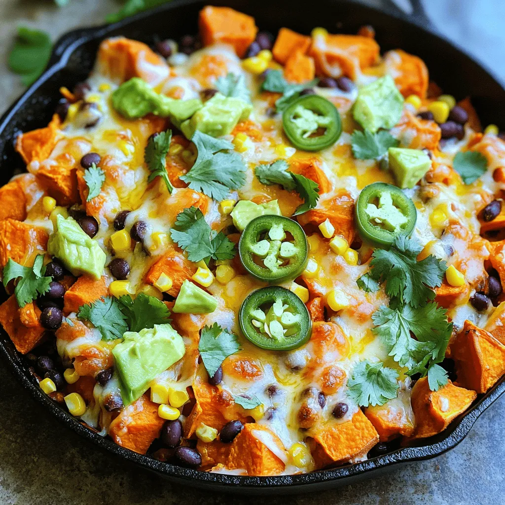- 2 large sweet potatoes, peeled and diced into 1-inch cubes - 1 tablespoon olive oil - 1 teaspoon smoked paprika - 1/2 teaspoon ground cumin - Sea salt and freshly ground pepper to taste - 1 can (15 oz) black beans, rinsed and drained well - 1 cup canned corn, drained - 1 cup cherry tomatoes, halved - 1 ripe avocado, diced - 1/2 cup shredded cheese (cheddar or a vegan cheese alternative) - 2 tablespoons fresh cilantro, finely chopped - 1 jalapeño, thinly sliced (optional, for heat) - Lime wedges for serving - Vegan cheese alternative for a dairy-free option - Different beans like pinto or kidney beans - Seasonal vegetables such as zucchini or bell peppers Loaded Sweet Potato Nacho Skillet is fun and easy to make with these ingredients. Sweet potatoes offer a sweet base that pairs well with savory toppings. You can mix and match ingredients as you like. For spice, add jalapeños. Lime wedges brighten the dish and balance the flavors. If you want to go vegan, swap cheese for a plant-based option. You can also use different beans or fresh veggies based on what you have. With all these choices, your nacho skillet will be unique every time! Check out the Full Recipe for complete details. 1. Preheat the Oven: Start by preheating your oven to 400°F (200°C). A hot oven will help roast the sweet potatoes perfectly. 2. Prepare Sweet Potatoes: In a large bowl, add the diced sweet potatoes. Drizzle with olive oil. Then sprinkle in smoked paprika, cumin, sea salt, and black pepper. Toss everything together until the sweet potatoes are evenly coated. 3. Roast Sweet Potatoes: Spread the seasoned sweet potatoes on a baking sheet in one layer. Roast them in the oven for about 25-30 minutes. Flip them halfway through for even cooking. This ensures a crispy outside and tender inside. 4. Lower Oven Temperature: Once the sweet potatoes are tender and a bit crispy, reduce the oven temperature to 350°F (175°C). This prepares the oven for the next step. 5. Layer Ingredients: In a large, oven-safe skillet, layer the roasted sweet potatoes on the bottom. Next, add the rinsed black beans, drained corn, and halved cherry tomatoes. Make sure to spread them evenly over the sweet potatoes. 6. Add Cheese: Generously sprinkle shredded cheese on top of the layered ingredients. This will melt beautifully and add richness to your dish. 7. Bake Until Bubbly: Place the skillet back in the oven. Bake for about 10-15 minutes, or until the cheese is melted and bubbly. Keep an eye on it to avoid over-browning. 8. Finish and Cool: Carefully remove the skillet from the oven. Let it cool for a minute. Top with diced avocado, jalapeños (if you want heat), and chopped fresh cilantro. 9. Serve With Style: Serve with lime wedges on the side. Squeeze lime juice over the nachos for a fresh burst of flavor. This adds a nice contrast to the rich ingredients. For the full recipe, check out the detailed section above. Enjoy your colorful and tasty Loaded Sweet Potato Nacho Skillet! To get crispy sweet potatoes, cut them into even cubes. This helps them cook evenly. Toss them with olive oil and spices for the best flavor. Roast at 400°F for 25-30 minutes. Flip them halfway for crispiness on all sides. Don’t overcrowd the pan; give them space to roast well. Layer your ingredients wisely. Start with the crispy sweet potatoes at the bottom. Add black beans, corn, and tomatoes next. This way, the flavors mix perfectly. When you sprinkle cheese on top, it melts into the layers. This creates a gooey, flavorful dish. Serve your nacho skillet with lime wedges. The lime adds a fresh taste that brightens the dish. You can also top it with diced avocado and fresh cilantro. For extra heat, add sliced jalapeños. This makes each bite fun and flavorful. Enjoy the colors and textures when you serve it! For the complete recipe, check out the Full Recipe. {{image_4}} You can easily make this dish plant-based. Swap cheese for vegan cheese. Use lentils or chickpeas instead of black beans. Both add protein and flavor. You can also add spinach or kale for more greens. These choices keep the dish tasty and healthy. To change up the flavor, add spices or sauces. Try taco seasoning for a bold taste. Hot sauce can add heat if you like spice. You can also mix in some salsa or guacamole for a fresh twist. These simple changes can create a new experience each time you make it. Seasonal veggies can make this dish even better. In summer, replace tomatoes with fresh bell peppers. In fall, use butternut squash or zucchini. These changes not only add fun colors but also boost flavor. You can also top with fresh herbs like basil or parsley based on what’s in season. For the full recipe, check out the detailed instructions. To keep your loaded sweet potato nacho skillet fresh, store it in an airtight container. Make sure it cools to room temperature first. Keep it in the fridge for up to three days. If you want to save it for later, this dish stores well. Just layer it carefully to avoid mushy ingredients. When you're ready to enjoy your leftovers, preheat your oven to 350°F (175°C). Place the skillet in the oven for about 10-15 minutes. This method helps keep the cheese melty and the sweet potatoes warm. You can also use a microwave for a quick reheat. Just cover it to prevent drying out. Heat for 1-2 minutes, stirring halfway through. Freezing your nacho skillet is easy and effective. Portion it into freezer-safe containers. It lasts well for up to three months. To thaw, place it in the fridge overnight or use the microwave on defrost. When ready to eat, reheat it in the oven for the best flavor. This way, you will keep that delicious taste without losing any quality. Yes, you can prepare it ahead. Start by roasting the sweet potatoes. Once they cool, store them in the fridge. You can layer the other ingredients in the skillet later. This makes it easy to bake right before serving. If you want, you can even bake the whole dish ahead. Just reheat it in the oven before serving. If you don’t have sweet potatoes, use regular potatoes or butternut squash. Both work well and have a nice texture. You can also try other root veggies like parsnips or carrots. These will give you a slightly different taste but still be delicious. To kick up the heat, add more jalapeños. You can also mix in some hot sauce. Another option is to use pepper jack cheese instead of regular cheese. If you love spice, try adding diced green chilies or a sprinkle of cayenne pepper. Adjust the heat to fit your taste! For the full recipe, check out the Loaded Sweet Potato Nacho Skillet. This blog post shows how to make a delicious loaded sweet potato nacho skillet. It covers all the key ingredients, step-by-step cooking, and helpful tips. I provided variations for different diets, plus smart storage methods. You can easily adapt the recipe to fit your tastes. Remember, great food starts with fresh ingredients and simple steps. Enjoy making this dish that everyone will love! It's fun to mix flavors and get creative while cooking.