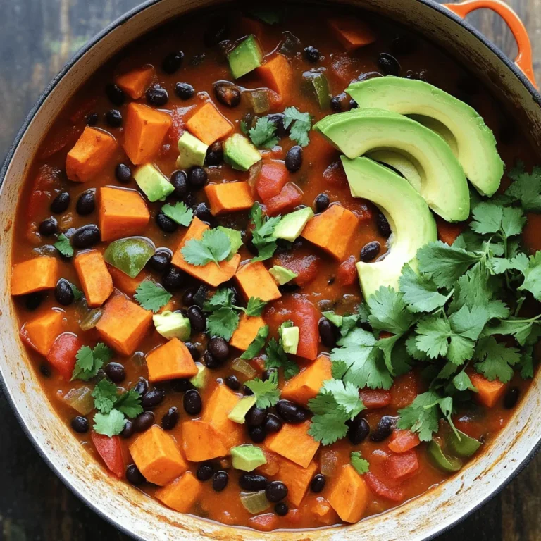 Sweet potato black bean chili is full of tasty and healthy ingredients. Here are the main ones: - Sweet Potatoes: These root veggies add natural sweetness and creaminess. They are high in vitamins A and C, plus fiber. - Black Beans: Packed with protein and fiber, they make this dish filling. They also add a nice texture. - Diced Tomatoes: They bring acidity and moisture. This adds depth to the chili's flavor. - Onion: Chopped onion gives the dish a savory base. It adds sweetness when cooked down. - Garlic: Fresh garlic adds a punch of flavor. It also offers various health benefits. - Bell Pepper: It adds crunch and color. Bell peppers are rich in vitamin C. - Chili Powder: This spice blend brings warmth and depth. It gives the chili its signature flavor. - Ground Cumin: It enhances the dish with earthiness. Cumin is known for its digestive benefits. - Smoked Paprika: This spice adds a smoky note. It gives the chili a unique taste. - Cayenne Pepper: Use this for heat. Adjust it to your spice preference. - Vegetable Broth: It adds liquid and flavor. Use low-sodium broth for a healthier option. - Olive Oil: This is used for sautéing. It’s a healthier fat choice. - Salt and Black Pepper: These basic seasonings enhance all flavors. - Fresh Cilantro: It’s for garnish. Cilantro adds freshness and color. - Avocado: Sliced avocado serves as a creamy topping. It adds healthy fats. You can change up the recipe to suit your taste. Here are some ideas: - Add-ins: Try corn, zucchini, or diced carrots for more veggies. They add more color and nutrients. - Alternative Spices: Consider adding coriander or oregano for extra flavor. These spices can change the chili's profile. - Beans: You can swap black beans for kidney beans or pinto beans. Each type has its own taste and texture. - Vegetables: Use any seasonal veggies you have. They can make the chili unique and fresh. Garnishes can make the dish look great and taste even better. Here are some top choices: - Cilantro Leaves: A sprinkle on top adds color and freshness. - Sliced Avocado: Place slices on the side or on top for creaminess. - Lime Wedges: Serve with lime for a zesty kick. Squeeze it over the chili for added brightness. - Cheese: If you eat dairy, sprinkle cheese on top. It adds richness and flavor. - Sour Cream or Greek Yogurt: A dollop of either can cool down the heat and add creaminess. Start by gathering your ingredients. This makes cooking smoother. Chop the onion and bell pepper into small pieces. I find it helps to use a sharp knife for clean cuts. For the sweet potatoes, peel them first. Cut them into 1-inch cubes for even cooking. To chop the onion, cut it in half from root to tip. Remove the skin and lay it flat. Slice down and across to dice it well. For the bell pepper, cut off the top and bottom. Remove the seeds, then slice it into strips before chopping. Heat the olive oil in a large pot over medium heat. Add the chopped onion and bell pepper. Sauté them for about 5 minutes. They should become soft and a bit clear. Next, add the minced garlic and stir for 1-2 minutes. You want it fragrant but not burnt. Now, add the sweet potato cubes. Sprinkle in the chili powder, cumin, smoked paprika, and cayenne. Stir well to coat the sweet potatoes with spices. Let them cook for 2-3 minutes to bring out the flavor. Pour in the vegetable broth and add the canned tomatoes with their juices. Add the rinsed black beans too. Season with salt and pepper. Increase the heat until it boils. Once boiling, reduce the heat to low. Cover the pot and let it simmer for 25-30 minutes. This step is key for deep flavor. After simmering, taste the chili. Adjust the seasoning as needed. You might want more salt or spices. For a perfect consistency, you can mash a few sweet potato cubes against the pot's side. This thickens the chili without losing texture. Serve it hot, garnished with fresh cilantro leaves. Add avocado slices for a creamy touch. The contrast of flavors and textures makes this dish special. For the full recipe, check the section above. Enjoy your cooking! For this chili, I recommend using a large pot or a Dutch oven. These pots hold heat well and help spread it evenly. Start on medium heat. This keeps the veggies from burning while they soften. You can add more oil if it feels too dry. To boost the flavor, sauté your onions and bell peppers until they are soft and sweet. When you add spices, cook them for a couple of minutes. This brings out their full taste. Stir well, so the sweet potatoes soak up all the spice goodness. To save time, you can chop your veggies ahead of time. Store them in the fridge in separate containers. This way, when you're ready to cook, just toss them in the pot. You can also make the chili a day before. It tastes even better when the flavors mix overnight. If you want to prepare it for busy nights, make a big batch and freeze half. This dish holds up well in the freezer. It’s perfect for quick meals later. This chili pairs well with rice or cornbread. The soft texture of the bread works well against the chili’s bold flavors. Top it with fresh cilantro and avocado for added creaminess. If you have leftovers, try using them in tacos or burritos. They add a hearty twist! For a fun twist, serve the chili over baked potatoes. This adds a new layer of flavor and makes for a filling meal too. You can find the full recipe linked above. Enjoy cooking! {{image_4}} You can easily change the protein in this chili. If you want to add meat, ground turkey or beef works well. Just brown the meat before adding the vegetables. For a plant-based twist, try adding lentils or chickpeas. Both are great for a hearty meal that fits a vegan or vegetarian diet. Not everyone likes the same spice level. To make your chili milder, skip the cayenne pepper. You can also add a bit of sugar to balance the heat. If you like it hot, feel free to add more cayenne or even some fresh jalapeños. Other spice blends, like taco seasoning, can give your chili a fun twist. Seasonal veggies can boost your chili’s flavor and nutrition. Try adding corn, zucchini, or spinach for a fresh taste. You can also toss in some black olives or diced bell peppers. These add color and flavor, making your chili even heartier than the basics. For the full recipe, check out the detailed steps to make it all come together. Store your sweet potato black bean chili in the fridge for up to 5 days. Use an airtight container to keep it fresh. If you want to freeze it, use freezer-safe containers or heavy-duty freezer bags. Remove as much air as possible to prevent freezer burn. Label your containers with the date for easy tracking. To reheat, the stovetop works best. Pour the chili into a pot over medium heat. Stir occasionally until it's hot. You can also use the microwave. Place the chili in a microwave-safe bowl. Heat in short bursts, stirring in between, to ensure even heating. This way, you keep all the great flavors intact. In the fridge, your chili lasts about 5 days. If you freeze it, you can enjoy it for 3 months. Watch for signs of spoilage, like an off smell or mold. If you see any, it's best to toss it out. Keeping track of your chili's age ensures you enjoy it at its best! Cooking Sweet Potato Black Bean Chili takes about 40 minutes. You need 10 minutes for prep and 30 minutes for cooking. This total time gives you a warm, filling meal. Yes, you can make this chili in a slow cooker. First, sauté the onion, garlic, and bell pepper on the stove. Then, add all ingredients to the slow cooker. Set it on low for 6-8 hours or high for 3-4 hours. This method allows the flavors to blend nicely. You can serve chili with several tasty sides. Try cornbread, rice, or tortilla chips. A fresh salad adds color and crunch. For a creamy touch, serve slices of avocado on the side. Yes, this chili is gluten-free! All the ingredients are safe for gluten-free diets. Just ensure the vegetable broth you choose is labeled gluten-free. Enjoy this hearty dish without worry. For the full recipe, check out the Sweet Potato & Black Bean Chili. This blog post shared how to make Sweet Potato Black Bean Chili from scratch. We looked at key ingredients and their benefits, plus optional add-ins for extra flavor. You learned efficient cooking steps to create a tasty dish with perfect consistency. I gave you helpful tips for meal prep and served suggestions to enjoy leftovers. In closing, this chili is versatile and easy to adapt. Whether you prefer it spicy or mild, you can create a dish just for you. Enjoy making it again and again!