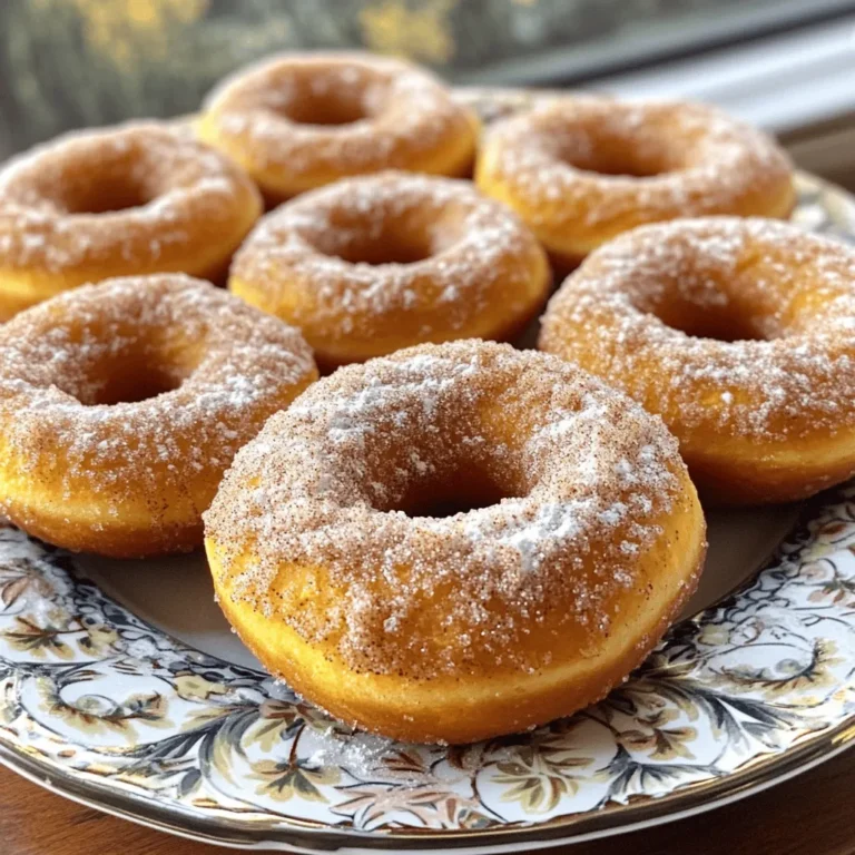 To make these tasty donuts, gather the following ingredients: - 1 medium sweet potato (approximately 1 cup, cooked and mashed) - 1 ½ cups all-purpose flour - 1 teaspoon baking powder - ½ teaspoon baking soda - ½ teaspoon ground cinnamon - ¼ teaspoon ground nutmeg - ¼ teaspoon salt - ½ cup granulated sugar - 1 large egg - ¼ cup milk (dairy or non-dairy) - ¼ cup unsalted butter, melted - 1 teaspoon vanilla extract - ¼ cup granulated sugar (for coating) - 1 tablespoon ground cinnamon (for coating) Sweet potatoes add flavor and moisture to the donuts. You can use any variety. If you want a quicker option, use canned sweet potato puree. Instead of all-purpose flour, try a gluten-free blend for a gluten-free version. For a healthier twist, swap granulated sugar with coconut sugar. You can also use applesauce instead of butter for a dairy-free option. Each donut has about 150 calories. Here's a breakdown of the nutrition: - Total fat: 6g - Saturated fat: 3.5g - Carbohydrates: 24g - Fiber: 1g - Sugars: 10g - Protein: 2g This recipe makes 12 donuts, so you can enjoy them without too much guilt! Feel free to explore the [Full Recipe](#) for more details and tips. Start by preheating your oven to 375°F (190°C). This ensures even baking. While the oven heats, grab your donut pan. Lightly grease it or use non-stick cooking spray. This step keeps the donuts from sticking. In a medium bowl, whisk together 1 ½ cups of all-purpose flour, 1 teaspoon of baking powder, and ½ teaspoon of baking soda. Add ½ teaspoon of ground cinnamon, ¼ teaspoon of ground nutmeg, and ¼ teaspoon of salt. Mix until everything is well combined. Set this dry mix aside. In a large bowl, combine ½ cup of granulated sugar with 1 cup of cooked and mashed sweet potato. Use a fork or mixer to blend until smooth. Next, add 1 large egg, ¼ cup of milk (dairy or non-dairy), ¼ cup of melted unsalted butter, and 1 teaspoon of vanilla extract. Stir gently until it’s creamy and lump-free. Now, gradually fold the dry mixture into your sweet potato mix. Use a spatula to combine without overmixing. This keeps your donuts light and fluffy. To fill the donut pan, use a piping bag or ziplock bag with a snipped corner. Fill each cavity about ¾ full with batter. Bake the donuts for 12 to 15 minutes. Check for doneness with a toothpick; it should come out clean. Once baked, let them rest in the pan for about 5 minutes. Then, transfer the donuts to a wire rack to cool completely. While they cool, prepare your cinnamon sugar. In a shallow bowl, mix ¼ cup of granulated sugar with 1 tablespoon of ground cinnamon. Once the donuts are cool, brush each with melted butter. Roll or toss them in the cinnamon sugar mixture for a sweet finish. Enjoy your Cinnamon Sugar Sweet Potato Donuts! For a more detailed guide, refer to the Full Recipe. Making these donuts can be fun, but some mistakes can ruin them. Here are a few to watch out for: - Overmixing the batter: This can make your donuts tough. Mix until just combined. - Not measuring ingredients: Use precise measurements for the best results. - Skipping the cooling step: Donuts need to cool before coating. This helps the sugar stick better. Texture is key for these donuts. To get it just right, follow these tips: - Use fresh sweet potatoes: They should be soft and creamy when mashed. - Check your oven temp: An oven thermometer can help. Donuts bake best at 375°F. - Fill the pan correctly: Don’t overfill. Aim for ¾ full for the best rise. How you serve these donuts can make them even better. Here are some creative ideas: - Garnish with extra cinnamon sugar: Just a light sprinkle adds a nice touch. - Serve warm: Warm donuts taste best and melt in your mouth. - Pair with coffee or tea: The flavors blend perfectly for a delightful treat. For the full recipe, don’t forget to check the complete guide! {{image_4}} To make these donuts gluten-free, swap all-purpose flour with a gluten-free blend. Look for one that has xanthan gum for better texture. For a vegan option, replace the egg with a flaxseed or chia seed mixture. Mix 1 tablespoon of ground seeds with 2.5 tablespoons of water and let it sit for 5 minutes. Use almond milk or any plant-based milk instead of regular milk. These swaps keep the donuts tasty and light. You can add fun flavors to your donuts. Try stirring in a pinch of ginger or cloves for a warm taste. You can also add chocolate chips or nuts for a nice crunch. Dried fruits like cranberries or raisins add sweetness and chewiness. During the fall, consider a dash of pumpkin spice for a seasonal twist. Mix and match to create your perfect donut flavor! If you want to dress up your donuts, try a simple icing. Mix powdered sugar with a splash of milk to make a glaze. You can add vanilla or almond extract for extra flavor. Drizzle it over the warm donuts for a sweet touch. For a chocolate glaze, melt dark chocolate and dip the tops of the donuts. This makes them extra special. Don’t forget to sprinkle some crushed nuts on top for added crunch! For the complete process, check the Full Recipe. To keep your donuts fresh, store them in an airtight container. Place parchment paper between layers to prevent sticking. Keep the container at room temperature. They will stay good for up to three days. If you need them to last longer, consider freezing. To freeze the donuts, first let them cool completely. Wrap each donut in plastic wrap. Then place the wrapped donuts in a freezer-safe bag. They can last up to three months in the freezer. When ready to eat, just thaw them at room temperature. To reheat, preheat your oven to 350°F (175°C). Place the donuts on a baking sheet. Heat for about 5-7 minutes, just until warm. This helps keep them soft and tasty. Avoid using the microwave, as it can make the donuts tough. Cinnamon Sugar Sweet Potato Donuts last about 2-3 days at room temperature. Keep them in an airtight container to stay fresh. You can also place them in the fridge for up to a week. Just remember, cold donuts may not taste as good! Yes, you can use other types of sweet potatoes. Look for varieties like purple or white sweet potatoes. Each type will add a different flavor and color. Just make sure to cook and mash them first for the best results. To make these donuts ahead of time, you can bake them a day early. Store the cooled donuts in an airtight container. You can also freeze them. Just thaw and warm them before serving. This way, they stay fresh and tasty! Using a donut pan is the best way to shape these donuts. It helps them bake evenly and hold their form. If you don’t have a donut pan, you can use a muffin tin. Just know that the shape and texture will differ a bit. These Cinnamon Sugar Sweet Potato Donuts are fun to make and tasty to eat. We covered the key ingredients and shared tips for perfect texture. Consider swapping ingredients for healthier versions, and don’t forget to explore flavor variations. Proper storage helps keep leftovers fresh, making your treats last longer. Finally, remember that you can adjust the recipe to fit your needs. Enjoy baking these delightful donuts and sharing them with others!