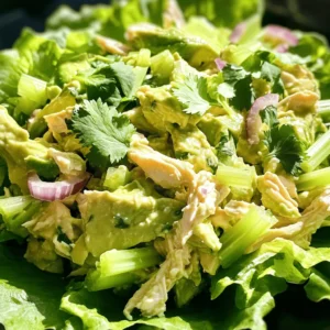 - 2 cups cooked chicken, shredded - 1 ripe avocado, halved and pitted - 1/4 cup plain Greek yogurt - 1 tablespoon Dijon mustard - 1 tablespoon lemon juice - 1/4 cup celery, finely chopped - 1/4 cup red onion, finely chopped - 1/4 cup cilantro, freshly chopped (or parsley) - Salt and pepper to taste - 1/4 teaspoon garlic powder - Lettuce leaves or whole grain wraps for serving The first step to a great creamy avocado chicken salad is gathering your ingredients. Start with the chicken. You can use grilled, roasted, or even rotisserie chicken. Shred it nicely so it mixes well. Next, grab a ripe avocado. Look for one that gives slightly when you press it. This means it's ready to mash. For the dressing, plain Greek yogurt adds creaminess without too many extra calories. The Dijon mustard gives a tang that brightens the dish. Don't skip the lemon juice. It adds freshness and helps the avocado stay green. Chop your celery and red onion finely. This gives your salad a nice crunch and flavor. Cilantro adds a fresh touch, but if you don't like it, parsley works too. Season with salt, pepper, and a little garlic powder. These simple spices bring out the flavors. Finally, you can serve this salad in lettuce leaves for a light meal or in wraps for a filling option. You can find the Full Recipe for detailed steps! - Cups to grams and ounces: 1 cup of cooked chicken is about 150 grams or 5.3 ounces. - Metric measurements: 1/4 cup is about 60 milliliters. - Best yogurt for creaminess: Look for full-fat Greek yogurt for a rich taste. - Suggested types of chicken: Rotisserie chicken is tasty and saves time. To mash the avocado, cut it in half and remove the pit. Use a spoon to scoop out the green flesh into a bowl. Then, take a fork and mash the avocado until it is smooth. This makes a creamy base for our salad. To keep the avocado fresh, add a splash of lemon juice right away. This helps prevent browning and keeps your salad looking great. Next, combine the mashed avocado with plain Greek yogurt and Dijon mustard in the same bowl. Mix these ingredients well until they form a smooth dressing. Lemon juice is key in this mix. It adds a bright flavor and helps balance the creaminess of the avocado and yogurt. Without it, the dressing may taste flat. Now, take a larger bowl and add 2 cups of shredded chicken, finely chopped celery, diced red onion, and fresh cilantro. These ingredients add crunch and flavor to the salad. Pour the creamy avocado dressing over the chicken and veggies. Gently fold the mixture using a spatula. This ensures everything is coated well. Season with garlic powder, salt, and pepper for extra taste. For serving, you can use lettuce leaves or whole grain wraps. It’s a fun way to enjoy this creamy avocado chicken salad. For the full recipe, check out the earlier section! To keep your creamy avocado chicken salad fresh, store it in an airtight container. This helps prevent the salad from browning. Use a layer of plastic wrap pressed against the surface to minimize air exposure. The salad lasts in the fridge for about three days. After that, the avocado may start to brown, and the flavors can fade. You can easily change this recipe to fit your needs. For a lower-fat option, swap Greek yogurt for a lighter yogurt or a dairy-free alternative. If you like extra crunch, add chopped bell peppers or carrots. For protein, consider adding chickpeas or nuts. You can also mix in fruits like grapes or apples for a sweet touch. Make your salad look beautiful by serving it in lettuce cups. This adds a nice crunch and makes it easy to grab. You can also use whole grain wraps and cut them into pinwheels for a fun twist. Garnish with fresh herbs like cilantro or parsley. A few lemon wedges on the side add a pop of color and flavor. For the full recipe, see the details above. {{image_4}} For a low-carb option, swap the Greek yogurt with mashed cauliflower. This keeps the salad creamy while cutting carbs. You can also use shredded zucchini in place of chicken for a lighter version. If you want a vegan-friendly salad, replace the yogurt with silken tofu or avocado. Both options keep it creamy without dairy. Adding spices can change the taste of your salad. Try a hint of cayenne pepper for heat. A dash of smoked paprika gives a nice, smoky flavor. You can also add fresh herbs like dill or basil for a refreshing twist. These herbs brighten the dish and add layers of taste. You can serve your creamy avocado chicken salad in many ways. Try it on whole grain bread or as a filling in a wrap. It also works great as a dip for crackers or vegetable sticks. This makes it a fun party dish. A colorful presentation always makes it more inviting! For more details, check the Full Recipe. Store your creamy avocado chicken salad in the fridge. Keep it at 32°F to 40°F. This range keeps the salad fresh. Use an airtight container to block air and moisture. This helps maintain texture and taste. Consume within three days for the best flavor. If it changes color, that’s a sign to toss it. You can freeze creamy avocado chicken salad, but it might change texture. The avocado may turn mushy after thawing. If you choose to freeze, use a freezer-safe container. This helps avoid freezer burn. Leave some space in the container for expansion. Use within one month for the best quality. To reheat chicken salad, do it gently. Place it in the fridge overnight to thaw. Then, warm it slowly in a pan over low heat. Stir often to keep it even. Avoid the microwave, as it can make the salad watery. If you want to serve cold, just mix it well before eating. This keeps the flavor and consistency intact. Creamy avocado chicken salad lasts about 3 to 4 days in the fridge. Store it in an airtight container to keep it fresh. Always check for any off smells or changes in color before eating. If you notice anything unusual, it’s best to discard it. Yes, you can use canned chicken if you need to save time. It’s convenient and often ready to eat. However, canned chicken may have a different texture and taste than fresh cooked chicken. It can be saltier too, so adjust your seasoning accordingly. You can use plain yogurt or sour cream if you need a different option. For a dairy-free version, consider using mashed silken tofu or avocado. Both alternatives can add creaminess without changing the taste too much. Each option has its unique flavor, so pick what fits your diet best. Yes, creamy avocado chicken salad is great for meal prep. Make it ahead of time and store it in the fridge. Just remember to keep the salad in a sealed container. To keep it fresh, add the avocado dressing just before serving. This helps avoid browning and keeps the salad tasty. For the full recipe, check out the details above. This blog post covers how to make a creamy avocado chicken salad using fresh ingredients. You learned about key ingredients and how to prepare them effectively. The salad is easy to customize and fun to serve. Keeping leftovers and exploring variations can help you enjoy this dish longer. Feel free to experiment with flavors and presentations. Enjoy making this healthy salad your own!