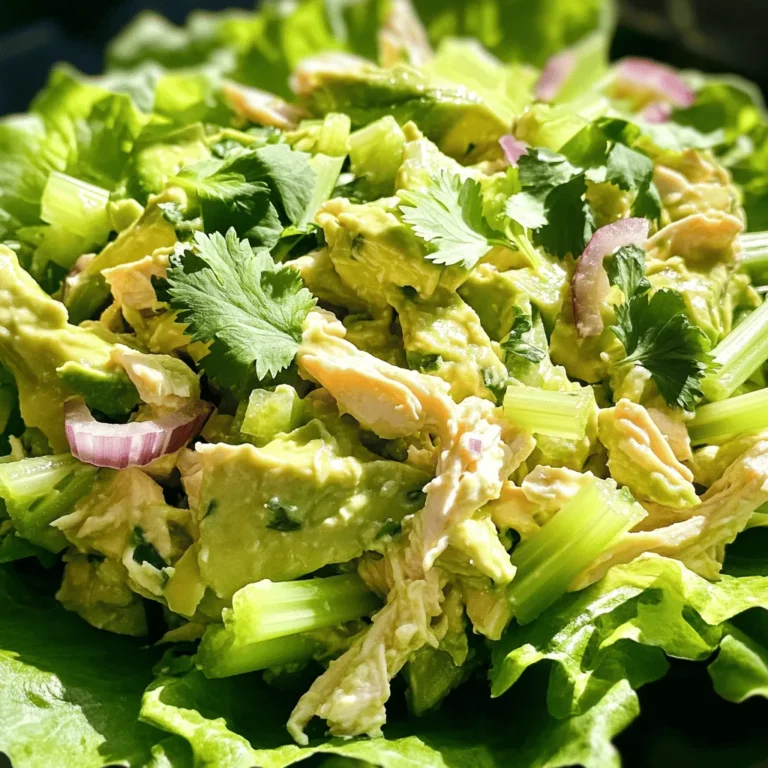 - 2 cups cooked chicken, shredded - 1 ripe avocado, halved and pitted - 1/4 cup plain Greek yogurt - 1 tablespoon Dijon mustard - 1 tablespoon lemon juice - 1/4 cup celery, finely chopped - 1/4 cup red onion, finely chopped - 1/4 cup cilantro, freshly chopped (or parsley) - Salt and pepper to taste - 1/4 teaspoon garlic powder - Lettuce leaves or whole grain wraps for serving The first step to a great creamy avocado chicken salad is gathering your ingredients. Start with the chicken. You can use grilled, roasted, or even rotisserie chicken. Shred it nicely so it mixes well. Next, grab a ripe avocado. Look for one that gives slightly when you press it. This means it's ready to mash. For the dressing, plain Greek yogurt adds creaminess without too many extra calories. The Dijon mustard gives a tang that brightens the dish. Don't skip the lemon juice. It adds freshness and helps the avocado stay green. Chop your celery and red onion finely. This gives your salad a nice crunch and flavor. Cilantro adds a fresh touch, but if you don't like it, parsley works too. Season with salt, pepper, and a little garlic powder. These simple spices bring out the flavors. Finally, you can serve this salad in lettuce leaves for a light meal or in wraps for a filling option. You can find the Full Recipe for detailed steps! - Cups to grams and ounces: 1 cup of cooked chicken is about 150 grams or 5.3 ounces. - Metric measurements: 1/4 cup is about 60 milliliters. - Best yogurt for creaminess: Look for full-fat Greek yogurt for a rich taste. - Suggested types of chicken: Rotisserie chicken is tasty and saves time. To mash the avocado, cut it in half and remove the pit. Use a spoon to scoop out the green flesh into a bowl. Then, take a fork and mash the avocado until it is smooth. This makes a creamy base for our salad. To keep the avocado fresh, add a splash of lemon juice right away. This helps prevent browning and keeps your salad looking great. Next, combine the mashed avocado with plain Greek yogurt and Dijon mustard in the same bowl. Mix these ingredients well until they form a smooth dressing. Lemon juice is key in this mix. It adds a bright flavor and helps balance the creaminess of the avocado and yogurt. Without it, the dressing may taste flat. Now, take a larger bowl and add 2 cups of shredded chicken, finely chopped celery, diced red onion, and fresh cilantro. These ingredients add crunch and flavor to the salad. Pour the creamy avocado dressing over the chicken and veggies. Gently fold the mixture using a spatula. This ensures everything is coated well. Season with garlic powder, salt, and pepper for extra taste. For serving, you can use lettuce leaves or whole grain wraps. It’s a fun way to enjoy this creamy avocado chicken salad. For the full recipe, check out the earlier section! To keep your creamy avocado chicken salad fresh, store it in an airtight container. This helps prevent the salad from browning. Use a layer of plastic wrap pressed against the surface to minimize air exposure. The salad lasts in the fridge for about three days. After that, the avocado may start to brown, and the flavors can fade. You can easily change this recipe to fit your needs. For a lower-fat option, swap Greek yogurt for a lighter yogurt or a dairy-free alternative. If you like extra crunch, add chopped bell peppers or carrots. For protein, consider adding chickpeas or nuts. You can also mix in fruits like grapes or apples for a sweet touch. Make your salad look beautiful by serving it in lettuce cups. This adds a nice crunch and makes it easy to grab. You can also use whole grain wraps and cut them into pinwheels for a fun twist. Garnish with fresh herbs like cilantro or parsley. A few lemon wedges on the side add a pop of color and flavor. For the full recipe, see the details above. {{image_4}} For a low-carb option, swap the Greek yogurt with mashed cauliflower. This keeps the salad creamy while cutting carbs. You can also use shredded zucchini in place of chicken for a lighter version. If you want a vegan-friendly salad, replace the yogurt with silken tofu or avocado. Both options keep it creamy without dairy. Adding spices can change the taste of your salad. Try a hint of cayenne pepper for heat. A dash of smoked paprika gives a nice, smoky flavor. You can also add fresh herbs like dill or basil for a refreshing twist. These herbs brighten the dish and add layers of taste. You can serve your creamy avocado chicken salad in many ways. Try it on whole grain bread or as a filling in a wrap. It also works great as a dip for crackers or vegetable sticks. This makes it a fun party dish. A colorful presentation always makes it more inviting! For more details, check the Full Recipe. Store your creamy avocado chicken salad in the fridge. Keep it at 32°F to 40°F. This range keeps the salad fresh. Use an airtight container to block air and moisture. This helps maintain texture and taste. Consume within three days for the best flavor. If it changes color, that’s a sign to toss it. You can freeze creamy avocado chicken salad, but it might change texture. The avocado may turn mushy after thawing. If you choose to freeze, use a freezer-safe container. This helps avoid freezer burn. Leave some space in the container for expansion. Use within one month for the best quality. To reheat chicken salad, do it gently. Place it in the fridge overnight to thaw. Then, warm it slowly in a pan over low heat. Stir often to keep it even. Avoid the microwave, as it can make the salad watery. If you want to serve cold, just mix it well before eating. This keeps the flavor and consistency intact. Creamy avocado chicken salad lasts about 3 to 4 days in the fridge. Store it in an airtight container to keep it fresh. Always check for any off smells or changes in color before eating. If you notice anything unusual, it’s best to discard it. Yes, you can use canned chicken if you need to save time. It’s convenient and often ready to eat. However, canned chicken may have a different texture and taste than fresh cooked chicken. It can be saltier too, so adjust your seasoning accordingly. You can use plain yogurt or sour cream if you need a different option. For a dairy-free version, consider using mashed silken tofu or avocado. Both alternatives can add creaminess without changing the taste too much. Each option has its unique flavor, so pick what fits your diet best. Yes, creamy avocado chicken salad is great for meal prep. Make it ahead of time and store it in the fridge. Just remember to keep the salad in a sealed container. To keep it fresh, add the avocado dressing just before serving. This helps avoid browning and keeps the salad tasty. For the full recipe, check out the details above. This blog post covers how to make a creamy avocado chicken salad using fresh ingredients. You learned about key ingredients and how to prepare them effectively. The salad is easy to customize and fun to serve. Keeping leftovers and exploring variations can help you enjoy this dish longer. Feel free to experiment with flavors and presentations. Enjoy making this healthy salad your own!