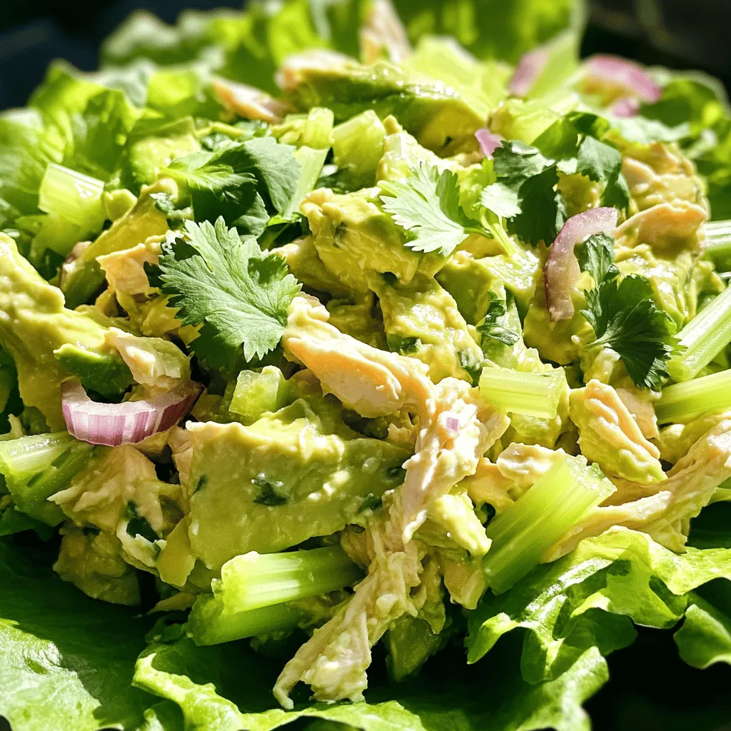 - 2 cups cooked chicken, shredded - 1 ripe avocado, halved and pitted - 1/4 cup plain Greek yogurt - 1 tablespoon Dijon mustard - 1 tablespoon lemon juice - 1/4 cup celery, finely chopped - 1/4 cup red onion, finely chopped - 1/4 cup cilantro, freshly chopped (or parsley) - Salt and pepper to taste - 1/4 teaspoon garlic powder - Lettuce leaves or whole grain wraps for serving The first step to a great creamy avocado chicken salad is gathering your ingredients. Start with the chicken. You can use grilled, roasted, or even rotisserie chicken. Shred it nicely so it mixes well. Next, grab a ripe avocado. Look for one that gives slightly when you press it. This means it's ready to mash. For the dressing, plain Greek yogurt adds creaminess without too many extra calories. The Dijon mustard gives a tang that brightens the dish. Don't skip the lemon juice. It adds freshness and helps the avocado stay green. Chop your celery and red onion finely. This gives your salad a nice crunch and flavor. Cilantro adds a fresh touch, but if you don't like it, parsley works too. Season with salt, pepper, and a little garlic powder. These simple spices bring out the flavors. Finally, you can serve this salad in lettuce leaves for a light meal or in wraps for a filling option. You can find the Full Recipe for detailed steps! - Cups to grams and ounces: 1 cup of cooked chicken is about 150 grams or 5.3 ounces. - Metric measurements: 1/4 cup is about 60 milliliters. - Best yogurt for creaminess: Look for full-fat Greek yogurt for a rich taste. - Suggested types of chicken: Rotisserie chicken is tasty and saves time. To mash the avocado, cut it in half and remove the pit. Use a spoon to scoop out the green flesh into a bowl. Then, take a fork and mash the avocado until it is smooth. This makes a creamy base for our salad. To keep the avocado fresh, add a splash of lemon juice right away. This helps prevent browning and keeps your salad looking great. Next, combine the mashed avocado with plain Greek yogurt and Dijon mustard in the same bowl. Mix these ingredients well until they form a smooth dressing. Lemon juice is key in this mix. It adds a bright flavor and helps balance the creaminess of the avocado and yogurt. Without it, the dressing may taste flat. Now, take a larger bowl and add 2 cups of shredded chicken, finely chopped celery, diced red onion, and fresh cilantro. These ingredients add crunch and flavor to the salad. Pour the creamy avocado dressing over the chicken and veggies. Gently fold the mixture using a spatula. This ensures everything is coated well. Season with garlic powder, salt, and pepper for extra taste. For serving, you can use lettuce leaves or whole grain wraps. It’s a fun way to enjoy this creamy avocado chicken salad. For the full recipe, check out the earlier section! To keep your creamy avocado chicken salad fresh, store it in an airtight container. This helps prevent the salad from browning. Use a layer of plastic wrap pressed against the surface to minimize air exposure. The salad lasts in the fridge for about three days. After that, the avocado may start to brown, and the flavors can fade. You can easily change this recipe to fit your needs. For a lower-fat option, swap Greek yogurt for a lighter yogurt or a dairy-free alternative. If you like extra crunch, add chopped bell peppers or carrots. For protein, consider adding chickpeas or nuts. You can also mix in fruits like grapes or apples for a sweet touch. Make your salad look beautiful by serving it in lettuce cups. This adds a nice crunch and makes it easy to grab. You can also use whole grain wraps and cut them into pinwheels for a fun twist. Garnish with fresh herbs like cilantro or parsley. A few lemon wedges on the side add a pop of color and flavor. For the full recipe, see the details above. {{image_4}} For a low-carb option, swap the Greek yogurt with mashed cauliflower. This keeps the salad creamy while cutting carbs. You can also use shredded zucchini in place of chicken for a lighter version. If you want a vegan-friendly salad, replace the yogurt with silken tofu or avocado. Both options keep it creamy without dairy. Adding spices can change the taste of your salad. Try a hint of cayenne pepper for heat. A dash of smoked paprika gives a nice, smoky flavor. You can also add fresh herbs like dill or basil for a refreshing twist. These herbs brighten the dish and add layers of taste. You can serve your creamy avocado chicken salad in many ways. Try it on whole grain bread or as a filling in a wrap. It also works great as a dip for crackers or vegetable sticks. This makes it a fun party dish. A colorful presentation always makes it more inviting! For more details, check the Full Recipe. Store your creamy avocado chicken salad in the fridge. Keep it at 32°F to 40°F. This range keeps the salad fresh. Use an airtight container to block air and moisture. This helps maintain texture and taste. Consume within three days for the best flavor. If it changes color, that’s a sign to toss it. You can freeze creamy avocado chicken salad, but it might change texture. The avocado may turn mushy after thawing. If you choose to freeze, use a freezer-safe container. This helps avoid freezer burn. Leave some space in the container for expansion. Use within one month for the best quality. To reheat chicken salad, do it gently. Place it in the fridge overnight to thaw. Then, warm it slowly in a pan over low heat. Stir often to keep it even. Avoid the microwave, as it can make the salad watery. If you want to serve cold, just mix it well before eating. This keeps the flavor and consistency intact. Creamy avocado chicken salad lasts about 3 to 4 days in the fridge. Store it in an airtight container to keep it fresh. Always check for any off smells or changes in color before eating. If you notice anything unusual, it’s best to discard it. Yes, you can use canned chicken if you need to save time. It’s convenient and often ready to eat. However, canned chicken may have a different texture and taste than fresh cooked chicken. It can be saltier too, so adjust your seasoning accordingly. You can use plain yogurt or sour cream if you need a different option. For a dairy-free version, consider using mashed silken tofu or avocado. Both alternatives can add creaminess without changing the taste too much. Each option has its unique flavor, so pick what fits your diet best. Yes, creamy avocado chicken salad is great for meal prep. Make it ahead of time and store it in the fridge. Just remember to keep the salad in a sealed container. To keep it fresh, add the avocado dressing just before serving. This helps avoid browning and keeps the salad tasty. For the full recipe, check out the details above. This blog post covers how to make a creamy avocado chicken salad using fresh ingredients. You learned about key ingredients and how to prepare them effectively. The salad is easy to customize and fun to serve. Keeping leftovers and exploring variations can help you enjoy this dish longer. Feel free to experiment with flavors and presentations. Enjoy making this healthy salad your own!