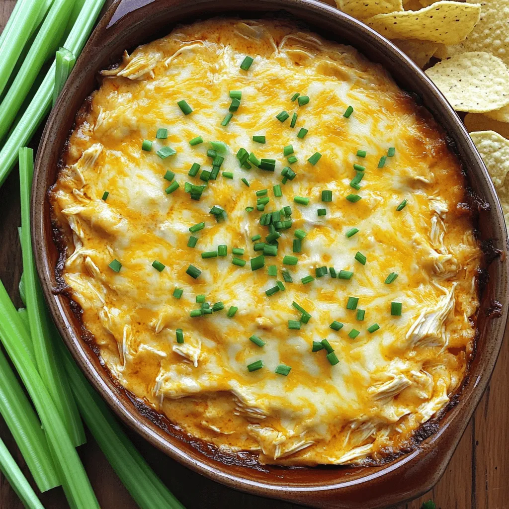 To make the best creamy buffalo chicken dip, you need the following key ingredients: - 2 cups shredded cooked chicken - 1/2 cup cream cheese, softened to room temperature - 1/2 cup sour cream - 1/2 cup plain Greek yogurt - 1/2 cup buffalo sauce (adjust based on desired heat level) - 1 cup shredded sharp cheddar cheese These ingredients create a rich and creamy base that is sure to please any crowd. The chicken adds protein and heartiness, while the cream cheese, sour cream, and Greek yogurt provide a smooth texture. Buffalo sauce gives it that spicy kick, and the sharp cheddar cheese adds a wonderful flavor. You can also enhance your dip with these optional ingredients for extra flavor: - 1/2 teaspoon garlic powder - 1/2 teaspoon onion powder - 1 tablespoon fresh chives, finely chopped (plus additional for garnishing) Garlic powder and onion powder add depth to the dip's flavor profile. Fresh chives bring a pop of color and a mild onion taste. Feel free to add your favorite seasonings to make it truly yours. For the full recipe, check out [Full Recipe]. To start, we need to mix the creamy base. In a large mixing bowl, combine the softened cream cheese, sour cream, and Greek yogurt. Use a hand mixer or spatula to blend until smooth. Make sure there are no lumps. This creamy base will give the dip its rich texture. Next, we add the chicken and buffalo sauce. Fold in the shredded cooked chicken and buffalo sauce gently. Add garlic powder, onion powder, salt, and pepper. Mix until everything is well combined. The buffalo sauce gives this dip its signature kick. Adjust the sauce to suit your taste. Now, we prepare to bake the dip. Spoon the creamy chicken mixture into a medium-sized baking dish. Spread it out evenly. For a cheesy finish, sprinkle some reserved cheddar cheese on top. Preheat your oven to 350°F (175°C). Place the baking dish in the oven and bake for about 20 minutes. The dip should be bubbling and the top lightly golden. After baking, let the dip cool for about 5 minutes. This helps prevent burns when serving. Garnish with fresh chopped chives for a pop of color. For dipping, I recommend using tortilla chips, crunchy celery sticks, or sweet carrot sticks. These dippers complement the creamy dip perfectly. Enjoy this dish at your next gathering or game day! For the complete recipe, check out the [Full Recipe]. To get the perfect creaminess, blend the cream cheese, sour cream, and Greek yogurt well. Use a hand mixer for a smooth texture. This step ensures your dip is rich and velvety. If it feels too thick, add a splash of buffalo sauce to loosen it up. When it comes to heat, buffalo sauce is your friend. Start with half a cup, then taste. If you want more heat, add a little more sauce. Remember, you can always add, but you can't take away! For mixing, I recommend a sturdy mixing bowl and a hand mixer. This combination makes it easy to achieve a smooth mix. If you prefer, a spatula works just as well. For baking, use a medium-sized baking dish. A glass or ceramic dish helps the dip bake evenly. You might also want a cookie sheet underneath for easy handling. Pair your dip with tortilla chips for crunch. Fresh celery and carrot sticks add a great veggie option. You can even set up a fun dip station with various dippers. Try serving the dip in individual ramekins for a party. It makes each serving special and easy to grab. A wooden cutting board adds a rustic touch, making it look even more inviting! {{image_4}} You can easily make this dip fit your needs. For a gluten-free option, use gluten-free buffalo sauce. Check labels to ensure all ingredients are safe. You can also swap regular sour cream with a gluten-free version. If you're watching carbs, try using cream cheese and Greek yogurt as they are lower in carbs. You can reduce the amount of buffalo sauce or serve with veggies instead of chips. Celery sticks and carrot sticks are great low-carb dippers! Want to shake things up? Add a twist with different cheeses. Blue cheese adds a bold flavor that many love. You can also use mozzarella or pepper jack for a creamy texture and a kick. Incorporate extra spices, like smoked paprika or cayenne, to enhance the flavor. Adding diced bell peppers or jalapeños gives it a crunchy texture. These simple changes make your dip unique and fun! No oven? No problem! You can make this dip in a slow cooker. Just mix all ingredients and cook on low for 2-3 hours. Stir occasionally for a creamy result. If you have an air fryer, you can use it too! Place the dip in a heat-safe dish and cook at 350°F for about 15-20 minutes. This method gives it a crispy top while keeping the inside gooey. For the full recipe, check out the link. To keep your creamy buffalo chicken dip fresh, store it in an airtight container. Make sure to let it cool completely before sealing. This helps lock in flavors. Place the container in the fridge. Your dip can last up to 3 days this way. If you have more leftovers, you can freeze it. Use freezer-safe bags or containers. Just be sure to remove as much air as possible. When properly stored, it can last up to 3 months in the freezer. When it comes time to enjoy your dip again, reheating it is key. The best method is to use the oven. Preheat the oven to 350°F (175°C). Place the dip in an oven-safe dish and cover it with foil. Heat for about 15-20 minutes. This keeps the dip creamy and prevents it from drying out. You can use the microwave if you're short on time. Place a portion in a microwave-safe bowl. Heat in 30-second bursts, stirring in between. This method may change the texture a bit, but it still tastes great. In the fridge, your dip stays fresh for about 3 days. After that, the flavor and texture may change. Signs that your dip has gone bad include an off smell, discoloration, or separation. If you see any of these signs, it's best to throw it away. Always trust your senses! For the full recipe, check out the Buffalo Bliss Chicken Dip section above. Can I make this dip ahead of time? Yes, you can prepare this dip ahead of time. Mix all the ingredients and store it in the fridge. Bake it just before serving. This makes it easy for parties. Is it possible to use canned chicken instead of shredded? Yes, you can use canned chicken. It saves time and is easy to mix in. Just drain and shred the chicken before adding it to the dip. The dip has about 300 calories per serving. Each serving is roughly 1/2 cup. If you want to lower calories, use low-fat cream cheese or Greek yogurt. This gives you a tasty dip without adding too many calories. Creamy Buffalo Chicken Dip is great for game day, parties, or family gatherings. It’s a crowd-pleaser! Pair it with cold drinks like beer or soda. You can also serve it with fresh veggies and chips for extra crunch. This article covered how to make creamy buffalo chicken dip, from ingredients to storage. We explored main and optional ingredients, easy step-by-step instructions, tips for a perfect dip, and variations. In the end, making this dip is all about fun and flavor. Enjoy experimenting with ingredients and serving ideas. Whether for game day or a gathering, this dip will impress your guests!