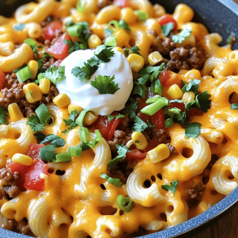 - 8 oz. elbow macaroni - 1 lb. ground beef or ground turkey - 1 packet taco seasoning mix - 1 cup diced tomatoes (fresh or canned) - 1 cup canned black beans, drained and rinsed - 1 cup corn (can be frozen or canned) - 2 cups shredded cheddar cheese (divided) - 1 cup salsa (your choice of spiciness) - 1/2 cup sour cream - 1 tablespoon olive oil - Salt and pepper to taste - Chopped green onions and fresh cilantro for garnish Gather these ingredients before you start cooking. This will make the process smooth and fun! The elbow macaroni is the base of this dish. It holds the cheesy sauce very well. Ground beef or turkey adds a hearty touch. You can use either, depending on your taste. The taco seasoning mix gives the pasta that classic taco flavor. Diced tomatoes bring freshness and moisture, while black beans boost protein and fiber. Corn adds a nice sweetness. Cheddar cheese is key for that melty, gooey goodness. Salsa adds a kick; choose your preferred heat level. Sour cream makes the dish creamy and rich. Olive oil helps cook the meat and adds flavor. Finally, salt, pepper, and garnishes like green onions and cilantro make it all pop. When you have everything ready, the fun part starts! You’ll see how these simple ingredients blend into a delicious dish. For the complete recipe, check out the Full Recipe section. To start, cook the elbow macaroni. Follow the package instructions carefully. Aim for al dente texture, which means the pasta should be firm when bitten. This keeps it from getting mushy later. Once done, drain the pasta in a colander and set it aside in a large bowl. While the pasta cooks, heat the olive oil in a large skillet over medium heat. Add the ground beef or turkey. Cook for about 5-7 minutes, stirring often to break up the meat. Look for a nice brown color. After browning, drain any extra fat from the skillet. Next, add the taco seasoning mix, diced tomatoes, black beans, corn, and salsa. Stir well and let the mixture simmer for about 5 minutes. This helps the flavors come together. After simmering, gently fold the cooked macaroni into the skillet. Make sure the pasta gets well-coated with the tasty mixture. Lower the heat to low, then add 1 1/2 cups of shredded cheddar cheese. Stir until the cheese melts into a creamy coating. Remove the skillet from the heat and add the sour cream. Mix it well until fully blended. Taste your dish and add salt and pepper to your liking. For the full recipe, refer to the instructions above. Enjoy your cheesy taco pasta! To get the best taco flavor, use a high-quality taco seasoning mix. It gives a bold taste. I often mix in extra spices, like garlic powder or cumin, for depth. For a creamy texture, add the cheese slowly. Let it melt fully before adding sour cream. This step ensures a smooth, rich sauce. Garnish your cheesy taco pasta with fresh green onions and cilantro. They add color and freshness. You can also use sliced avocado or jalapeños for extra flair. For a complete meal, pair the pasta with a simple side salad or tortilla chips. The crunch complements the creamy pasta well. You can find the full recipe [here]. {{image_4}} You can change up the protein in this dish. Ground turkey is a lighter choice. Ground chicken also works well. If you prefer plant-based options, try meat substitutes made from soy or lentils. Each option gives a unique flavor, but they all blend well with taco spices. If you need gluten-free pasta, many brands offer great options. Just look for gluten-free elbow macaroni. For those avoiding dairy, you can find dairy-free cheese and sour cream at most stores. These alternatives melt nicely and keep the dish creamy. Don’t be afraid to play with flavors! Different salsas add unique twists. You can also add jalapeños for heat. Hot sauce can give it an extra kick, too. These simple changes can make your cheesy taco pasta even more exciting. For the full recipe, check out the Cheesy Taco Pasta Extravaganza. To store your Cheesy Taco Pasta, let it cool first. Place leftovers in an airtight container. This keeps the dish fresh and tasty. It will last in the fridge for about 3 to 4 days. Always check for smells or mold before eating. When you’re ready to eat, reheat the pasta on the stove. Pour the pasta into a skillet over low heat. Stir it often to ensure even heating. You can also add a splash of water or broth to keep it creamy. Microwave is another option. Use a microwave-safe dish and cover it. Heat in short bursts, stirring every minute until it’s hot. Freezing Cheesy Taco Pasta is a great way to enjoy it later. First, let it cool completely. Then, transfer it to a freezer-safe container. Make sure to leave some space for expansion. You can freeze it for up to 2 months. When you are ready to eat, defrost it overnight in the fridge. Reheat it on the stove, just like before, to keep the flavor and texture. Cheesy Taco Pasta can last for about 3 to 5 days in the fridge. To keep it fresh, store it in an airtight container. Look for signs of spoilage like a sour smell or mold. If you see either, it’s best to toss it out. Yes, you can make Cheesy Taco Pasta ahead of time. Cook it and let it cool. Then, store it in the fridge for up to 2 days before serving. When ready to eat, just reheat it in a pan or microwave. Add a splash of water or broth to keep it moist. If you don’t have elbow macaroni, you can use other pasta shapes. Options include rotini, penne, or even gluten-free pasta. Quinoa or rice can also work if you want a grain instead. Just adjust cooking times as needed. We explored a tasty Cheesy Taco Pasta recipe, packed with flavor and fun. You learned about the key ingredients, easy steps for cooking, and tips to nail that taco taste. We also talked about variations to fit your needs, storage tips, and answers to common questions. This dish is not just simple; it’s a crowd-pleaser. Enjoy cooking and sharing your delicious creation!