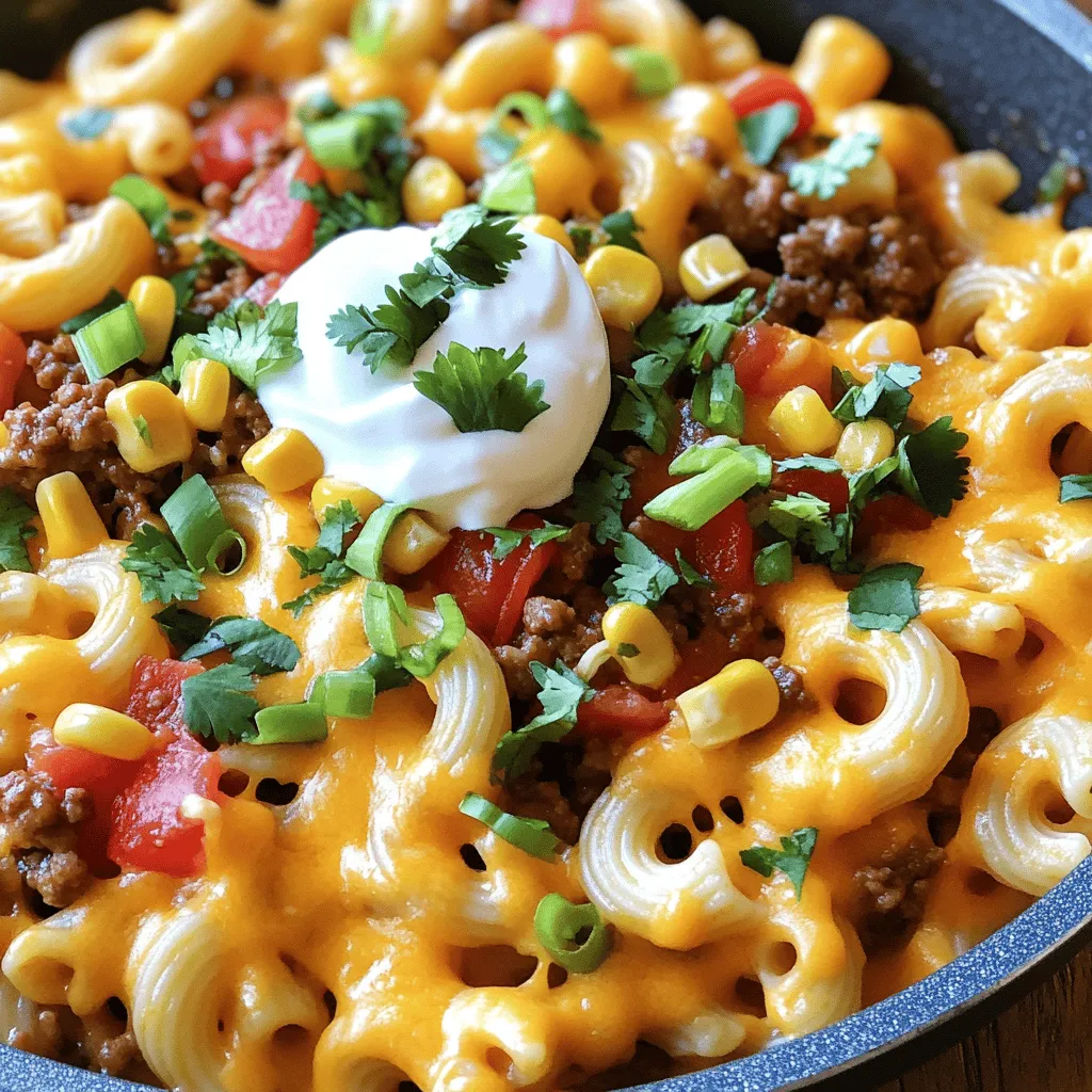 - 8 oz. elbow macaroni - 1 lb. ground beef or ground turkey - 1 packet taco seasoning mix - 1 cup diced tomatoes (fresh or canned) - 1 cup canned black beans, drained and rinsed - 1 cup corn (can be frozen or canned) - 2 cups shredded cheddar cheese (divided) - 1 cup salsa (your choice of spiciness) - 1/2 cup sour cream - 1 tablespoon olive oil - Salt and pepper to taste - Chopped green onions and fresh cilantro for garnish Gather these ingredients before you start cooking. This will make the process smooth and fun! The elbow macaroni is the base of this dish. It holds the cheesy sauce very well. Ground beef or turkey adds a hearty touch. You can use either, depending on your taste. The taco seasoning mix gives the pasta that classic taco flavor. Diced tomatoes bring freshness and moisture, while black beans boost protein and fiber. Corn adds a nice sweetness. Cheddar cheese is key for that melty, gooey goodness. Salsa adds a kick; choose your preferred heat level. Sour cream makes the dish creamy and rich. Olive oil helps cook the meat and adds flavor. Finally, salt, pepper, and garnishes like green onions and cilantro make it all pop. When you have everything ready, the fun part starts! You’ll see how these simple ingredients blend into a delicious dish. For the complete recipe, check out the Full Recipe section. To start, cook the elbow macaroni. Follow the package instructions carefully. Aim for al dente texture, which means the pasta should be firm when bitten. This keeps it from getting mushy later. Once done, drain the pasta in a colander and set it aside in a large bowl. While the pasta cooks, heat the olive oil in a large skillet over medium heat. Add the ground beef or turkey. Cook for about 5-7 minutes, stirring often to break up the meat. Look for a nice brown color. After browning, drain any extra fat from the skillet. Next, add the taco seasoning mix, diced tomatoes, black beans, corn, and salsa. Stir well and let the mixture simmer for about 5 minutes. This helps the flavors come together. After simmering, gently fold the cooked macaroni into the skillet. Make sure the pasta gets well-coated with the tasty mixture. Lower the heat to low, then add 1 1/2 cups of shredded cheddar cheese. Stir until the cheese melts into a creamy coating. Remove the skillet from the heat and add the sour cream. Mix it well until fully blended. Taste your dish and add salt and pepper to your liking. For the full recipe, refer to the instructions above. Enjoy your cheesy taco pasta! To get the best taco flavor, use a high-quality taco seasoning mix. It gives a bold taste. I often mix in extra spices, like garlic powder or cumin, for depth. For a creamy texture, add the cheese slowly. Let it melt fully before adding sour cream. This step ensures a smooth, rich sauce. Garnish your cheesy taco pasta with fresh green onions and cilantro. They add color and freshness. You can also use sliced avocado or jalapeños for extra flair. For a complete meal, pair the pasta with a simple side salad or tortilla chips. The crunch complements the creamy pasta well. You can find the full recipe [here]. {{image_4}} You can change up the protein in this dish. Ground turkey is a lighter choice. Ground chicken also works well. If you prefer plant-based options, try meat substitutes made from soy or lentils. Each option gives a unique flavor, but they all blend well with taco spices. If you need gluten-free pasta, many brands offer great options. Just look for gluten-free elbow macaroni. For those avoiding dairy, you can find dairy-free cheese and sour cream at most stores. These alternatives melt nicely and keep the dish creamy. Don’t be afraid to play with flavors! Different salsas add unique twists. You can also add jalapeños for heat. Hot sauce can give it an extra kick, too. These simple changes can make your cheesy taco pasta even more exciting. For the full recipe, check out the Cheesy Taco Pasta Extravaganza. To store your Cheesy Taco Pasta, let it cool first. Place leftovers in an airtight container. This keeps the dish fresh and tasty. It will last in the fridge for about 3 to 4 days. Always check for smells or mold before eating. When you’re ready to eat, reheat the pasta on the stove. Pour the pasta into a skillet over low heat. Stir it often to ensure even heating. You can also add a splash of water or broth to keep it creamy. Microwave is another option. Use a microwave-safe dish and cover it. Heat in short bursts, stirring every minute until it’s hot. Freezing Cheesy Taco Pasta is a great way to enjoy it later. First, let it cool completely. Then, transfer it to a freezer-safe container. Make sure to leave some space for expansion. You can freeze it for up to 2 months. When you are ready to eat, defrost it overnight in the fridge. Reheat it on the stove, just like before, to keep the flavor and texture. Cheesy Taco Pasta can last for about 3 to 5 days in the fridge. To keep it fresh, store it in an airtight container. Look for signs of spoilage like a sour smell or mold. If you see either, it’s best to toss it out. Yes, you can make Cheesy Taco Pasta ahead of time. Cook it and let it cool. Then, store it in the fridge for up to 2 days before serving. When ready to eat, just reheat it in a pan or microwave. Add a splash of water or broth to keep it moist. If you don’t have elbow macaroni, you can use other pasta shapes. Options include rotini, penne, or even gluten-free pasta. Quinoa or rice can also work if you want a grain instead. Just adjust cooking times as needed. We explored a tasty Cheesy Taco Pasta recipe, packed with flavor and fun. You learned about the key ingredients, easy steps for cooking, and tips to nail that taco taste. We also talked about variations to fit your needs, storage tips, and answers to common questions. This dish is not just simple; it’s a crowd-pleaser. Enjoy cooking and sharing your delicious creation!
