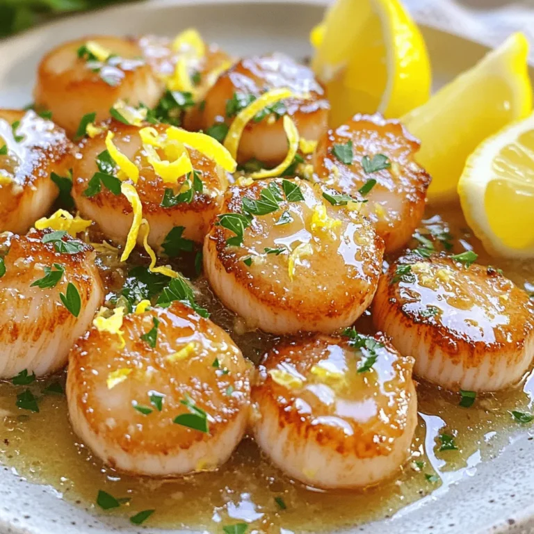To make garlic lemon butter scallops, gather these key ingredients: - 1 lb sea scallops, thoroughly patted dry - 4 tablespoons unsalted butter, divided into two portions - 4 cloves garlic, finely minced - Zest of 1 fresh lemon - 2 tablespoons freshly squeezed lemon juice - 2 tablespoons fresh parsley, finely chopped - Salt and freshly ground black pepper, to taste - Lemon wedges, for serving These ingredients come together to create a dish full of flavor. The scallops shine with their sweet taste, while the garlic and lemon add zing. You can enhance your dish with these garnishes: - Extra lemon wedges for a fresh touch - Additional chopped parsley for color - Crushed red pepper flakes for a hint of heat These garnishes not only look great but also add layers of flavor. To prepare this dish, you will need: - A large skillet for searing - Tongs for flipping the scallops - A paper towel for drying the scallops - A zester or grater for lemon zest - A cutting board and knife Having these tools ready will make cooking smooth and easy. With the right setup, you can focus on creating a delightful meal. For the complete recipe, check out the full recipe. Start with fresh sea scallops. Pat them dry with a paper towel. This removes moisture, helping them sear well. Next, season both sides with salt and freshly ground black pepper. This will enhance their natural flavor. Heat a large skillet over medium-high heat. Add 2 tablespoons of unsalted butter and let it melt. You want the butter to bubble but not burn. Carefully place the scallops in the hot skillet. Make sure they don’t touch each other. Sear them for about 2-3 minutes. Look for a golden-brown crust, which means they are ready to flip. Then, using tongs, turn each scallop gently. Right after flipping, add 4 cloves of minced garlic into the pan. This adds a delicious aroma. Cook for another 2-3 minutes, basting the scallops with the melted butter and garlic. The scallops will become opaque and firm. After that, add the lemon zest and juice to the pan. Toss everything gently for one more minute. Finally, stir in freshly chopped parsley for color. For the full recipe, refer to the original instructions for more details on timing and serving. To get a perfect sear on your scallops, start with dry scallops. Moisture will prevent browning. Use a hot skillet and let the butter melt until it bubbles. Place the scallops in the skillet without crowding them. This helps them cook evenly. Sear for 2-3 minutes without flipping. You want a deep golden color on one side. Flip them gently and add garlic immediately. This keeps the scallops juicy while adding flavor. Scallops come in various sizes, and this affects cooking time. For larger sea scallops, plan for 3-4 minutes per side. Smaller bay scallops need less time, about 1-2 minutes. Always check for a firm texture and opaque color. Under-cooked scallops can be safe, but they may taste chewy. Remember, they continue to cook after you remove them from heat. If you need to substitute, don't worry. You can use olive oil instead of butter for a lighter dish. For garlic, shallots provide a milder flavor. Lemon juice can be swapped with lime juice for a twist. Fresh herbs like basil or chives can replace parsley. Each change adds a new flavor, so get creative! Check the Full Recipe for the original taste. {{image_4}} You can change the taste of your garlic lemon butter scallops by adding herbs. Fresh thyme adds a sweet note. Chives bring a mild onion flavor. Basil gives a fresh, sweet twist. You can mix and match these herbs to create a profile that suits your taste. Just chop them finely and add them right before serving. They will brighten up the dish and make it more colorful. Scallops are great on their own, but they pair well with other seafood too. Shrimp is a perfect match. It cooks fast and adds a nice texture. Try adding a few pieces of lobster for a touch of luxury. You can also serve the scallops with crab cakes for a delightful seafood platter. Mixing these flavors can elevate your meal and impress your guests. You don’t have to sear scallops only. Grilling brings a smoky flavor that enhances their natural sweetness. Just brush them with some garlic lemon butter before grilling. Bake them for a hands-off method. Place the seasoned scallops in a baking dish, pour the butter sauce over them, and bake until cooked. Both methods offer a tasty twist to the classic pan-seared version. For more specific steps, check the Full Recipe for detailed instructions. To store leftover scallops, place them in an airtight container. Ensure they cool down to room temperature first. Cover the container tightly and put it in the fridge. This helps keep the scallops fresh. Use them within two days for the best taste. When reheating scallops, do it gently. Place the scallops in a skillet over low heat. Add a small amount of butter to help with moisture. Heat for about 2-3 minutes. Avoid high heat; it can make the scallops tough. You want them warm, not cooked again. Scallops can last in the fridge for about 1-2 days. After cooking, eat them quickly for the best flavor. If they start to smell fishy or look off, it’s best to toss them. Always trust your senses for food safety. To clean scallops, you need to rinse them under cold water. This removes any sand or grit. After rinsing, use a paper towel to pat them dry. It is key to get rid of excess moisture. Dry scallops sear better and have a nice crust. Yes, you can use frozen scallops. Just make sure to thaw them first. Place them in the fridge overnight or run them under cold water for quick thawing. Once thawed, dry them well before cooking. This step helps achieve that perfect sear. Scallops are done when they turn opaque and firm to the touch. They should have a nice golden crust on the outside. Typically, this takes about 2-3 minutes per side when searing. Overcooking makes them tough, so watch closely. Garlic Lemon Butter Scallops go well with many sides. Here are some great options: - Garlic bread: Perfect for soaking up the sauce. - Steamed asparagus: Adds a nice crunch and color. - Lemon rice: Complements the lemon in the dish. - Mixed greens: A light salad adds freshness. You can find the full recipe for Garlic Lemon Butter Scallops in the article above. It offers detailed steps and tips to create this tasty seafood delight. You learned how to make Garlic Lemon Butter Scallops from scratch. We covered key ingredients, tools, and cooking tips. Perfecting the sear and adding flavor with garlic and lemon are essential steps. You also saw different variations and ideas for storing leftovers. Remember, cooking is fun, and practice makes you better. Enjoy your scallops as a simple yet tasty treat!
