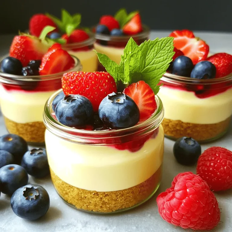 To make no-bake cheesecake jars, gather the following ingredients: - 1 cup graham cracker crumbs - 1/2 cup unsalted butter, melted - 2 cups cream cheese, softened - 1 cup powdered sugar, sifted - 1 teaspoon pure vanilla extract - 1 cup heavy whipping cream - Fresh berries for topping (strawberries, blueberries, or raspberries) - Mint leaves for garnish (optional) If you're looking for dairy-free options, consider using dairy-free cream cheese and coconut cream instead of heavy cream. These swaps work well and keep the taste delicious. When choosing ingredients, quality matters. Here are my top picks: - Cream Cheese: Philadelphia and Kite Hill (dairy-free option). - Heavy Cream: Land O'Lakes and Horizon Organic. - Graham Crackers: Honey Maid and Annie's are tasty choices. These brands provide the best flavor and texture for your cheesecake jars. Using quality ingredients makes a big difference in your final dessert. To start, grab a medium mixing bowl. Combine 1 cup of graham cracker crumbs with 1/2 cup of melted butter. Stir until the crumbs feel like wet sand. This mix gives your crust a great flavor. When you divide the crust mix into jars, aim for about 4 to 6 jars. Press down firmly with your fingers or a spoon. Make sure the crust is even and compact. This helps it hold together well. Next, take a new mixing bowl. Beat 2 cups of softened cream cheese with an electric mixer. Mix on medium speed for about 2-3 minutes until it’s smooth. Now, slowly add 1 cup of sifted powdered sugar and 1 teaspoon of vanilla extract. Keep mixing on low until everything blends smoothly. In another clean bowl, whip 1 cup of heavy cream. Use a handheld mixer or whisk until soft peaks form. This gives the filling a light, fluffy texture. Gently fold the whipped cream into the cream cheese mix with a spatula. Be careful not to stir too hard. You want to keep that fluffiness. Mix until there are no streaks left. Now comes the fun part! Layer the cream cheese mixture over the crust in each jar. Fill them about three-quarters full. This leaves room for toppings. After you fill the jars, cover them with lids or plastic wrap. Refrigerate for at least 4 hours, but overnight is best. The cheesecake sets and flavors blend well during this time. Before serving, add fresh berries on top. You can use strawberries, blueberries, or raspberries. A mint leaf on top adds a nice touch. Enjoy your no-bake cheesecake jars! For the full recipe, check the earlier section. To get the best texture for your no-bake cheesecake jars, start with softening the cream cheese. Leave the cream cheese out at room temperature for about 30 minutes. This helps it blend smoothly. You can also cut it into smaller pieces to speed up the softening. Whipping the cream properly is key. Use a clean bowl and beaters. Start at low speed and then increase to medium. Whip until you see soft peaks. This adds air and makes the cheesecake light and fluffy. Be gentle when folding the whipped cream into the cheese mixture. You want to keep that fluffy texture. Garnishing your cheesecake jars can make them pop. Fresh berries are a great choice. Strawberries, blueberries, and raspberries add color and flavor. You can also sprinkle crushed graham crackers on top for extra crunch. Pair your cheesecake jars with drinks like coffee, tea, or sparkling water. A light herbal tea can balance the sweetness. If you want something richer, try serving with a dessert wine. These combinations enhance the tasting experience and make your dessert even more delightful. For the complete process, check the Full Recipe for more details. {{image_4}} You can make no-bake cheesecake jars in many flavors. Some popular choices are chocolate and lemon. For a chocolate version, add melted chocolate to the cream cheese mixture. Use about 4 ounces of melted chocolate for a rich taste. For a lemon flavor, mix in freshly squeezed lemon juice and zest. Use about 1/4 cup of juice and 1 tablespoon of zest. Adjust the sugar to balance the tartness. Here are more flavor ideas: - Strawberry: Blend fresh strawberries into the cream cheese mixture. - Coffee: Add instant coffee granules to the cream for a coffee kick. - Peanut Butter: Stir in creamy peanut butter for a nutty twist. If you need gluten-free options, use gluten-free graham crackers for the crust. You can also make a nut crust using almond flour or crushed nuts mixed with coconut oil. For vegan options, replace cream cheese with a dairy-free cream cheese. You can find many brands at stores now. For the whipping cream, use coconut cream. Chill a can of coconut milk overnight, then scoop out the thick part to whip. This makes a creamy vegan dessert that everyone can enjoy. To store your no-bake cheesecake jars, simply cover them tightly. You can use lids or plastic wrap. These jars keep well in the fridge for up to five days. This way, you can enjoy them fresh throughout the week. Make sure to keep them in the coldest part of your fridge. This helps maintain their creamy texture and flavor. You can freeze your cheesecake jars for later. First, make sure they are tightly sealed. Use freezer-safe lids or wrap them in plastic wrap. They can last up to three months in the freezer. When you’re ready to enjoy them, take them out and place them in the fridge. Let them thaw overnight. This keeps them creamy and delicious, just like when you first made them. No-bake cheesecake jars last up to five days in the fridge. To keep them fresh, cover each jar tightly with a lid or plastic wrap. It helps to keep air out and maintain flavor. If you notice any changes in smell or texture, it’s best to discard them. Yes, you can use many toppings! Here are some fun ideas: - Crushed cookies for a crunchy texture. - Sliced bananas for a fruity twist. - Chocolate sauce for a rich flavor. - Caramel drizzle for sweetness. - Toasted nuts for added crunch. Feel free to mix and match your favorites! If your filling is too runny, it might need more cream cheese or whipped cream. Try these tips: - Blend in a bit more softened cream cheese. This will thicken the mix. - Ensure you whip the cream until soft peaks form. If it’s not whipped enough, it won’t add structure. - Chill the jars longer. Sometimes, extra time in the fridge helps the filling firm up. You can find the full recipe in the designated section of this blog. Check out the No-Bake Cheesecake Jars Delight for detailed steps and tips! You now have all the tools to make delicious no-bake cheesecake jars. We covered the complete ingredient list and helpful substitutions. You learned step-by-step instructions for the crust, filling, and assembly. Plus, we explored tips for texture and variations to fit dietary needs. Remember to store them properly so you can enjoy them later. With this knowledge, you can impress your friends and family. Enjoy your tasty creations and keep experimenting with flavors!