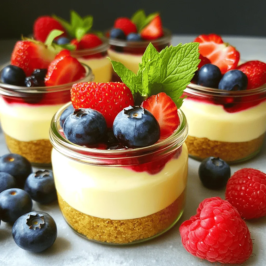 To make no-bake cheesecake jars, gather the following ingredients: - 1 cup graham cracker crumbs - 1/2 cup unsalted butter, melted - 2 cups cream cheese, softened - 1 cup powdered sugar, sifted - 1 teaspoon pure vanilla extract - 1 cup heavy whipping cream - Fresh berries for topping (strawberries, blueberries, or raspberries) - Mint leaves for garnish (optional) If you're looking for dairy-free options, consider using dairy-free cream cheese and coconut cream instead of heavy cream. These swaps work well and keep the taste delicious. When choosing ingredients, quality matters. Here are my top picks: - Cream Cheese: Philadelphia and Kite Hill (dairy-free option). - Heavy Cream: Land O'Lakes and Horizon Organic. - Graham Crackers: Honey Maid and Annie's are tasty choices. These brands provide the best flavor and texture for your cheesecake jars. Using quality ingredients makes a big difference in your final dessert. To start, grab a medium mixing bowl. Combine 1 cup of graham cracker crumbs with 1/2 cup of melted butter. Stir until the crumbs feel like wet sand. This mix gives your crust a great flavor. When you divide the crust mix into jars, aim for about 4 to 6 jars. Press down firmly with your fingers or a spoon. Make sure the crust is even and compact. This helps it hold together well. Next, take a new mixing bowl. Beat 2 cups of softened cream cheese with an electric mixer. Mix on medium speed for about 2-3 minutes until it’s smooth. Now, slowly add 1 cup of sifted powdered sugar and 1 teaspoon of vanilla extract. Keep mixing on low until everything blends smoothly. In another clean bowl, whip 1 cup of heavy cream. Use a handheld mixer or whisk until soft peaks form. This gives the filling a light, fluffy texture. Gently fold the whipped cream into the cream cheese mix with a spatula. Be careful not to stir too hard. You want to keep that fluffiness. Mix until there are no streaks left. Now comes the fun part! Layer the cream cheese mixture over the crust in each jar. Fill them about three-quarters full. This leaves room for toppings. After you fill the jars, cover them with lids or plastic wrap. Refrigerate for at least 4 hours, but overnight is best. The cheesecake sets and flavors blend well during this time. Before serving, add fresh berries on top. You can use strawberries, blueberries, or raspberries. A mint leaf on top adds a nice touch. Enjoy your no-bake cheesecake jars! For the full recipe, check the earlier section. To get the best texture for your no-bake cheesecake jars, start with softening the cream cheese. Leave the cream cheese out at room temperature for about 30 minutes. This helps it blend smoothly. You can also cut it into smaller pieces to speed up the softening. Whipping the cream properly is key. Use a clean bowl and beaters. Start at low speed and then increase to medium. Whip until you see soft peaks. This adds air and makes the cheesecake light and fluffy. Be gentle when folding the whipped cream into the cheese mixture. You want to keep that fluffy texture. Garnishing your cheesecake jars can make them pop. Fresh berries are a great choice. Strawberries, blueberries, and raspberries add color and flavor. You can also sprinkle crushed graham crackers on top for extra crunch. Pair your cheesecake jars with drinks like coffee, tea, or sparkling water. A light herbal tea can balance the sweetness. If you want something richer, try serving with a dessert wine. These combinations enhance the tasting experience and make your dessert even more delightful. For the complete process, check the Full Recipe for more details. {{image_4}} You can make no-bake cheesecake jars in many flavors. Some popular choices are chocolate and lemon. For a chocolate version, add melted chocolate to the cream cheese mixture. Use about 4 ounces of melted chocolate for a rich taste. For a lemon flavor, mix in freshly squeezed lemon juice and zest. Use about 1/4 cup of juice and 1 tablespoon of zest. Adjust the sugar to balance the tartness. Here are more flavor ideas: - Strawberry: Blend fresh strawberries into the cream cheese mixture. - Coffee: Add instant coffee granules to the cream for a coffee kick. - Peanut Butter: Stir in creamy peanut butter for a nutty twist. If you need gluten-free options, use gluten-free graham crackers for the crust. You can also make a nut crust using almond flour or crushed nuts mixed with coconut oil. For vegan options, replace cream cheese with a dairy-free cream cheese. You can find many brands at stores now. For the whipping cream, use coconut cream. Chill a can of coconut milk overnight, then scoop out the thick part to whip. This makes a creamy vegan dessert that everyone can enjoy. To store your no-bake cheesecake jars, simply cover them tightly. You can use lids or plastic wrap. These jars keep well in the fridge for up to five days. This way, you can enjoy them fresh throughout the week. Make sure to keep them in the coldest part of your fridge. This helps maintain their creamy texture and flavor. You can freeze your cheesecake jars for later. First, make sure they are tightly sealed. Use freezer-safe lids or wrap them in plastic wrap. They can last up to three months in the freezer. When you’re ready to enjoy them, take them out and place them in the fridge. Let them thaw overnight. This keeps them creamy and delicious, just like when you first made them. No-bake cheesecake jars last up to five days in the fridge. To keep them fresh, cover each jar tightly with a lid or plastic wrap. It helps to keep air out and maintain flavor. If you notice any changes in smell or texture, it’s best to discard them. Yes, you can use many toppings! Here are some fun ideas: - Crushed cookies for a crunchy texture. - Sliced bananas for a fruity twist. - Chocolate sauce for a rich flavor. - Caramel drizzle for sweetness. - Toasted nuts for added crunch. Feel free to mix and match your favorites! If your filling is too runny, it might need more cream cheese or whipped cream. Try these tips: - Blend in a bit more softened cream cheese. This will thicken the mix. - Ensure you whip the cream until soft peaks form. If it’s not whipped enough, it won’t add structure. - Chill the jars longer. Sometimes, extra time in the fridge helps the filling firm up. You can find the full recipe in the designated section of this blog. Check out the No-Bake Cheesecake Jars Delight for detailed steps and tips! You now have all the tools to make delicious no-bake cheesecake jars. We covered the complete ingredient list and helpful substitutions. You learned step-by-step instructions for the crust, filling, and assembly. Plus, we explored tips for texture and variations to fit dietary needs. Remember to store them properly so you can enjoy them later. With this knowledge, you can impress your friends and family. Enjoy your tasty creations and keep experimenting with flavors!