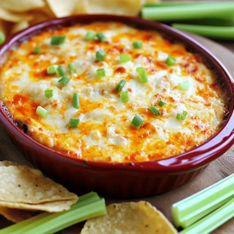 To make this tasty dip, you need a few key items: - 1 medium head of cauliflower, broken into bite-sized florets - 1 cup plain Greek yogurt (preferably full-fat for creaminess) - 1/2 cup shredded sharp cheddar cheese - 1/4 cup cream cheese, softened at room temperature - 1/4 cup buffalo sauce (adjust based on your heat preference) - 2 cloves garlic, finely minced - 1/2 teaspoon onion powder - 1/2 teaspoon smoked paprika for extra depth - Salt and freshly ground black pepper to taste These ingredients blend together to create a creamy, spicy dip that you will love. While the dip is great on its own, you can add some fun toppings. Here are some ideas: - Chopped green onions (scallions) for a fresh pop of color - Celery sticks for a crunchy contrast - Crispy tortilla chips for dipping These add-ons enhance both the look and taste of your dish. This dip is not just delicious; it's also packed with nutrients. Here’s a quick look at what you get: - Cauliflower: Low in calories, high in fiber - Greek yogurt: Good source of protein and probiotics - Cheese: Adds calcium and flavor Each serving is a great choice for a snack or appetizer. You can enjoy this dish without guilt! First, preheat your oven to 375°F (190°C). This step helps the dip cook well. Take a medium head of cauliflower and break it into bite-sized florets. Next, fill a large pot halfway with water and bring it to a boil. Once boiling, place a steamer basket inside the pot and add the cauliflower florets. Steam them for 8 to 10 minutes. You want them tender enough to pierce easily with a fork. After steaming, remove the florets from heat and let them cool for a few minutes. In a food processor, add the steamed cauliflower, 1 cup of plain Greek yogurt, 1/4 cup of softened cream cheese, and 1/4 cup of buffalo sauce. You can adjust the buffalo sauce to control the heat. Also, include 2 cloves of minced garlic, 1/2 teaspoon of onion powder, 1/2 teaspoon of smoked paprika, salt, and black pepper to taste. Blend until smooth and creamy. Scrape down the sides as needed. Then, gently fold in 1/2 cup of shredded sharp cheddar cheese. This adds great flavor and texture to the dip. Now, transfer the cauliflower mixture to your greased baking dish. Spread it out evenly using a spatula. Place it in the oven and bake for 20 to 25 minutes. You want the dip to be hot and the top to turn a light golden-brown color. When done, carefully take the dish out of the oven and let it cool for about 5 minutes. This rest time allows the flavors to blend. Don’t forget to garnish with chopped green onions before serving! Enjoy your warm dip with crunchy celery sticks and crispy tortilla chips. For the Full Recipe, you can refer back to the ingredients and instructions. To get the best flavor and texture from your dip, use fresh cauliflower. Steam it until it's tender but not mushy. This keeps the dip thick and creamy. Use full-fat Greek yogurt and cream cheese for added richness. They blend well and give a nice mouthfeel. Don't skip the garlic; it adds a punch of flavor. For spice lovers, adjust the buffalo sauce to your taste. You can easily modify this dip for different diets. For a vegan option, swap Greek yogurt and cream cheese for cashew cream or coconut yogurt. Use nutritional yeast for that cheesy flavor without dairy. If you want a low-carb option, serve it with sliced veggies instead of chips. This way, everyone can enjoy it without feeling left out. This dip works for many occasions. For game days, serve it warm with crispy tortilla chips. At parties, set it out with celery sticks and carrot sticks for a colorful platter. If you're hosting a casual dinner, pair it with toasted bread or pita chips. This dip can fit into any setting, making it a versatile choice. You can find the full recipe to make it just right! {{image_4}} To make a vegan version, swap Greek yogurt for cashew cream or vegan yogurt. Use vegan cream cheese instead of regular cream cheese. You can also choose nutritional yeast for a cheesy taste without dairy. Adjust the buffalo sauce based on your heat level. This version keeps the flavor while being plant-based. If you love heat, add extra buffalo sauce or some diced jalapeños. For a cheesier dip, mix in more shredded vegan cheese or cheddar. You can even top it with cheese before baking for a bubbly, golden finish. This variation will delight cheese lovers and spice fans alike. While celery sticks and tortilla chips are classic, try using sliced bell peppers or cucumber sticks. Pita chips or even crispy veggies add a nice crunch. For a fun twist, serve with mini pretzels for a salty kick. These options keep it fresh and exciting! For the full recipe, visit the [Full Recipe] page. To store leftover dip, let it cool first. Place it in an airtight container. This keeps the dip fresh for up to three days. You can also cover it tightly with plastic wrap. Make sure no air gets in, as this can spoil the dip. When you're ready to enjoy it again, scoop out what you need. Reheat in the oven for best results. Preheat your oven to 350°F (175°C). Place the dip in an oven-safe dish and cover it with foil. Heat for about 15-20 minutes, or until it's warm. You can also use the microwave. Heat in short bursts, about 30 seconds, stirring in between until hot. You can freeze Cauliflower Buffalo Dip for up to three months. Use a freezer-safe container. Leave some space at the top, as the dip may expand. To thaw, move it to the fridge overnight. Reheat it as mentioned above. The texture may change slightly, but the taste remains delicious. Enjoy this tasty dip anytime! Yes, you can use various cheeses. Creamy cheeses like goat cheese or ricotta work well. You could also try mozzarella for a milder taste. Each cheese changes the dip's flavor and texture. Mixing cheeses can create a unique taste. Just keep the total amount the same as the recipe calls for. You have many fun options for serving this dip. Here are a few ideas: - Crispy tortilla chips - Fresh celery sticks - Carrot sticks - Pita bread or chips - Crackers These choices add crunch and flavor. You can even make a veggie platter for a colorful spread. The dip's spice level depends on the buffalo sauce you use. Some sauces are very hot, while others are mild. If you like less heat, use less buffalo sauce. You can taste and adjust as you mix. This way, you control the spice to suit your taste. In this blog post, I covered how to make tasty Cauliflower Buffalo Dip. You learned about the key ingredients, how to prepare, and bake the dip. I shared tips for the best flavor and texture, plus easy variations to try. Storage tips ensure your leftovers stay fresh. Cauliflower Buffalo Dip is great for any party. Enjoy experimenting with flavors and tweaks. I hope you make this dish and share it with others. It’s sure to be a hit!