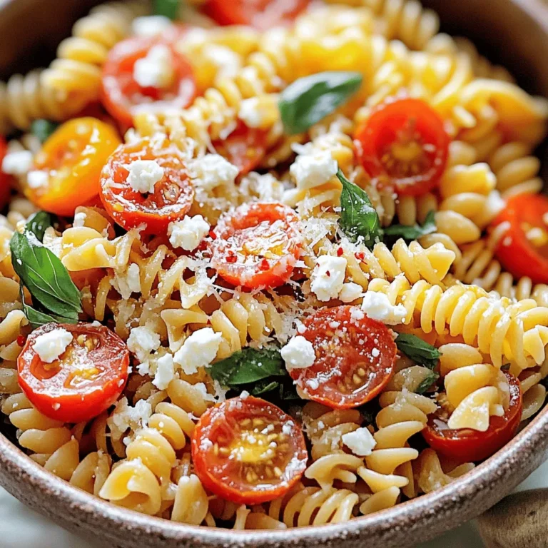 - 400g pasta (penne or fusilli) - 300g cherry tomatoes, halved - 200g feta cheese, crumbled - 1/2 cup fresh basil leaves, roughly chopped - 3 cloves garlic, finely minced - 1/4 cup extra virgin olive oil - 1 teaspoon red pepper flakes (optional) - Salt and freshly cracked black pepper to taste - Grated Parmesan cheese for garnishing (optional) When I make Tomato Basil Feta Pasta, I focus on fresh, simple ingredients. The pasta serves as the base, and I like using either penne or fusilli. Both types hold onto the sauce well. The cherry tomatoes add a burst of sweet flavor. Halving them lets their juices blend into the dish. Feta cheese is key for a creamy texture and tangy taste. Crumbling it makes it easy to mix in. Fresh basil brings a fragrant aroma and vibrant color. I always chop the leaves roughly to keep their flavor strong. Garlic adds depth, while olive oil ties everything together. I often drizzle in red pepper flakes for a bit of heat. Seasoning with salt and pepper enhances the flavors of the dish. For those who enjoy a cheesy finish, I sometimes sprinkle grated Parmesan on top. It adds flavor and a nice touch to the meal. You can find the Full Recipe above, which provides clear steps to create this delightful dish. - Fill a large pot with water and add a good amount of salt. - Bring it to a strong boil. - Add the pasta and cook as the package says until it is al dente. - Before draining, save 1 cup of the pasta water. - Drain the pasta and place it back in the pot. - In a big bowl, mix the halved cherry tomatoes, crumbled feta, minced garlic, and olive oil. - If you like heat, add red pepper flakes. - Sprinkle salt and freshly cracked black pepper to taste. - Add the drained pasta to the bowl with the tomato mix. - Use tongs or a large spoon to toss it all together. - Make sure the pasta gets coated well with the olive oil and feta. - If the pasta looks dry, slowly mix in the reserved pasta water. - Keep adding until it has a nice creamy look. - Gently fold in the fresh basil leaves just before serving. - This helps the basil wilt a bit and releases its lovely aroma. - Use fresh, high-quality ingredients for maximum flavor. Fresh tomatoes and basil make a big difference. - Don’t overcook the pasta. Aim for al dente to keep it firm and tasty. - You can experiment with different herbs. Try adding thyme or oregano for a twist. - A splash of lemon juice brightens the dish. It adds zing and balances the feta's creaminess. - For extra protein, add grilled chicken or shrimp. It turns the pasta into a hearty meal. - Serve the pasta warm right after cooking. It tastes best when fresh and hot. - Pair with a side salad or crusty bread. This completes the meal and adds great texture. - For a fun touch, sprinkle some extra feta on top. It makes the dish look inviting and delicious. Remember, you can always check the Full Recipe for detailed steps and ingredients. Enjoy your cooking! {{image_4}} You can easily change this dish to suit your taste. If you want a deeper flavor, swap cherry tomatoes for sun-dried tomatoes. They add a rich, tangy touch that makes the dish unique. Another tasty option is to use goat cheese instead of feta. Goat cheese has a creamier texture and a different taste profile. This change can surprise your palate and give you a fresh experience. If you follow a gluten-free diet, simply use gluten-free pasta. This way, you can enjoy the meal without worry. For those who want a vegan option, omit the cheese entirely. You can also replace it with vegan cheese or nutritional yeast. These substitutes let you savor the dish while keeping it plant-based. Remember, these variations keep the dish fun and exciting! Store any leftover Tomato Basil Feta Pasta in an airtight container in your fridge. For the best taste, eat it within 3-4 days. This helps keep the flavors fresh and vibrant. You can freeze this dish for up to 3 months. To enjoy it later, thaw the pasta overnight in the fridge before reheating. This method helps to maintain its taste and texture. To reheat, warm the pasta on the stove with a splash of olive oil or pasta water. This adds moisture and keeps it creamy. If you prefer the microwave, heat in short intervals, stirring to ensure even heating. This way, you avoid hot spots and enjoy a warm meal. Yes, you can prepare the ingredients in advance and combine them just before serving. This makes it easy to enjoy a fresh meal without much hassle. Just chop the tomatoes, crumble the feta, and mince the garlic beforehand. Store them in the fridge until you are ready to cook. It pairs well with a fresh garden salad or garlic bread. A crisp salad adds a nice crunch. Garlic bread offers a warm, buttery taste that complements the pasta. While fresh is recommended for optimal flavor, you can use dried herbs in smaller quantities. Dried herbs can work well but may not give the same vibrant taste. If you use dried basil, cut the amount in half to avoid overpowering the dish. The red pepper flakes are optional; omit them for a milder dish. If you like heat, add them to your taste. This way, you control how spicy you want your pasta. The complete cooking instructions and ingredient details are provided in the Step-by-Step Instructions section. You can follow those steps for a delicious meal every time. This dish combines fresh ingredients for a simple yet tasty meal. You learned how to cook pasta, prepare a rich tomato mixture, and mix everything for a delightful dish. Remember to use high-quality ingredients for the best flavor. Feel free to experiment with variations that suit your taste. Whether you enjoy it right away or save it for later, Tomato Basil Feta Pasta is sure to please. Enjoy making it and sharing it with family and friends!