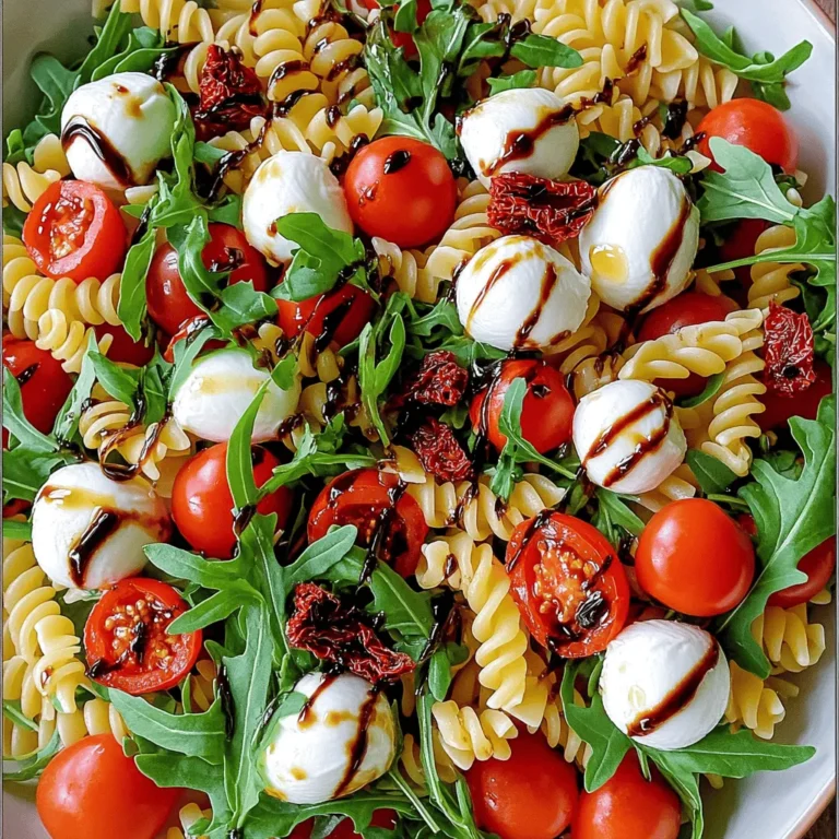 To make a great Caprese pasta salad, you need some key ingredients. Here’s what you will need: - 8 oz whole wheat pasta (fusilli or penne) - 1 cup cherry tomatoes, halved - 1 cup fresh mozzarella balls, halved - 1 cup arugula - ½ cup fresh basil, chopped - ¼ cup sun-dried tomatoes, chopped - 3 tablespoons balsamic glaze - 3 tablespoons extra virgin olive oil - Salt and pepper to taste - ½ teaspoon red pepper flakes (optional) Each ingredient brings a burst of flavor and color. The cherry tomatoes add sweetness, while mozzarella gives creaminess. Arugula adds a peppery kick. Feel free to get creative! Here are some optional ingredients to enhance your dish: - ½ cup olives, sliced - 1 avocado, diced - 1 cup grilled chicken, cubed - ½ cup roasted red peppers, chopped Adding these ingredients can give your pasta salad a different twist. Try one or a mix to suit your taste! You might not have all ingredients at home. Here are some easy swaps: - Use regular pasta if you don’t have whole wheat. - Swap mozzarella for feta cheese for a tangy flavor. - Basil can be switched for parsley or cilantro. - Try balsamic vinegar if you run out of glaze. These swaps still keep the salad fresh and tasty. You can make it work with what you have! For the full recipe, check out the detailed steps above. To start, boil a large pot of salted water. Once it reaches a rolling boil, add 8 oz of whole wheat pasta. I like fusilli or penne for this dish. Cook it for about 8-10 minutes, or until it's al dente. When done, drain the pasta. Rinse it under cold water to stop the cooking process and cool it down. While the pasta cooks, prepare the vegetables. Take 1 cup of cherry tomatoes and cut them in half. Do the same with 1 cup of fresh mozzarella balls. Roughly chop ¼ cup of sun-dried tomatoes. In a separate bowl, add the halved tomatoes, mozzarella, 1 cup of arugula, and ½ cup of chopped fresh basil. Set these aside for later. In a large mixing bowl, combine the cooled pasta with your prepared vegetables. Add the halved cherry tomatoes, mozzarella balls, arugula, basil, and sun-dried tomatoes. This makes your dish colorful and tasty. For the dressing, whisk together 3 tablespoons of balsamic glaze and 3 tablespoons of extra virgin olive oil in a smaller bowl. Season it with salt, pepper, and ½ teaspoon of red pepper flakes if you like some heat. Drizzle the dressing over the salad and toss it gently until everything is coated. For the best flavor, chill the salad for 15-30 minutes before serving. Enjoy this dish fresh and flavorful with the full recipe! To make a great dressing, use fresh ingredients. Whisk together balsamic glaze and extra virgin olive oil. Add salt and pepper to taste. For a kick, sprinkle in red pepper flakes. Mix well until smooth. This simple dressing brings all the flavors together. Remember, taste as you go. Adjust the seasoning until it’s just right for you. Chilling the salad is key to great flavor. After mixing, cover the salad and place it in the fridge. Let it chill for at least 15-30 minutes. This time allows the dressing to soak into the pasta and veggies. You can serve it cold or at room temperature. Either way, it tastes fresh and delicious. A beautiful dish looks more appetizing. Serve your Caprese pasta salad in a large, fancy bowl. Add extra fresh basil leaves on top for color. Drizzle some balsamic glaze over the salad before serving. This touch not only looks good but also adds flavor. A well-presented salad makes every bite special. Enjoy making it your own! {{image_4}} You can easily boost protein in your Caprese pasta salad. Grilled chicken makes a great choice. Just dice it up and add it to the mix. Cooked shrimp works well too. Use medium shrimp and toss them in after cooking. For a vegetarian option, try chickpeas or white beans. They add protein and fiber without meat. While whole wheat pasta is a healthy base, feel free to change it up. You can use gluten-free pasta if needed. Or try classic pasta like rotini or farfalle. Each shape adds a unique twist to your dish. The key is to use a pasta that holds the dressing well. This way, every bite bursts with flavor. You can adapt this salad based on the season. In the summer, add fresh corn or zucchini. These veggies bring a bright crunch. In the fall, consider roasted butternut squash. It adds warmth and sweetness. Winter calls for hearty greens like kale. Each season offers fresh options that keep your salad exciting. Explore these variations to keep your Caprese pasta salad fresh and fun. For the full recipe, check out Caprese Pasta Salad with a Twist. To store leftover Caprese pasta salad, place it in an airtight container. Make sure the lid seals well. This helps keep the salad fresh. You can also use a reusable food storage bag. Just squeeze out the air before sealing. This way, the salad will stay crisp and tasty. You don't need to reheat this salad. Caprese pasta salad tastes best cold or at room temperature. If you prefer it warm, heat only the pasta lightly. Avoid heating the fresh veggies and cheese. They lose their crunch if heated too much. This salad lasts about 3 days in the fridge. After that, it may lose flavor and texture. To enjoy it longer, eat it within two days. Always check for any off smells or changes in color before eating. If you see any, it’s best to toss it. For the freshest taste, make a new batch as needed. You can find the full recipe for this delicious dish to try again! You can enjoy Caprese Pasta Salad with grilled chicken or shrimp. A piece of crusty bread pairs well, too. This salad also works great as a side dish for barbecues or picnics. You might like it with a light soup or a fresh green salad. For a fun twist, serve it alongside a charcuterie board. Each option adds a nice touch to your meal. Yes, you can make this salad ahead of time. In fact, letting it chill in the fridge for a while helps the flavors mix well. Just prepare the salad and cover it tightly. You can store it in the fridge for up to 24 hours. If you make it too early, the arugula may wilt. To avoid this, add the arugula just before serving. This keeps it fresh and crisp. Caprese Pasta Salad stays good in the fridge for about three days. Store it in a sealed container to keep it fresh. After three days, the quality may decline. The tomatoes might get mushy, and the pasta may soak up too much dressing. Always check for any signs of spoilage before eating. Enjoy your salad while it's fresh for the best taste! In this post, we explored the joy of making Caprese Pasta Salad. We looked at key ingredients and how to prepare them. You learned step-by-step instructions to bring your salad together. I shared tips to enhance flavor and presentation, along with tasty variations. Lastly, we covered how to store leftovers and answered common questions. Caprese Pasta Salad is simple and fun to make. You can enjoy it any time of the year! Remember, a great salad starts with fresh ingredients and good preparation.