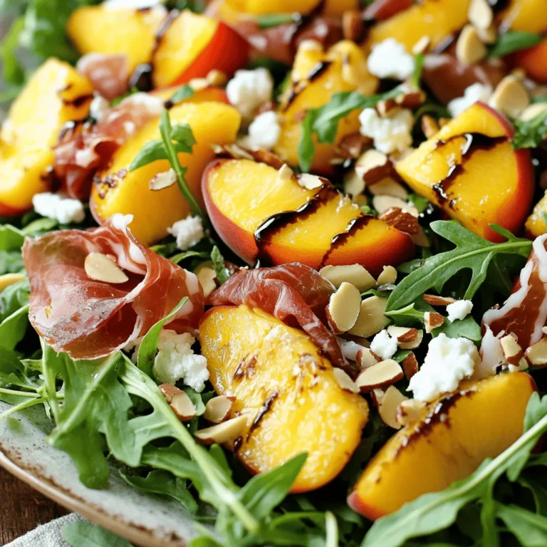 - 4 perfectly ripe peaches, sliced into wedges - 6 oz. thinly sliced prosciutto, delicately arranged - 4 cups fresh arugula or a mix of vibrant salad greens - 1/2 cup creamy goat cheese, crumbled for texture - 1/4 cup toasted almonds, roughly chopped for crunch - 2 tablespoons rich balsamic glaze for a tangy finish - 2 tablespoons high-quality extra-virgin olive oil for drizzling - Salt and freshly cracked pepper, to taste - Fresh mint leaves for garnish (optional, but recommended) You can swap fruits or greens for a twist. Try using nectarines or a mix of spinach and kale. If you want a cheese change, feta or blue cheese work well. These options keep the dish fresh and fun. Choosing ripe peaches makes a big difference. Look for peaches that yield slightly when pressed. High-quality prosciutto adds depth. A rich balsamic glaze and top-notch olive oil enhance flavor too. Investing in good ingredients is key to a great salad. First, wash the peaches well under cold water. This removes any dirt or residue. Next, slice the peaches into thin wedges. Set these aside on a plate to let their juices soak in. Now, grab a large salad bowl. Fill it with fresh arugula or your favorite mixed greens. Make sure to spread the greens evenly for a nice base. Take the peach slices and layer them over the greens. Then, add the prosciutto on top. The colors should look inviting and fresh. Next, sprinkle the crumbled goat cheese evenly across the salad. This adds a creamy texture that pairs beautifully with the peaches. Finally, toss in the toasted almond pieces for added crunch. In a small bowl, combine the balsamic glaze and extra-virgin olive oil. This mix will bring a rich flavor to the salad. Use a pinch of salt and freshly cracked pepper to season it. Whisk the dressing until it is smooth and well blended. Now, gently drizzle the dressing over the salad. Be careful to coat everything without drowning it. Using a light hand, toss the salad to mix the ingredients, keeping the peaches intact. If you want a final touch, add fresh mint leaves on top. This adds a pop of color and a fresh taste. You can find the full recipe for this delicious dish above! Serving your Peach and Prosciutto Salad can change how it feels. You can serve it on a large, beautiful platter for everyone to share. This family-style serving allows everyone to take what they want. It looks great and feels warm. If you want a more personal touch, use individual bowls. This way, each guest gets their own serving. It gives a nice, fancy feel to your meal. You can also drizzle any extra balsamic glaze on top to make it pop. For a finishing touch, add fresh mint leaves as a garnish. They add color and a fresh taste. Just sprinkle some on top right before serving. To make this salad taste just right, adjust the seasoning to match your taste. Taste it before serving and add a pinch of salt or pepper if needed. Remember, everyone has different preferences, so make it yours! Keeping peaches intact is vital for look and taste. After slicing, handle them gently when mixing. Toss the salad lightly. This way, the peaches stay whole and look beautiful on the plate. Want to save time? Pre-prep your ingredients! You can wash and slice the peaches ahead of time. Store them in the fridge to keep them fresh. For quick assembly, gather all your ingredients in one place. When it’s time to serve, you can layer things quickly. This way, you can enjoy your meal with less fuss and more fun. For the full recipe, you can find all the steps outlined clearly so you can create this delicious dish with ease. {{image_4}} You can change the fruits in this salad based on the season. In spring, try fresh strawberries or cherries. In fall, consider using apples or pears. Each fruit brings a unique flavor. You can also mix in various nuts, like walnuts or pecans, for extra crunch. They add different tastes and textures, making every bite exciting. You can swap the cheese too. If you want a sharper flavor, try feta instead of goat cheese. For a creamier taste, use burrata. Each cheese adds its own twist to the salad. If you need a gluten-free option, this salad is already perfect. Just be sure to check your balsamic glaze and olive oil for gluten. If you want a vegetarian dish, skip the prosciutto. You can add more cheese or even roasted chickpeas instead. These swaps keep the salad filling and tasty. For a low-calorie version, cut back on the cheese or use a light dressing. You can mix yogurt with herbs as a fresh dressing alternative. This option still gives you flavor without the extra calories. This salad pairs well with grilled meats like chicken or steak. The sweet peaches balance the savory flavors of the meat. If you prefer seafood, shrimp or salmon works great too. You can serve it as a light lunch or a side for dinner. For a complete meal, add a side of crusty bread or a light soup. These dishes complement the salad and make your meal satisfying. You can even serve it with a refreshing beverage, like iced tea or sparkling water, to enhance your dining experience. If you want the full recipe, check out the Peachy Prosciutto Delight. When you have leftover Peach and Prosciutto Salad, store the salad components separately. This helps keep each part fresh. For example, put the peaches and prosciutto in one container and the greens in another. This way, the greens stay crisp, and the peaches do not get soggy. To keep peaches from browning, sprinkle them with a little lemon juice. This simple trick slows down oxidation and keeps your peaches looking fresh and bright. Use airtight containers for the best storage. Glass or plastic containers with tight lids work well. If you have extra dressing, store it in a small jar. The salad stays fresh for about two days in the fridge. After that, the greens may wilt, and the flavors might fade. You can reuse leftover dressing in other salads or as a marinade for grilled meats. If you have extra prosciutto, it adds a great flavor to pasta dishes or breakfast scrambles. If you want to repurpose ingredients, toss leftover peaches into smoothies or use them in yogurt bowls. They bring a nice sweetness to many meals. If you want a tasty replacement for prosciutto, try turkey bacon. It provides a nice, smoky flavor. Smoked salmon is another great option. It adds a rich taste and pairs well with peaches. Both options keep the salad light and fresh. Yes, you can prep this salad ahead of time! Slice the peaches and store them in a bowl with a little lemon juice. This will keep them fresh. You can also wash the greens and crumble the goat cheese. Store each ingredient separately in the fridge. Assemble the salad just before serving for the best taste. This salad is not just delicious; it's also healthy! Each serving has about 300 calories. It contains healthy fats from the olive oil and almonds. You'll get protein from the prosciutto and cheese. Plus, the peaches add vitamins and fiber. Yes, it works well for meal prep! Just keep the dressing separate until you're ready to eat. This way, the salad stays fresh. Pack the ingredients in airtight containers. Combine them when you're ready for a tasty meal. To make this salad vegetarian, skip the prosciutto. You can use chickpeas or roasted vegetables instead. Feta cheese can replace goat cheese for a nice taste. This way, you still enjoy a flavorful and satisfying salad without the meat. For the full recipe, check out the Peachy Prosciutto Delight! This blog post explored how to make a delicious Peach and Prosciutto Salad. We covered key ingredients, including fresh peaches and quality prosciutto. You learned how to prepare and assemble the salad, plus tips for balance and presentation. We also discussed variations for seasons and dietary needs. Lastly, we shared storage tips to keep your salad fresh. Enjoying this salad is a simple way to impress at any meal. By choosing top ingredients and understanding preparation, you can create a dish that delights every time.