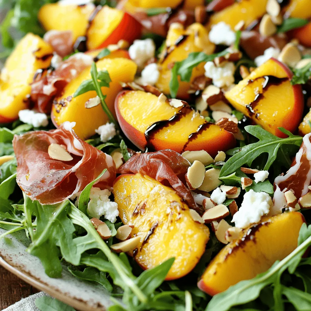 - 4 perfectly ripe peaches, sliced into wedges - 6 oz. thinly sliced prosciutto, delicately arranged - 4 cups fresh arugula or a mix of vibrant salad greens - 1/2 cup creamy goat cheese, crumbled for texture - 1/4 cup toasted almonds, roughly chopped for crunch - 2 tablespoons rich balsamic glaze for a tangy finish - 2 tablespoons high-quality extra-virgin olive oil for drizzling - Salt and freshly cracked pepper, to taste - Fresh mint leaves for garnish (optional, but recommended) You can swap fruits or greens for a twist. Try using nectarines or a mix of spinach and kale. If you want a cheese change, feta or blue cheese work well. These options keep the dish fresh and fun. Choosing ripe peaches makes a big difference. Look for peaches that yield slightly when pressed. High-quality prosciutto adds depth. A rich balsamic glaze and top-notch olive oil enhance flavor too. Investing in good ingredients is key to a great salad. First, wash the peaches well under cold water. This removes any dirt or residue. Next, slice the peaches into thin wedges. Set these aside on a plate to let their juices soak in. Now, grab a large salad bowl. Fill it with fresh arugula or your favorite mixed greens. Make sure to spread the greens evenly for a nice base. Take the peach slices and layer them over the greens. Then, add the prosciutto on top. The colors should look inviting and fresh. Next, sprinkle the crumbled goat cheese evenly across the salad. This adds a creamy texture that pairs beautifully with the peaches. Finally, toss in the toasted almond pieces for added crunch. In a small bowl, combine the balsamic glaze and extra-virgin olive oil. This mix will bring a rich flavor to the salad. Use a pinch of salt and freshly cracked pepper to season it. Whisk the dressing until it is smooth and well blended. Now, gently drizzle the dressing over the salad. Be careful to coat everything without drowning it. Using a light hand, toss the salad to mix the ingredients, keeping the peaches intact. If you want a final touch, add fresh mint leaves on top. This adds a pop of color and a fresh taste. You can find the full recipe for this delicious dish above! Serving your Peach and Prosciutto Salad can change how it feels. You can serve it on a large, beautiful platter for everyone to share. This family-style serving allows everyone to take what they want. It looks great and feels warm. If you want a more personal touch, use individual bowls. This way, each guest gets their own serving. It gives a nice, fancy feel to your meal. You can also drizzle any extra balsamic glaze on top to make it pop. For a finishing touch, add fresh mint leaves as a garnish. They add color and a fresh taste. Just sprinkle some on top right before serving. To make this salad taste just right, adjust the seasoning to match your taste. Taste it before serving and add a pinch of salt or pepper if needed. Remember, everyone has different preferences, so make it yours! Keeping peaches intact is vital for look and taste. After slicing, handle them gently when mixing. Toss the salad lightly. This way, the peaches stay whole and look beautiful on the plate. Want to save time? Pre-prep your ingredients! You can wash and slice the peaches ahead of time. Store them in the fridge to keep them fresh. For quick assembly, gather all your ingredients in one place. When it’s time to serve, you can layer things quickly. This way, you can enjoy your meal with less fuss and more fun. For the full recipe, you can find all the steps outlined clearly so you can create this delicious dish with ease. {{image_4}} You can change the fruits in this salad based on the season. In spring, try fresh strawberries or cherries. In fall, consider using apples or pears. Each fruit brings a unique flavor. You can also mix in various nuts, like walnuts or pecans, for extra crunch. They add different tastes and textures, making every bite exciting. You can swap the cheese too. If you want a sharper flavor, try feta instead of goat cheese. For a creamier taste, use burrata. Each cheese adds its own twist to the salad. If you need a gluten-free option, this salad is already perfect. Just be sure to check your balsamic glaze and olive oil for gluten. If you want a vegetarian dish, skip the prosciutto. You can add more cheese or even roasted chickpeas instead. These swaps keep the salad filling and tasty. For a low-calorie version, cut back on the cheese or use a light dressing. You can mix yogurt with herbs as a fresh dressing alternative. This option still gives you flavor without the extra calories. This salad pairs well with grilled meats like chicken or steak. The sweet peaches balance the savory flavors of the meat. If you prefer seafood, shrimp or salmon works great too. You can serve it as a light lunch or a side for dinner. For a complete meal, add a side of crusty bread or a light soup. These dishes complement the salad and make your meal satisfying. You can even serve it with a refreshing beverage, like iced tea or sparkling water, to enhance your dining experience. If you want the full recipe, check out the Peachy Prosciutto Delight. When you have leftover Peach and Prosciutto Salad, store the salad components separately. This helps keep each part fresh. For example, put the peaches and prosciutto in one container and the greens in another. This way, the greens stay crisp, and the peaches do not get soggy. To keep peaches from browning, sprinkle them with a little lemon juice. This simple trick slows down oxidation and keeps your peaches looking fresh and bright. Use airtight containers for the best storage. Glass or plastic containers with tight lids work well. If you have extra dressing, store it in a small jar. The salad stays fresh for about two days in the fridge. After that, the greens may wilt, and the flavors might fade. You can reuse leftover dressing in other salads or as a marinade for grilled meats. If you have extra prosciutto, it adds a great flavor to pasta dishes or breakfast scrambles. If you want to repurpose ingredients, toss leftover peaches into smoothies or use them in yogurt bowls. They bring a nice sweetness to many meals. If you want a tasty replacement for prosciutto, try turkey bacon. It provides a nice, smoky flavor. Smoked salmon is another great option. It adds a rich taste and pairs well with peaches. Both options keep the salad light and fresh. Yes, you can prep this salad ahead of time! Slice the peaches and store them in a bowl with a little lemon juice. This will keep them fresh. You can also wash the greens and crumble the goat cheese. Store each ingredient separately in the fridge. Assemble the salad just before serving for the best taste. This salad is not just delicious; it's also healthy! Each serving has about 300 calories. It contains healthy fats from the olive oil and almonds. You'll get protein from the prosciutto and cheese. Plus, the peaches add vitamins and fiber. Yes, it works well for meal prep! Just keep the dressing separate until you're ready to eat. This way, the salad stays fresh. Pack the ingredients in airtight containers. Combine them when you're ready for a tasty meal. To make this salad vegetarian, skip the prosciutto. You can use chickpeas or roasted vegetables instead. Feta cheese can replace goat cheese for a nice taste. This way, you still enjoy a flavorful and satisfying salad without the meat. For the full recipe, check out the Peachy Prosciutto Delight! This blog post explored how to make a delicious Peach and Prosciutto Salad. We covered key ingredients, including fresh peaches and quality prosciutto. You learned how to prepare and assemble the salad, plus tips for balance and presentation. We also discussed variations for seasons and dietary needs. Lastly, we shared storage tips to keep your salad fresh. Enjoying this salad is a simple way to impress at any meal. By choosing top ingredients and understanding preparation, you can create a dish that delights every time.