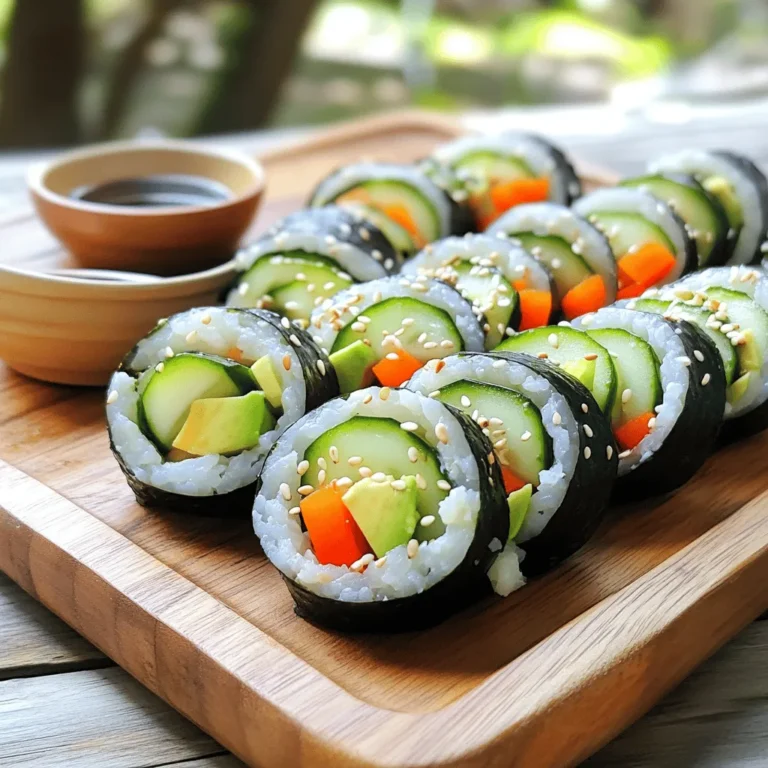 To make easy veggie sushi rolls, you need a few simple ingredients. Here’s what you will need: - 2 cups sushi rice - 2 ½ cups water - 1/4 cup rice vinegar - 1 tablespoon sugar - 1/2 teaspoon salt - 4 sheets nori (seaweed) - 1 ripe avocado, sliced thin - 1 fresh cucumber, julienned - 1 vibrant carrot, julienned - 1 red bell pepper, cut into thin strips - Soy sauce, for dipping - Sesame seeds, for garnish (optional) These fresh ingredients create a colorful and tasty sushi roll. You can find the full recipe above. Each item plays a key role in flavor and texture. Sushi rice gives a sticky base. Nori wraps everything together. Fresh veggies add crunch and color. Soy sauce is perfect for dipping. If you want, sprinkle some sesame seeds on top for a nice touch. Enjoy making your sushi rolls! First, rinse the sushi rice under cold water. Do this until the water runs clear. This step removes excess starch. Next, cook the rice. If you have a rice cooker, add 2 cups of rice and 2 ½ cups of water. Follow the cooker’s instructions. If using a pot, boil the rice and water over medium heat. Lower the heat and cover the pot. Let it simmer for about 20 minutes. Once the rice is cooked, mix rice vinegar, sugar, and salt in a small bowl. Stir until the sugar dissolves. Transfer the warm rice to a large bowl. Gently fold in the vinegar mixture. Let the rice cool to room temperature. This keeps it fluffy and perfect for sushi. While the rice cools, prepare your veggies. Slice the avocado thinly. For the cucumber and carrot, julienne them finely. This means cutting them into long, thin strips. Finally, cut the bell pepper into thin strips too. This makes sure every bite is full of flavor. Now, it’s time to assemble. Lay your bamboo sushi mat on a clean surface. Place one sheet of nori, shiny side down, on the mat. Wet your hands with water to stop the rice from sticking. Grab a handful of sushi rice and spread it evenly over the nori. Leave about 1 inch at the top edge. This space helps seal the roll later. Let’s roll! Starting from the edge closest to you, lift the bamboo mat. Gently roll it away from you, tucking the filling inside as you go. Make sure the roll is tight but not too compact. This keeps the filling from spilling out. Once rolled, wet the top edge of the nori with a little water. This helps seal the sushi roll. To slice the rolls, use a sharp knife. Cut the roll into bite-sized pieces. Wipe the knife with a damp cloth between cuts. This keeps the edges clean and neat. Arrange your sushi rolls on a plate. For a fun touch, sprinkle sesame seeds on top if you want. Serve with soy sauce for dipping. Enjoy your creation! For the complete recipe, check out the Full Recipe section. To make great sushi, the rice must be perfect. First, rinse the sushi rice well. This removes excess starch. You want the rice to be fluffy, not sticky. Cook the rice according to your rice cooker’s instructions. If you use a pot, let it simmer on low heat for 20 minutes. After cooking, mix rice vinegar, sugar, and salt. Fold this mixture into the warm rice. This step gives the rice flavor. Let the rice cool to room temperature before rolling. This helps the rice hold together without getting mushy. Presentation is key to an enjoyable meal. Arrange your sushi rolls on a colorful plate. A wooden sushi board also looks great. Add garnishes like pickled ginger and wasabi for extra flair. These not only add color but also enhance the taste. You can sprinkle sesame seeds on top for a nice touch. Use bright dishes to match the vibrant colors of your vegetables. Avoid overcooking your rice. Too much moisture leads to soggy sushi. Make sure to use the right amount of water. Keep your vegetable cuts uniform. This helps with even rolling and makes each bite delightful. If the veggies are too thick, they may spill out. Always check that your nori is fresh. Old nori can make your rolls lose flavor. For a full step-by-step guide, check out the Full Recipe for Easy Veggie Sushi Rolls. {{image_4}} You can use many types of vegetables in your sushi rolls. Here are some great options: - Zucchini - Sweet potato - Spinach - Radish These veggies change with the seasons. Use what's fresh in your area. You can also swap any veggie for one you like better. Don't be afraid to mix and match! Want to make your sushi rolls heartier? You can add protein like tofu or tempeh. Here’s how: - Tofu: Press it, then slice it. Marinate for more flavor. - Tempeh: Cook it, then slice thinly. It has a nutty taste. If you want other vegetarian proteins, consider chickpeas or edamame. They fit well with the veggies and rice. To make your sushi rolls pop, add some flavor boosts. Here are a few ideas: - Sauces: Use soy sauce, spicy mayo, or teriyaki sauce. - Spices: Sprinkle sesame seeds or chili flakes for some heat. - Herbs: Add fresh herbs like cilantro or mint for a bright taste. These touches make each bite more exciting. You can find your favorite flavors as you experiment! To keep your sushi fresh, wrap it in plastic. Make sure to cover each roll tightly. This helps keep air out. Place the wrapped sushi in an airtight container. Store it in the fridge. This way, it stays tasty for later. You should not microwave sushi. It makes the rice mushy. Instead, eat it cold or at room temperature. If you prefer warmth, try dipping the rolls in warm water for a few seconds. This can help revive the flavors. Veggie sushi rolls last about 24 hours in the fridge. After this time, they may spoil. Watch for changes. If the rice feels hard or the veggies look wilted, it's time to toss them. Fresh sushi is the best sushi, so enjoy it soon after making. For the full recipe, check the main article. The best rice for sushi is sushi rice, also known as short-grain rice. It has a sticky texture that helps the rolls hold together. You can also use medium-grain rice if sushi rice is not available. The key is to rinse it well to remove excess starch and cook it properly. Yes, you can use other types of nori! Nori comes in different grades. Look for sushi nori, which is usually roasted and has a nice flavor. You can also try flavored nori for some extra taste. Just make sure it’s suitable for sushi rolls. To make sushi less sticky, rinse the rice thoroughly before cooking. Use cold water and wash the rice until the water runs clear. Also, let the cooked rice cool to room temperature before rolling. This helps keep it fluffy and less sticky. Absolutely! Veggie sushi rolls are naturally vegan. You can fill them with a variety of vegetables like avocado, cucumber, and carrots. You can also add tofu or tempeh for extra protein. There are endless options for delicious vegan sushi. Serve your veggie sushi rolls with soy sauce for dipping. You can also add pickled ginger and wasabi for an extra kick. For a complete meal, pair the sushi with a light salad or miso soup. Enjoy your colorful and fresh meal! Making sushi at home is simple and fun. We covered essential ingredients, from sushi rice to fresh veggies. You learned how to prepare, roll, and slice your sushi for a delightful meal. Remember to customize your rolls with various fillings and dips. Practice proper storage to keep your creation fresh. Now, you have all the tools to impress yourself and others with your homemade sushi! Enjoy this tasty adventure!