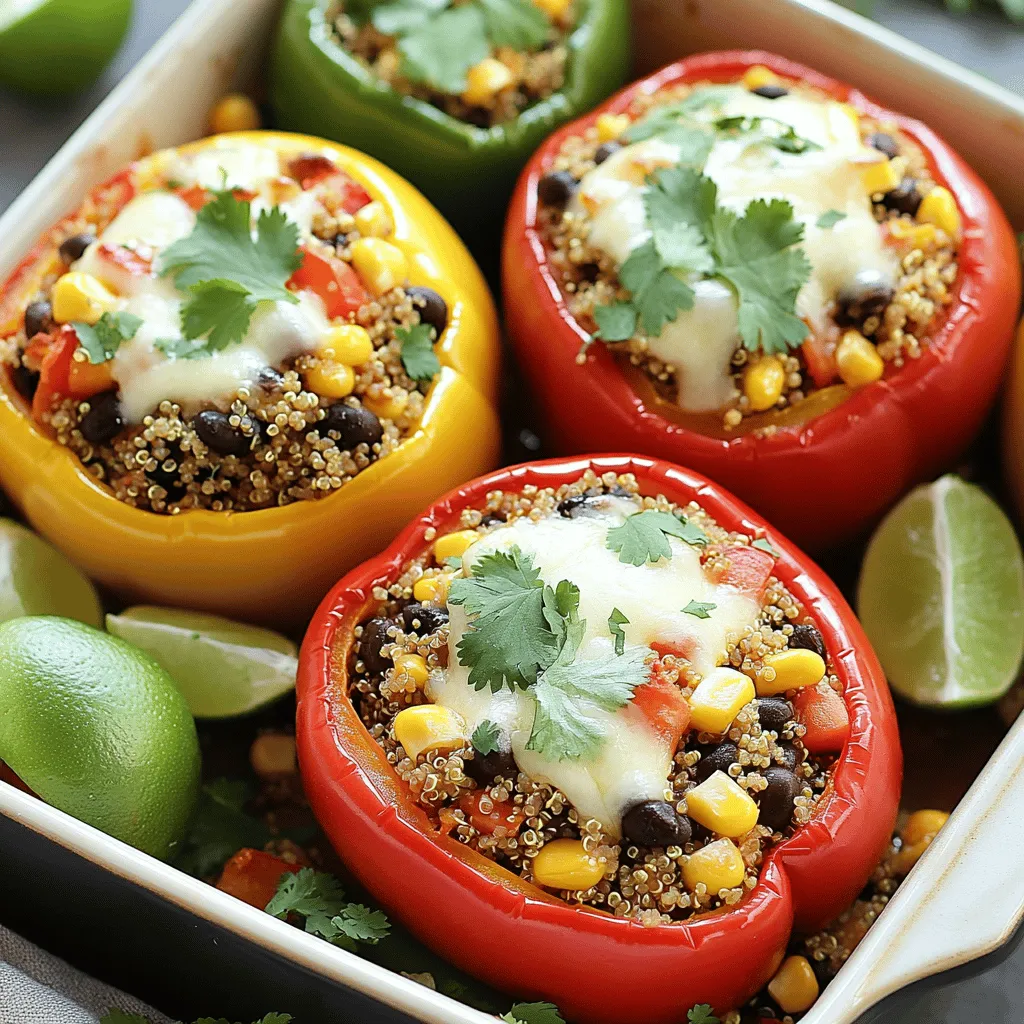 - 4 large bell peppers (your choice of color) - 1 cup quinoa, thoroughly rinsed - 2 cups vegetable broth or water - 1 can (15 oz) black beans, drained and rinsed - 1 cup corn kernels (fresh, frozen, or canned) - 1 cup diced tomatoes (fresh or canned) - 1 teaspoon ground cumin - 1 teaspoon chili powder - ½ teaspoon smoked paprika - Salt and freshly cracked pepper to taste - 1 cup shredded cheese (cheddar or Mexican blend) - Fresh cilantro and lime wedges for serving Gathering these ingredients is simple and fun. I recommend using fresh bell peppers for the best taste. You can choose any color: red, yellow, or green. They all work great and make your dish colorful. Quinoa is the star of this show. It is gluten-free, high in protein, and very filling. Rinsing it helps remove the bitter coating called saponin. You can use canned black beans for convenience. They add protein and fiber, making this dish more satisfying. Corn adds sweetness and texture, while diced tomatoes bring juiciness and flavor. For spices, cumin and chili powder give a nice kick. Smoked paprika adds depth. Don’t forget to add salt and pepper! They help balance all the flavors. Top your stuffed peppers with shredded cheese for a melty finish. I like using cheddar or a Mexican blend. They pair perfectly with these flavors. Fresh cilantro and lime wedges are great for serving. They add a bright touch to the dish and enhance the flavors. This collection of ingredients makes the perfect base for your Mexican quinoa stuffed peppers. For the full recipe, check out the detailed instructions. - Prepare your oven by preheating to 375°F (190°C). - Prep the peppers by cutting off tops and removing seeds. - Combine rinsed quinoa with vegetable broth or water in a medium saucepan. - Bring to a rolling boil, then simmer until fluffy. This usually takes about 15 minutes. - Mix cooked quinoa with black beans, corn, diced tomatoes, cumin, chili powder, smoked paprika, and salt. - Stuff peppers with this tasty mixture. Don’t be shy; pack it in! - Sprinkle cheese on top of each stuffed pepper for a cheesy finish. - Bake covered for 25 minutes, then uncovered for an additional 10-15 minutes. This helps the cheese melt perfectly and the peppers become tender. For the full recipe, check out the details above. Enjoy the vibrant flavors and health benefits of this dish! Choosing the best bell peppers for stuffing is key. Look for large, firm peppers. They should feel heavy for their size. Bright colors like red, yellow, and orange add beauty. Each color has its own unique flavor. When selecting quinoa, quality matters. Always choose organic quinoa if you can. Rinse it well before cooking. This removes the bitter coating called saponin. It helps the quinoa taste light and fresh. To ensure quinoa is perfectly fluffy, use a proper water-to-quinoa ratio. A 2:1 ratio works best. Bring the liquid to a boil before adding quinoa. Once it simmers, cover and cook on low. This method makes sure it cooks evenly. To prevent peppers from burning while baking, cover them with foil at first. This keeps moisture in and helps them cook through. Remove the foil later to let the cheese brown. For creative serving suggestions, think about garnishes. Fresh cilantro adds color and flavor. A sprinkle of lime juice brightens the dish. You can also serve lime wedges on the side for guests. Plating tips can enhance the meal’s appeal. Use a colorful platter for your stuffed peppers. Arrange them neatly for a beautiful display. Add extra cilantro around the edges for a fresh look. {{image_4}} You can easily make this dish vegan-friendly. Simply swap out the cheese for a plant-based alternative. Many brands offer tasty vegan cheese that melts well. You can also use nutritional yeast for a cheesy flavor without dairy. For gluten-free swaps, quinoa is already a great choice. It’s free from gluten and packed with protein. Just make sure any other ingredients, like broth, are gluten-free too. Want to spice things up? You can add jalapeños or a splash of hot sauce. This will give your peppers a nice kick. You can also mix in different herbs and spices. Consider using fresh cilantro, oregano, or even a touch of cayenne pepper for added warmth. These simple tweaks can take your stuffed peppers to the next level. If you want to change the flavor, consider using zucchini or mushrooms. Both of these veggies add unique tastes and textures. You can chop them up and mix them into the filling. Additionally, feel free to experiment with other beans or legumes. Chickpeas or pinto beans can work well here. These swaps allow you to customize your dish and keep it exciting. For more ideas, check out the Full Recipe for inspiration. To store your stuffed peppers, let them cool to room temperature. Then, place them in an airtight container. Keep them in the fridge for up to four days. This way, you can enjoy your tasty meal again soon! You can freeze fully prepared stuffed peppers for up to three months. Wrap each pepper in plastic wrap and then in foil. This protects them from freezer burn. When you’re ready to eat, thaw them in the fridge overnight. To reheat, place them in a preheated oven at 375°F (190°C) for about 25 minutes. This warms them through and keeps them moist. If you have leftover quinoa or filling, don’t throw it away! Use the quinoa in salads or as a side dish. Mix it with veggies and dressings for a fresh meal. You can also make a quinoa stir-fry or add it to soups. If you have extra peppers, chop them and toss them into your next omelet or frittata for extra flavor. These ideas help you reduce waste and enjoy your ingredients fully. Can I use other grains instead of quinoa? Yes, you can! Brown rice, farro, or barley work well too. Choose a grain that fits your taste. Each grain adds different textures and flavors to the dish. Just remember to adjust the cooking time based on the grain you use. How do I know when the peppers are done baking? Your peppers are done when they are soft and slightly wrinkled. The cheese should be golden and bubbly. A fork should easily pierce the peppers. Keep an eye on them, as overcooking can make them mushy. What sides pair well with stuffed peppers? You can serve these stuffed peppers with a fresh salad or some avocado slices. Cornbread or rice goes well too. A side of guacamole adds creaminess and flavor. You can also enjoy them with tortilla chips for a crunchy bite. Can I make these ahead of time? Absolutely! You can prepare the filling a day before and store it in the fridge. You can stuff the peppers and bake them when you're ready. This saves time and makes a quick meal for busy days. Caloric and nutritional breakdown of the recipe Each serving of Mexican quinoa stuffed peppers has about 400 calories. They provide protein from quinoa and beans. You also get fiber and vitamins from the peppers and corn. Health benefits of main ingredients included in the dish Quinoa is a complete protein, which means it has all nine essential amino acids. Black beans are great for heart health and digestion. Bell peppers are high in vitamins A and C, boosting your immune system. This dish is not just tasty but also packed with nutrition. This recipe for stuffed peppers combines fresh ingredients, easy preparation, and great taste. You learned how to choose the best peppers, cook fluffy quinoa, and mix in tasty ingredients like black beans and corn. Remember, you can customize the flavors with spices and herbs. Enjoy the flexibility in this dish, whether you're vegan or love heat. Store leftovers or freeze for later. With this guide, you can create delicious meals that everyone will enjoy. Get cooking, and make these stuffed peppers your new favorite dish!