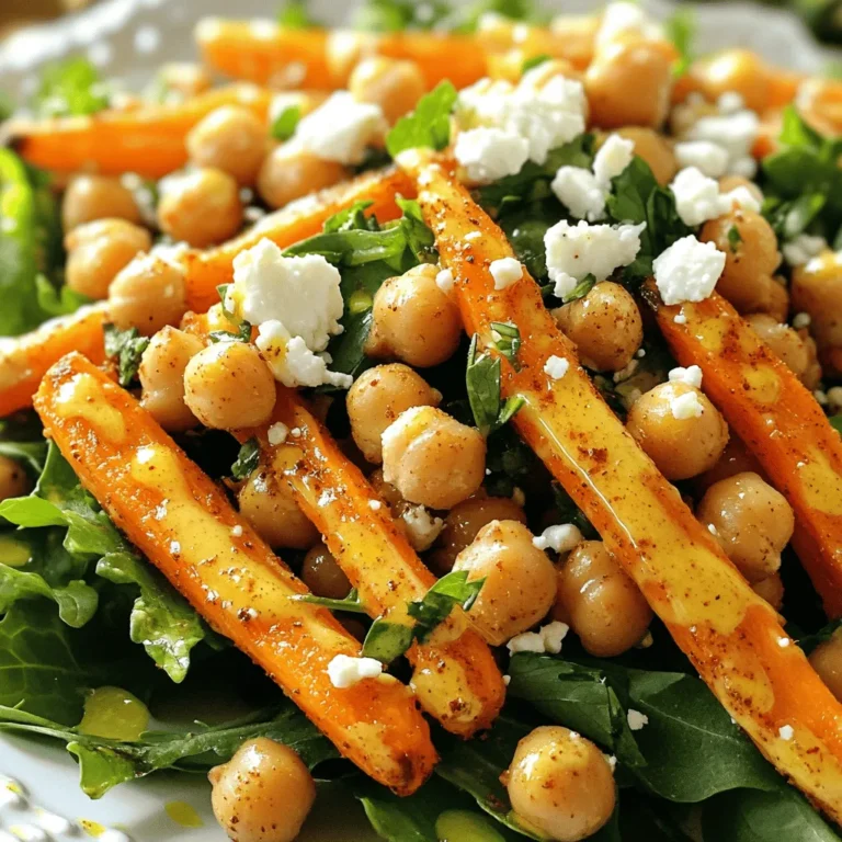 - 4 medium carrots, peeled and sliced into sticks - 1 can (15 oz) chickpeas, drained and rinsed - 2 cups mixed greens (spinach, arugula, or kale) - 1/4 cup feta cheese (optional) - 2 tablespoons extra virgin olive oil - 1 teaspoon ground cumin - 1 teaspoon smoked paprika - 1/2 teaspoon ground cinnamon - Salt and freshly cracked black pepper - 2 tablespoons tahini - Juice of 1 fresh lemon - 1 tablespoon honey or maple syrup (vegan alternative) - Fresh parsley, finely chopped for garnish The carrots give the salad a sweet flavor. The chickpeas add protein and texture. You can mix any greens you like for the base. If you want creaminess, add feta cheese. For seasonings, olive oil adds richness. Cumin brings warmth. Smoked paprika gives a nice depth, while cinnamon adds a hint of spice. Salt and pepper boost all the flavors. The dressing combines tahini, lemon juice, and honey or maple syrup. This mix is creamy and tangy. Make sure to check out the Full Recipe for detailed steps. - Preheat the oven to 400°F (200°C). - In a large bowl, combine the carrot sticks and chickpeas. - Drizzle in olive oil, then add cumin, smoked paprika, cinnamon, salt, and pepper. - Toss the mix until all pieces are coated evenly. - Spread the mixture on a baking sheet lined with parchment paper. - Bake for 25-30 minutes. Toss halfway for even cooking. - In a small bowl, whisk together tahini, lemon juice, honey (or maple syrup), and salt. - If the dressing is too thick, add a splash of water until smooth. - In a large salad bowl, layer the mixed greens as a base. - Add the roasted carrots and chickpeas on top of the greens. - Drizzle the dressing over the salad and toss gently to combine. You can find the full recipe [here](#). - Ensure even space on the baking sheet for optimal roasting. - Toss halfway through cooking for uniform caramelization. Roasting carrots and chickpeas makes them sweet and crunchy. When you spread them out, they cook evenly. If they touch, they steam instead of roast. This can make them soggy and less tasty. Tossing the mixture halfway is key. It helps to brown all sides well. This step adds more flavor and a lovely texture. - Experiment with different citrus juices like lime or orange. - Substitute tahini with Greek yogurt for a creamy dressing. The dressing can change the whole dish. Use lime juice for a zesty twist. Orange juice gives a sweet touch. Both add freshness and brightness. If you want a creamy option, use Greek yogurt instead of tahini. It makes the dressing rich and smooth. This swap gives a fun flavor change too. - Serve in individual bowls for a refined presentation. - Add a lemon wedge for guests to use. Presenting this salad in bowls looks nice. It makes each serving feel special. Guests can enjoy their own portion. Adding a lemon wedge on the side is a great idea. It lets everyone add a splash of fresh juice. This brightens the salad even more. For the full recipe, check the details above. Enjoy your cooking! {{image_4}} You can make this salad even better. Try adding other roasted veggies. Bell peppers bring sweetness. Sweet potatoes add creaminess. Both enhance flavor and texture. You can also toss in nuts or seeds. Almonds or sunflower seeds add a nice crunch. They make the salad more filling and fun. If you want more protein, try grilled chicken or tofu. Both options work well with roasted carrots and chickpeas. Grilled chicken adds a savory touch, while tofu keeps it plant-based. You can also use canned tuna. It gives the salad a different flavor and makes it heartier. Want to boost flavor? Experiment with fresh herbs. Cilantro or mint can brighten the taste. They add freshness that complements the roasted veggies. You can also spice it up with hot sauce. Just a dash gives the salad a nice kick. It’s a fun way to change the flavor profile. For the complete recipe, check out the Full Recipe section above. Store leftovers in an airtight container in the fridge. They are best consumed within 2-3 days. After that, the carrots may lose their crunch, and the flavors fade. Freezing this salad is not recommended. The dressing may separate when frozen. This can change the texture and taste of your salad. You can enjoy this salad cold or at room temperature. If you prefer, reheat in the oven. This helps retain the texture of the roasted carrots and chickpeas. Yes, use maple syrup instead of honey and omit the feta cheese. This keeps the flavors rich and plant-based. You won’t miss the cheese, trust me. The roasted carrots and chickpeas bring enough taste and texture to satisfy everyone. You can use black beans or white beans as alternatives. Both options provide protein and fiber. They also add a nice twist to the taste. Black beans bring a bit of earthiness, while white beans offer a creamier texture. Serve the dressing on the side to keep the greens crisp until serving. This way, they stay fresh and crunchy. Drizzle the dressing just before you eat for the best taste and texture. Spinach, arugula, or chopped kale work well for base greens. Each option adds a different flavor. Spinach is mild, arugula is peppery, and kale adds a hearty bite. Choose what you like best! This blog post shares a tasty recipe featuring roasted carrots and chickpeas on fresh greens. It walks through each step, from prep to assembly, and includes tips for perfect results. You can even tweak the dressing and add your favorite proteins. Don’t hesitate to make this salad your own. Experimenting with flavors makes cooking fun! Enjoy your healthy, vibrant salad that brings flavor and nutrition to your table.