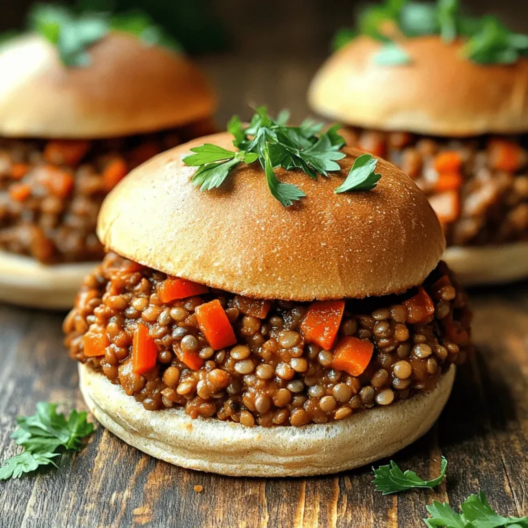 - 1 cup green or brown lentils, thoroughly rinsed - 1 small onion, finely chopped - 2 cloves garlic, minced - 1 red bell pepper, diced - 1 medium carrot, grated - 2 tablespoons tomato paste - 1 cup vegetable broth (low sodium if preferred) - 1 tablespoon soy sauce or tamari (for a gluten-free option) - 2 tablespoons pure maple syrup - 1 teaspoon smoked paprika - 1 teaspoon ground cumin - Salt and freshly ground black pepper to taste - 4 whole wheat burger buns, preferably lightly toasted - Fresh parsley, chopped (for garnish) For this recipe, I love using green or brown lentils. They provide a nice, hearty texture. Onions and garlic add a warm flavor that makes this dish special. Red bell peppers give a sweet crunch, and the grated carrot adds a hint of sweetness. The tomato paste combines with the vegetable broth to create a rich sauce. Soy sauce or tamari enhances the umami, while maple syrup adds a touch of natural sweetness. Smoked paprika and cumin offer a depth of flavor that makes these sloppy joes unforgettable. Finally, sprinkle some fresh parsley on top for color and freshness. Want to see how to put all these ingredients together? Check out the Full Recipe for step-by-step instructions. To start, take your rinsed lentils and put them in a medium pot. Add 3 cups of water. Bring this to a boil on high heat. Once boiling, lower the heat to let it simmer. Cook for 25 to 30 minutes. Check that the lentils are tender but still hold their shape. After cooking, drain any extra water and set the lentils aside for later. Next, grab a large skillet. Heat a splash of water or vegetable broth over medium heat. Add the finely chopped onion and minced garlic. Cook them for about 3 to 4 minutes. You want them to soften and get fragrant. Then, add the diced red bell pepper and grated carrot. Continue to cook for another 5 minutes. This will help the veggies become tender and mix their flavors. Now it’s time to bring everything together. Stir in your cooked lentils along with the tomato paste, vegetable broth, soy sauce or tamari, maple syrup, smoked paprika, and ground cumin. Mix everything well to combine. Let this mixture simmer for about 10 to 15 minutes. Stir occasionally. This will help thicken the sauce and blend the flavors. Taste and adjust the seasoning with salt and pepper as needed. For the complete recipe, check out the Full Recipe. - Ensure lentils are tender but not mushy for best texture. This keeps the dish hearty. - Adjust seasoning to taste for maximum flavor. This makes each bite enjoyable. - Pair with baked sweet potato fries or a green salad. This adds color and crunch. - Wrap in parchment paper for a fun presentation. It makes the meal more inviting. - Consider adding jalapeños for spice. This adds a nice kick. - Nutritional yeast gives a savory touch. It's a great way to boost flavor without extra calories. These tips will help you create a great meal with the vegan lentil sloppy joes. For the full recipe, check the earlier section. Enjoy your cooking! {{image_4}} You can swap out lentils for quinoa or chickpeas. Both options add protein and texture. If you want more flavor, try different types of bell peppers. You can use green, yellow, or orange peppers. Adding mushrooms can bring a rich taste and meaty texture to your Sloppy Joes. Vegan Lentil Sloppy Joes are great in many forms. Try them as a rice bowl topping for a hearty meal. You can also stuff them in bell peppers for a fun presentation. For a low-carb option, serve them in lettuce wraps instead of buns. This keeps it light and fresh. To change up the flavor, add BBQ sauce for a smoky twist. This gives your Sloppy Joes a sweet and tangy taste. Fresh herbs like cilantro or basil can brighten the dish. They add a touch of freshness and color that makes each bite special. For more detailed instructions, check the Full Recipe. Store leftovers in an airtight container in the fridge for up to 4 days. This keeps them fresh and tasty. When you’re ready to eat, just grab your container and enjoy the flavors again. You can freeze the lentil mixture for up to 3 months. Just make sure to thaw it before reheating. This is a great way to save some meals for busy days. To reheat, gently warm it on the stovetop or microwave. When reheating, add a splash of water or broth. This helps keep the mixture moist and flavorful. It’s an easy trick to ensure your Vegan Lentil Sloppy Joes taste just as good as when you first made them. For the full recipe, check back to the earlier section! The total time to make Vegan Lentil Sloppy Joes is 45 minutes. You will spend about 10 minutes on prep. The cooking time takes around 35 minutes. This means you can have a tasty meal ready in less than an hour! Yes, they can be gluten-free! Use tamari instead of soy sauce. Also, make sure your burger buns are gluten-free. This way, everyone can enjoy this meal. Absolutely! You can prepare the lentil mixture ahead of time. Just store it in the fridge. When you're ready to eat, heat it up and serve it on your buns. It’s a great time-saver! You can serve these sloppy joes with fun sides. Sweet potato fries make a great match. Coleslaw adds a nice crunch. A fresh salad is also a perfect option to keep it light. This recipe for Vegan Lentil Sloppy Joes shows how simple and tasty plant-based meals can be. You learned about the key ingredients, step-by-step cooking, and helpful tips for serving. Multiple variations allow you to get creative. Whether you enjoy them with fries or in a lettuce wrap, these sloppy joes are a hit. Remember, they store well too. Making this recipe can add flavor and nutrition to your meals. Dive in and enjoy a fun, healthy dish!