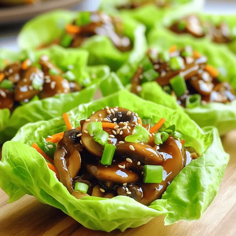 To make Teriyaki Mushroom Lettuce Cups, you need these simple ingredients: - 2 cups shiitake mushrooms, thinly sliced - 1 cup button mushrooms, thinly sliced - 1 tablespoon olive oil - 2 cloves garlic, finely minced - 1 tablespoon fresh ginger, finely minced - 1/4 cup teriyaki sauce (store-bought or homemade) - 1 teaspoon sesame oil - 1/4 cup green onions, chopped - 1/4 cup shredded carrots - 1 head of butter lettuce (or romaine), leaves carefully separated - Sesame seeds, for garnish If you don’t have shiitake mushrooms, use any mushrooms you like. Cremini or portobello also work great. You can swap olive oil for another oil, like avocado oil. If you want a lower-sodium option, try a low-sodium teriyaki sauce. For a fresh twist, add lime juice or fresh herbs like cilantro. This dish is vegan and can be gluten-free. To make it gluten-free, choose a gluten-free teriyaki sauce. Most ingredients, like mushrooms and veggies, are naturally gluten-free. If you follow a vegan diet, all the ingredients fit right in. Enjoy this light meal with peace of mind, knowing it meets your dietary needs. For the full recipe, check out the Teriyaki Mushroom Lettuce Cups. To make teriyaki mushroom lettuce cups, start by heating olive oil in a large skillet. Use medium-high heat until the oil shimmers. Add minced garlic and ginger to the skillet. Sauté for about one minute. You want them to be aromatic and golden, but not burnt. Next, add the sliced shiitake and button mushrooms. Sauté the mushrooms for about 5 to 7 minutes. Stir frequently until they turn tender and brown. This step enhances their flavor and texture. After that, lower the heat slightly. Pour the teriyaki sauce over the mushrooms. Cook for 2 to 3 minutes. Stir occasionally until the sauce thickens and coats the mushrooms well. Finally, drizzle sesame oil into the pan. Fold in chopped green onions and shredded carrots. Cook for one more minute. The greens should wilt yet stay vibrant. Remove the skillet from heat and let it cool slightly. Choosing the right mushrooms is key. I prefer shiitake and button mushrooms for their rich taste. Shiitake mushrooms have a meaty texture that holds up well. Button mushrooms add a mild flavor that balances the dish. Slice them thinly for even cooking. Make sure to sauté them until they are golden. This caramelization brings out their natural sweetness. If you want a deeper flavor, you can add other mushrooms like portobello or oyster. Just remember to adjust cooking time based on thickness. Now comes the fun part: assembling your lettuce cups. Take a leaf of butter lettuce or romaine. Place it on a flat surface. Spoon a generous amount of the mushroom mix into the center. The lettuce should cradle the filling, creating a cup. Sprinkle sesame seeds on top for crunch. You can also add more green onions for extra flavor. Fold the lettuce around the filling. This makes a handheld cup that is easy to eat. Enjoy your flavorful and light meal! For the full recipe, check the details above. When making Teriyaki Mushroom Lettuce Cups, avoid overcooking the mushrooms. They should be tender, not mushy. If you add too much teriyaki sauce at once, it can drown the mushrooms. Instead, pour it slowly and watch for thickening. Don’t skip the sesame oil; it adds a rich flavor. Lastly, ensure you wash the lettuce well to remove any grit. You can enhance the flavor of your mushroom filling in various ways. Try adding a splash of lime juice for brightness. Fresh herbs like cilantro or basil can add a nice touch. If you enjoy heat, some chili flakes or sriracha can spice things up. For a nutty crunch, toss in some chopped peanuts or cashews. Remember to taste as you go along! For a light meal, one cup per person works well. If you're serving these as appetizers, plan for two to three cups per guest. This dish is perfect for sharing at gatherings. You can easily double the recipe if you're hosting a larger group. Just make sure to keep the lettuce and filling separate until ready to serve. For the full recipe, check out the cooking instructions provided earlier. {{image_4}} You can switch up the mushrooms in this recipe. Shiitake mushrooms give a rich flavor, but other types work well too. Try using portobello mushrooms for a meaty bite. Cremini mushrooms add earthiness and depth. Even oyster mushrooms can bring a unique texture. Mix and match to find your favorite combo. Feel free to get creative with the fillings. You can add sliced bell peppers for crunch or diced cucumbers for freshness. Avocado will bring creaminess, while shredded cabbage adds a nice crunch. For a spicy kick, include sliced jalapeños or a drizzle of sriracha. You can also top with fresh herbs like cilantro or mint for added flavor. If you want a lighter option, consider using a homemade teriyaki sauce. You can mix soy sauce, honey, and a splash of rice vinegar. This gives you control over sweetness. You might also try coconut aminos, which has less sodium. For a tangy twist, use lemon juice or lime juice instead of teriyaki sauce. These options keep your meal light and tasty. For the complete recipe, check out the Full Recipe. To store your leftover teriyaki mushroom lettuce cups, place them in an airtight container. Make sure to keep the mushroom filling separate from the lettuce leaves. This keeps the leaves crisp and fresh. Store the container in the fridge. Leftovers will stay good for about 3 days. When you are ready to eat leftovers, take the mushroom filling out of the fridge. Place it in a skillet over low heat. Stir it gently until the filling warms up. This method keeps the flavor intact. Avoid microwaving, as it can make the mushrooms soggy. If you want to freeze the mushroom filling, place it in a freezer-safe bag. Squeeze out as much air as possible and seal the bag. You can freeze it for up to 2 months. When ready to use, thaw it overnight in the fridge. Reheat it as mentioned above before serving. The lettuce cups are best fresh, so it’s better to freeze only the filling. For the full recipe, check the earlier section in this article. If you want to change the lettuce, try using cabbage. Cabbage has a nice crunch. You can also use collard greens or Swiss chard. These options hold the filling well and add great flavor. For a low-carb choice, use cucumber slices or bell peppers. They work great for a fresh bite. Yes, you can prep ahead. Cook the mushroom mix and store it in the fridge. It stays fresh for up to three days. When you are ready to eat, warm the mixture in a pan. Then, serve it with fresh lettuce. This makes it easy for busy days or quick meals. Making teriyaki sauce at home is simple. You need: - 1/4 cup soy sauce - 1 tablespoon honey or brown sugar - 1 tablespoon rice vinegar - 1 teaspoon sesame oil - 1 teaspoon cornstarch (optional, for thickness) - 1 tablespoon water (mix with cornstarch if using) Combine all the ingredients in a small pot over medium heat. Stir until it starts to bubble. If you want it thicker, add the cornstarch mix. Cook for another minute, then cool before using it in your dish. This sauce adds a personal touch to your teriyaki mushroom lettuce cups. For the full recipe, check out the earlier section. This blog post covered all the ingredients you need for the recipe. We discussed substitutions and options for different diets. You learned how to cook and prepare mushrooms and assemble tasty lettuce cups. We shared tips to avoid common mistakes and enhance flavor. You also found variations and storage info, plus answers to common questions. Enjoy experimenting with this dish. It’s easy to prepare, fun to customize, and delicious to eat!