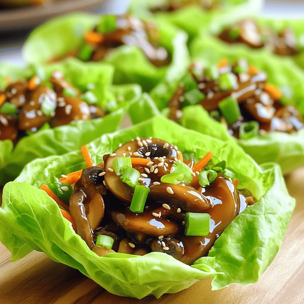 To make Teriyaki Mushroom Lettuce Cups, you need these simple ingredients: - 2 cups shiitake mushrooms, thinly sliced - 1 cup button mushrooms, thinly sliced - 1 tablespoon olive oil - 2 cloves garlic, finely minced - 1 tablespoon fresh ginger, finely minced - 1/4 cup teriyaki sauce (store-bought or homemade) - 1 teaspoon sesame oil - 1/4 cup green onions, chopped - 1/4 cup shredded carrots - 1 head of butter lettuce (or romaine), leaves carefully separated - Sesame seeds, for garnish If you don’t have shiitake mushrooms, use any mushrooms you like. Cremini or portobello also work great. You can swap olive oil for another oil, like avocado oil. If you want a lower-sodium option, try a low-sodium teriyaki sauce. For a fresh twist, add lime juice or fresh herbs like cilantro. This dish is vegan and can be gluten-free. To make it gluten-free, choose a gluten-free teriyaki sauce. Most ingredients, like mushrooms and veggies, are naturally gluten-free. If you follow a vegan diet, all the ingredients fit right in. Enjoy this light meal with peace of mind, knowing it meets your dietary needs. For the full recipe, check out the Teriyaki Mushroom Lettuce Cups. To make teriyaki mushroom lettuce cups, start by heating olive oil in a large skillet. Use medium-high heat until the oil shimmers. Add minced garlic and ginger to the skillet. Sauté for about one minute. You want them to be aromatic and golden, but not burnt. Next, add the sliced shiitake and button mushrooms. Sauté the mushrooms for about 5 to 7 minutes. Stir frequently until they turn tender and brown. This step enhances their flavor and texture. After that, lower the heat slightly. Pour the teriyaki sauce over the mushrooms. Cook for 2 to 3 minutes. Stir occasionally until the sauce thickens and coats the mushrooms well. Finally, drizzle sesame oil into the pan. Fold in chopped green onions and shredded carrots. Cook for one more minute. The greens should wilt yet stay vibrant. Remove the skillet from heat and let it cool slightly. Choosing the right mushrooms is key. I prefer shiitake and button mushrooms for their rich taste. Shiitake mushrooms have a meaty texture that holds up well. Button mushrooms add a mild flavor that balances the dish. Slice them thinly for even cooking. Make sure to sauté them until they are golden. This caramelization brings out their natural sweetness. If you want a deeper flavor, you can add other mushrooms like portobello or oyster. Just remember to adjust cooking time based on thickness. Now comes the fun part: assembling your lettuce cups. Take a leaf of butter lettuce or romaine. Place it on a flat surface. Spoon a generous amount of the mushroom mix into the center. The lettuce should cradle the filling, creating a cup. Sprinkle sesame seeds on top for crunch. You can also add more green onions for extra flavor. Fold the lettuce around the filling. This makes a handheld cup that is easy to eat. Enjoy your flavorful and light meal! For the full recipe, check the details above. When making Teriyaki Mushroom Lettuce Cups, avoid overcooking the mushrooms. They should be tender, not mushy. If you add too much teriyaki sauce at once, it can drown the mushrooms. Instead, pour it slowly and watch for thickening. Don’t skip the sesame oil; it adds a rich flavor. Lastly, ensure you wash the lettuce well to remove any grit. You can enhance the flavor of your mushroom filling in various ways. Try adding a splash of lime juice for brightness. Fresh herbs like cilantro or basil can add a nice touch. If you enjoy heat, some chili flakes or sriracha can spice things up. For a nutty crunch, toss in some chopped peanuts or cashews. Remember to taste as you go along! For a light meal, one cup per person works well. If you're serving these as appetizers, plan for two to three cups per guest. This dish is perfect for sharing at gatherings. You can easily double the recipe if you're hosting a larger group. Just make sure to keep the lettuce and filling separate until ready to serve. For the full recipe, check out the cooking instructions provided earlier. {{image_4}} You can switch up the mushrooms in this recipe. Shiitake mushrooms give a rich flavor, but other types work well too. Try using portobello mushrooms for a meaty bite. Cremini mushrooms add earthiness and depth. Even oyster mushrooms can bring a unique texture. Mix and match to find your favorite combo. Feel free to get creative with the fillings. You can add sliced bell peppers for crunch or diced cucumbers for freshness. Avocado will bring creaminess, while shredded cabbage adds a nice crunch. For a spicy kick, include sliced jalapeños or a drizzle of sriracha. You can also top with fresh herbs like cilantro or mint for added flavor. If you want a lighter option, consider using a homemade teriyaki sauce. You can mix soy sauce, honey, and a splash of rice vinegar. This gives you control over sweetness. You might also try coconut aminos, which has less sodium. For a tangy twist, use lemon juice or lime juice instead of teriyaki sauce. These options keep your meal light and tasty. For the complete recipe, check out the Full Recipe. To store your leftover teriyaki mushroom lettuce cups, place them in an airtight container. Make sure to keep the mushroom filling separate from the lettuce leaves. This keeps the leaves crisp and fresh. Store the container in the fridge. Leftovers will stay good for about 3 days. When you are ready to eat leftovers, take the mushroom filling out of the fridge. Place it in a skillet over low heat. Stir it gently until the filling warms up. This method keeps the flavor intact. Avoid microwaving, as it can make the mushrooms soggy. If you want to freeze the mushroom filling, place it in a freezer-safe bag. Squeeze out as much air as possible and seal the bag. You can freeze it for up to 2 months. When ready to use, thaw it overnight in the fridge. Reheat it as mentioned above before serving. The lettuce cups are best fresh, so it’s better to freeze only the filling. For the full recipe, check the earlier section in this article. If you want to change the lettuce, try using cabbage. Cabbage has a nice crunch. You can also use collard greens or Swiss chard. These options hold the filling well and add great flavor. For a low-carb choice, use cucumber slices or bell peppers. They work great for a fresh bite. Yes, you can prep ahead. Cook the mushroom mix and store it in the fridge. It stays fresh for up to three days. When you are ready to eat, warm the mixture in a pan. Then, serve it with fresh lettuce. This makes it easy for busy days or quick meals. Making teriyaki sauce at home is simple. You need: - 1/4 cup soy sauce - 1 tablespoon honey or brown sugar - 1 tablespoon rice vinegar - 1 teaspoon sesame oil - 1 teaspoon cornstarch (optional, for thickness) - 1 tablespoon water (mix with cornstarch if using) Combine all the ingredients in a small pot over medium heat. Stir until it starts to bubble. If you want it thicker, add the cornstarch mix. Cook for another minute, then cool before using it in your dish. This sauce adds a personal touch to your teriyaki mushroom lettuce cups. For the full recipe, check out the earlier section. This blog post covered all the ingredients you need for the recipe. We discussed substitutions and options for different diets. You learned how to cook and prepare mushrooms and assemble tasty lettuce cups. We shared tips to avoid common mistakes and enhance flavor. You also found variations and storage info, plus answers to common questions. Enjoy experimenting with this dish. It’s easy to prepare, fun to customize, and delicious to eat!