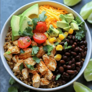 To make my easy chicken burrito bowls, gather these key ingredients: - Chicken and Rice: - 1 lb boneless, skinless chicken breasts, diced into bite-sized pieces - 2 cups cooked brown rice - Seasoning: - 1 tablespoon extra virgin olive oil - 1 teaspoon ground cumin - 1 teaspoon chili powder - 1 teaspoon garlic powder - Sea salt and freshly cracked black pepper to taste - Toppings: - 1 cup black beans, drained and thoroughly rinsed - 1 cup corn (freshly shucked or frozen) - 1 medium ripe tomato, diced - 1 ripe avocado, sliced into thin wedges - 1/2 cup shredded cheese (cheddar or a tasty taco blend) - 1/4 cup fresh cilantro, finely chopped - 1 lime, cut into wedges for garnish These ingredients come together to create a flavorful meal. Each bite bursts with taste and texture. You will appreciate how simple it is to prepare this dish. For the full recipe, refer to the section above. Enjoy cooking! To start, heat 1 tablespoon of olive oil in a large skillet over medium heat. Once the oil shimmers, add 1 pound of diced chicken breasts. Sprinkle in 1 teaspoon each of ground cumin, chili powder, and garlic powder. Season with sea salt and cracked black pepper to taste. Sauté the chicken for about 6 to 8 minutes. Stir occasionally to ensure even cooking. Look for the chicken to be golden brown and cooked through. If you have not cooked your rice yet, follow the package directions for 2 cups of brown rice. Bring water to a boil, add the rice, and reduce the heat to low. Cover and let it simmer until tender. Once the rice is done, fluff it with a fork for a light, airy texture. When your chicken is fully cooked, lower the heat. Carefully stir in 1 cup of drained black beans and 1 cup of corn. Mix well and heat everything through for 2 to 3 more minutes. This step adds great flavor and texture to your chicken mix. Now comes the fun part! Start by placing a generous amount of brown rice at the bottom of each bowl. Next, spoon the chicken mixture over the rice. Top it off with 1 medium diced tomato and slices from 1 ripe avocado. Finish your burrito bowls with a sprinkle of 1/2 cup of shredded cheese and 1/4 cup of finely chopped cilantro. Don't forget to serve lime wedges on the side; they add a refreshing zing when squeezed over the top. Enjoy your Easy Chicken Burrito Bowls! For more details, check the Full Recipe. - Perfectly Cooked Chicken: To make sure your chicken is tasty and juicy, start with fresh, high-quality chicken breasts. Cut them into small pieces for even cooking. Season them well with spices like cumin, chili powder, and garlic powder. Use medium heat when you sauté them. This way, they cook through but do not dry out. Stir them often to cook evenly. When they turn golden brown, they are ready. - Rice Tips: For fluffy rice, cook it according to the package instructions. After it’s done, fluff it with a fork to separate the grains. Keep the rice warm by covering it with a lid or a clean towel. This keeps it moist until you’re ready to serve. - Serving Suggestions: When you arrange the bowls, start with a layer of warm rice. Then, add the chicken mixture on top. For a fun look, sprinkle the toppings evenly. Use clear bowls to show off all the colorful layers. This makes the meal more inviting. - Garnishing Ideas: Fresh garnishes make a big difference. Add lime wedges on the side for a zesty kick. Chop fresh cilantro and sprinkle it over the top for a pop of green. These small touches make your burrito bowls not just tasty, but also beautiful. For the full recipe, check out the details provided above. {{image_4}} You can easily switch up the protein in your chicken burrito bowls. If you want a different taste, try using: - Beef - Shrimp - Tofu These swaps add variety and keep things exciting. Each option brings its own unique flavor. For the rice, you can also make some changes. Instead of brown rice, consider these options: - Quinoa - Cauliflower rice - White rice Each type of rice offers a new texture and flavor. Quinoa adds protein, while cauliflower rice is low-carb. Want to spice things up? Add some heat to your bowls! Here are a few ideas: - Jalapeños - Hot sauce These ingredients can bring a kick to your meal. Just add them to your chicken or mix them in with the rice. You can also get creative with toppings. Here are some fun ideas: - Sour cream - Grilled vegetables These extras can add creamy texture or a smoky flavor. Feel free to mix and match to find your perfect combination. For the full recipe, don't forget to check out the detailed steps. Enjoy your cooking adventure! - Refrigeration: Place leftover burrito bowls in airtight containers. Store them in the fridge for up to three days. To keep the flavors fresh, separate the toppings. This helps prevent sogginess. - Freezing Tips: To freeze, store the chicken mixture and rice in separate containers. You can freeze them for up to three months. When ready to eat, thaw them in the fridge overnight. This keeps the meal fresh and tasty. - Best Methods: To reheat in the microwave, place the bowl in for 1-2 minutes. Stir halfway through to heat evenly. For stovetop reheating, use a skillet over medium heat. Add a splash of water to keep it moist. Heat until warmed through. Enjoy your easy chicken burrito bowls hot! To make chicken burrito bowls fast, I suggest a few tips. First, cook the brown rice ahead of time. You can make it in a rice cooker or on the stovetop. It saves you time when you’re ready to assemble. Use pre-diced chicken or rotisserie chicken for quick prep. This way, you skip the chopping and cooking time. Also, grab canned black beans and corn. They are quick to rinse and mix in. Chop your veggies while the rice cooks. This lets you multitask and speeds up the process. Yes, you can prep burrito bowls in advance! I often do this for busy days. Start by cooking the rice, chicken, and beans. Let them cool before storing. Chop your fresh toppings the day before. Keep them in airtight containers in the fridge. This keeps them fresh and ready to use. Just assemble your bowls when you're ready to eat. Burrito bowls pair well with many sides. I love serving them with crispy tortilla chips for crunch. You could also add fresh salsa for a kick of flavor. A simple side salad with lime dressing complements the bowls nicely. It adds freshness and balance. You can even serve guacamole on the side. For a complete meal, try these with your burrito bowls from the Full Recipe. This blog post provided a simple guide for making chicken burrito bowls. We covered ingredients, cooking steps, tips, and variations. Cooking flavorful chicken and rice is easy if you follow the steps. Don't forget to mix in tasty toppings and consider different protein or rice options. Store leftovers properly for quick meals later. With these tips, you can enjoy tasty burrito bowls any day. Embrace your creativity and have fun with your meals!