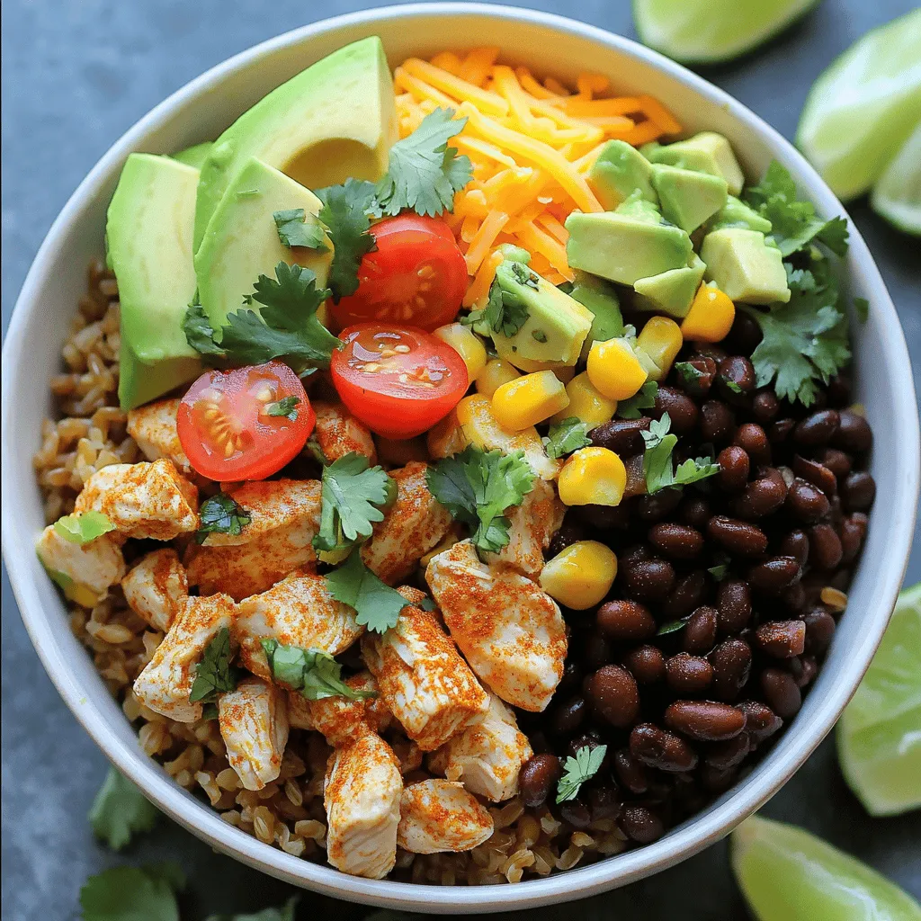 To make my easy chicken burrito bowls, gather these key ingredients: - Chicken and Rice: - 1 lb boneless, skinless chicken breasts, diced into bite-sized pieces - 2 cups cooked brown rice - Seasoning: - 1 tablespoon extra virgin olive oil - 1 teaspoon ground cumin - 1 teaspoon chili powder - 1 teaspoon garlic powder - Sea salt and freshly cracked black pepper to taste - Toppings: - 1 cup black beans, drained and thoroughly rinsed - 1 cup corn (freshly shucked or frozen) - 1 medium ripe tomato, diced - 1 ripe avocado, sliced into thin wedges - 1/2 cup shredded cheese (cheddar or a tasty taco blend) - 1/4 cup fresh cilantro, finely chopped - 1 lime, cut into wedges for garnish These ingredients come together to create a flavorful meal. Each bite bursts with taste and texture. You will appreciate how simple it is to prepare this dish. For the full recipe, refer to the section above. Enjoy cooking! To start, heat 1 tablespoon of olive oil in a large skillet over medium heat. Once the oil shimmers, add 1 pound of diced chicken breasts. Sprinkle in 1 teaspoon each of ground cumin, chili powder, and garlic powder. Season with sea salt and cracked black pepper to taste. Sauté the chicken for about 6 to 8 minutes. Stir occasionally to ensure even cooking. Look for the chicken to be golden brown and cooked through. If you have not cooked your rice yet, follow the package directions for 2 cups of brown rice. Bring water to a boil, add the rice, and reduce the heat to low. Cover and let it simmer until tender. Once the rice is done, fluff it with a fork for a light, airy texture. When your chicken is fully cooked, lower the heat. Carefully stir in 1 cup of drained black beans and 1 cup of corn. Mix well and heat everything through for 2 to 3 more minutes. This step adds great flavor and texture to your chicken mix. Now comes the fun part! Start by placing a generous amount of brown rice at the bottom of each bowl. Next, spoon the chicken mixture over the rice. Top it off with 1 medium diced tomato and slices from 1 ripe avocado. Finish your burrito bowls with a sprinkle of 1/2 cup of shredded cheese and 1/4 cup of finely chopped cilantro. Don't forget to serve lime wedges on the side; they add a refreshing zing when squeezed over the top. Enjoy your Easy Chicken Burrito Bowls! For more details, check the Full Recipe. - Perfectly Cooked Chicken: To make sure your chicken is tasty and juicy, start with fresh, high-quality chicken breasts. Cut them into small pieces for even cooking. Season them well with spices like cumin, chili powder, and garlic powder. Use medium heat when you sauté them. This way, they cook through but do not dry out. Stir them often to cook evenly. When they turn golden brown, they are ready. - Rice Tips: For fluffy rice, cook it according to the package instructions. After it’s done, fluff it with a fork to separate the grains. Keep the rice warm by covering it with a lid or a clean towel. This keeps it moist until you’re ready to serve. - Serving Suggestions: When you arrange the bowls, start with a layer of warm rice. Then, add the chicken mixture on top. For a fun look, sprinkle the toppings evenly. Use clear bowls to show off all the colorful layers. This makes the meal more inviting. - Garnishing Ideas: Fresh garnishes make a big difference. Add lime wedges on the side for a zesty kick. Chop fresh cilantro and sprinkle it over the top for a pop of green. These small touches make your burrito bowls not just tasty, but also beautiful. For the full recipe, check out the details provided above. {{image_4}} You can easily switch up the protein in your chicken burrito bowls. If you want a different taste, try using: - Beef - Shrimp - Tofu These swaps add variety and keep things exciting. Each option brings its own unique flavor. For the rice, you can also make some changes. Instead of brown rice, consider these options: - Quinoa - Cauliflower rice - White rice Each type of rice offers a new texture and flavor. Quinoa adds protein, while cauliflower rice is low-carb. Want to spice things up? Add some heat to your bowls! Here are a few ideas: - Jalapeños - Hot sauce These ingredients can bring a kick to your meal. Just add them to your chicken or mix them in with the rice. You can also get creative with toppings. Here are some fun ideas: - Sour cream - Grilled vegetables These extras can add creamy texture or a smoky flavor. Feel free to mix and match to find your perfect combination. For the full recipe, don't forget to check out the detailed steps. Enjoy your cooking adventure! - Refrigeration: Place leftover burrito bowls in airtight containers. Store them in the fridge for up to three days. To keep the flavors fresh, separate the toppings. This helps prevent sogginess. - Freezing Tips: To freeze, store the chicken mixture and rice in separate containers. You can freeze them for up to three months. When ready to eat, thaw them in the fridge overnight. This keeps the meal fresh and tasty. - Best Methods: To reheat in the microwave, place the bowl in for 1-2 minutes. Stir halfway through to heat evenly. For stovetop reheating, use a skillet over medium heat. Add a splash of water to keep it moist. Heat until warmed through. Enjoy your easy chicken burrito bowls hot! To make chicken burrito bowls fast, I suggest a few tips. First, cook the brown rice ahead of time. You can make it in a rice cooker or on the stovetop. It saves you time when you’re ready to assemble. Use pre-diced chicken or rotisserie chicken for quick prep. This way, you skip the chopping and cooking time. Also, grab canned black beans and corn. They are quick to rinse and mix in. Chop your veggies while the rice cooks. This lets you multitask and speeds up the process. Yes, you can prep burrito bowls in advance! I often do this for busy days. Start by cooking the rice, chicken, and beans. Let them cool before storing. Chop your fresh toppings the day before. Keep them in airtight containers in the fridge. This keeps them fresh and ready to use. Just assemble your bowls when you're ready to eat. Burrito bowls pair well with many sides. I love serving them with crispy tortilla chips for crunch. You could also add fresh salsa for a kick of flavor. A simple side salad with lime dressing complements the bowls nicely. It adds freshness and balance. You can even serve guacamole on the side. For a complete meal, try these with your burrito bowls from the Full Recipe. This blog post provided a simple guide for making chicken burrito bowls. We covered ingredients, cooking steps, tips, and variations. Cooking flavorful chicken and rice is easy if you follow the steps. Don't forget to mix in tasty toppings and consider different protein or rice options. Store leftovers properly for quick meals later. With these tips, you can enjoy tasty burrito bowls any day. Embrace your creativity and have fun with your meals!