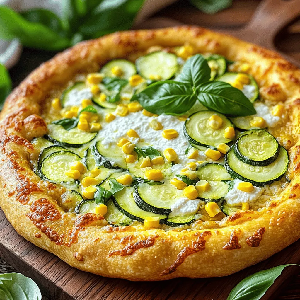 To make a delicious Zucchini Corn Pizza, gather the following ingredients: - Pre-made or homemade pizza crust - Medium zucchini - Sweet corn kernels - Shredded mozzarella cheese - Ricotta cheese - Garlic powder - Italian seasoning - Olive oil - Salt and pepper - Fresh basil leaves for garnish These ingredients bring together fresh flavors and simple steps. The zucchini adds a nice crunch, while the corn gives a sweet burst. Mozzarella and ricotta create a creamy, cheesy base that holds everything together. Garlic powder and Italian seasoning add warmth and depth. You can choose a pre-made crust to save time or make your own for extra fun. I love using fresh corn when it's in season, but frozen works just as well. Using fresh basil as a garnish elevates the dish and adds a pop of color. For the full recipe, you can check out the Zesty Zucchini Corn Pizza section. Each bite of this pizza is a tasty treat that everyone will enjoy. 1. Preheat your oven. Set it to 475°F (245°C). This heat helps the crust crisp up nicely. 2. Sauté zucchini. Heat 1 tablespoon of olive oil in a skillet on medium heat. Add sliced zucchini. Cook for 3-4 minutes until tender. Season with garlic powder, salt, and pepper. Remove from heat. 3. Prepare the pizza crust. If using a pre-made crust, roll it out on a baking sheet. For homemade crust, follow your recipe. 1. Spread ricotta cheese. Evenly layer the ricotta on the crust. Leave a small edge for the crust. 2. Layer zucchini and corn. Place the sautéed zucchini and 1 cup of sweet corn kernels on the ricotta. This adds a sweet crunch. 3. Add mozzarella and season. Sprinkle 1 cup of shredded mozzarella cheese on top. Finish with a dash of Italian seasoning for extra flavor. 1. Bake time and temperature. Place the pizza in the oven. Bake for 12-15 minutes or until the crust is golden and the cheese bubbles. 2. Cooling and garnishing. Once baked, let the pizza cool for a minute. Top it with fresh basil leaves for a pop of color and flavor. For the full recipe, check out the details above. Enjoy your delicious zucchini corn pizza! When making zucchini corn pizza, pick fresh zucchini. Look for firm ones without soft spots. I love using medium zucchini for its balance of flavor and texture. For corn, fresh is best. It adds sweetness. But if you can't find it, frozen corn works too. Just make sure it's thawed and drained. Sautéing the zucchini properly is key. Use medium heat and cook it for about three minutes. This softens the zucchini without losing its crunch. Don't crowd the pan; keep the veggies moving. For the crust, preheat your oven to 475°F. This ensures a crispy base. If you use a pre-made crust, roll it out gently. Slice your pizza into even wedges. This makes it easy to serve. For a touch of color, add fresh basil leaves on top. You can even drizzle a bit of olive oil for shine. A garnish like this not only looks good, but it also adds flavor. For more ideas, check the Full Recipe! {{image_4}} You can change up this pizza with fun toppings. - Protein options: Add grilled chicken or crispy bacon for protein. Both work great. - Other vegetables: Spinach and bell peppers add freshness. They also bring color and flavor. Making this pizza fit your diet is easy. - Gluten-free crust options: Use a gluten-free crust or cauliflower crust. Both options taste great. - Vegan cheese alternatives: Try dairy-free cheese. It melts well and keeps the taste rich. Spice things up with these ideas. - Spices and herbs to experiment with: Add red pepper flakes for heat or fresh oregano for a twist. - Sauces to drizzle on top: A balsamic glaze or pesto adds a nice touch. They enhance the flavor and look. For more ideas, check the Full Recipe for zucchini corn pizza. To store leftovers, place the pizza in an airtight container. This keeps it fresh for up to three days. If you want to reheat, use an oven or toaster oven. Preheat it to 350°F (175°C). Heat the pizza for about 10 minutes. This way, it stays crispy. You can also freeze the assembled pizza. Wrap it tightly in plastic wrap and then foil. This prevents freezer burn. It can last for up to two months in the freezer. When you are ready to cook it, thaw it in the fridge overnight. Then, bake it at 475°F (245°C) for about 15-20 minutes. Enjoy that fresh taste again! Can I use different types of cheese? Yes, you can use other cheeses. Try feta for tang or gouda for a smoky taste. Mixing cheeses adds fun flavors and keeps things interesting. What is the best crust for zucchini corn pizza? A thin, crispy crust works best. You can use a pre-made crust for ease. If you want to try making your own, a homemade whole wheat crust adds a nice touch. How can I make the pizza healthier? Choose a whole grain crust for more fiber. Use less cheese or add more veggies for nutrition. You can even try a cauliflower crust for a low-carb option. Can I prepare the ingredients in advance? Yes, you can prep in advance. Slice the zucchini and store it in the fridge. You can also measure out the corn and cheeses for quick assembly. What can I substitute if I'm out of zucchini? If you lack zucchini, use yellow squash or bell peppers. Both add great flavor and texture. You can use any veggies you have on hand for a fun twist. How do I know when the pizza is done? You’ll know the pizza is done when the crust is golden brown. The cheese should be melted and bubbling. A quick peek should show a nice, crispy bottom. What if my crust burns before the cheese melts? If the crust burns, try lowering the oven temperature. You can also bake the pizza on a lower rack. Covering the edges with foil helps prevent burning while the cheese melts. This pizza offers fresh flavors and easy steps. You can create a delicious crust topped with sautéed zucchini, sweet corn, and gooey cheese. Don’t forget the tips for choosing fresh ingredients and enhancing flavors. Feel free to explore different toppings or dietary options to suit your taste. With proper storage, your leftovers will taste great, too. Enjoy this fun dish shared with friends or family. Making it can be simple and tasty every time. Dive into your cooking adventure with this recipe and let your creativity shine!