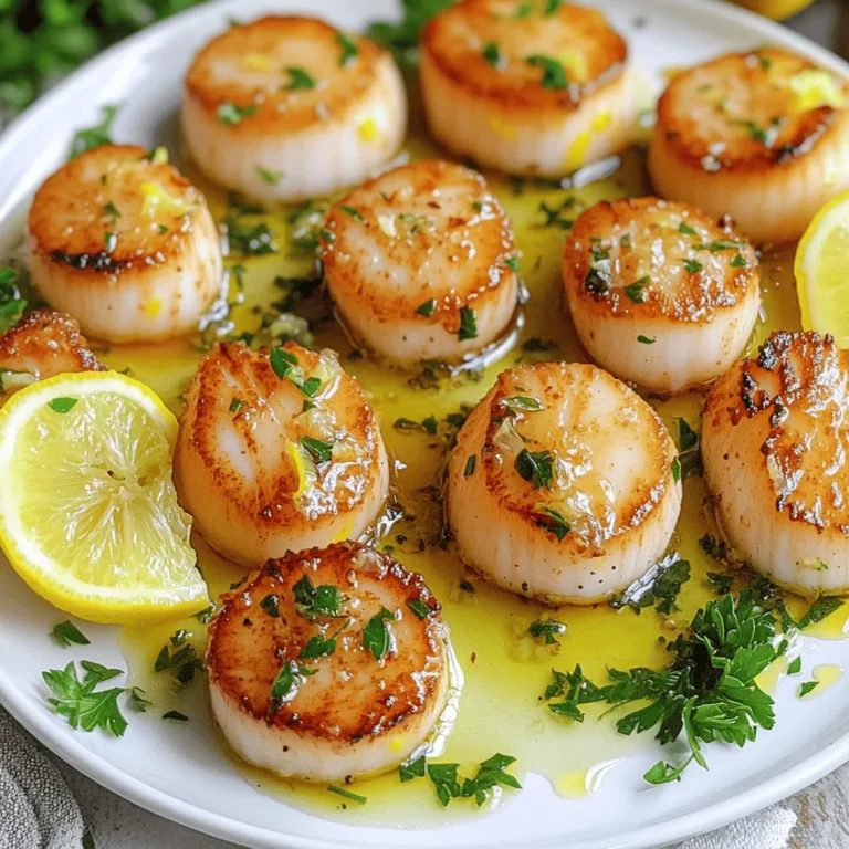 To make lemon garlic scallops, you need fresh and simple ingredients. Here is what you will need: - 1 pound sea scallops, thawed if previously frozen - 3 tablespoons extra virgin olive oil - 4 cloves garlic, finely minced - Zest and juice of 1 large lemon - Sea salt and freshly cracked black pepper, to taste - 1 tablespoon fresh parsley, finely chopped - Lemon slices for an elegant garnish Sea scallops are best for this dish. They have a sweet flavor and a firm texture. Choose bright, glossy scallops with a clean scent. Avoid any that smell fishy. Fresh garlic adds a punch of flavor. It gives depth and richness to the dish. Lemon brings brightness and acidity, balancing the sweet scallops. The zest adds an extra layer of lemony goodness. When sourcing ingredients, look for a trusted fish market. Ask about the origin of the scallops. Fresh, high-quality ingredients make a big difference in taste. You want to create a dish that shines with flavor and freshness. For the olive oil, choose a high-quality extra virgin variety. It enhances the overall flavor profile. Fresh parsley adds color and freshness at the end. Always use fresh herbs for the best taste. By selecting quality ingredients, you set the stage for a memorable meal. Follow the [Full Recipe] to create this delightful dish! First, drying scallops is key. Use paper towels to pat them dry. Moisture will stop them from searing well. Next, season both sides with sea salt and black pepper. A light touch works wonders here. When you place them in the skillet, space them out. Overcrowding will steam them instead of searing them. Heat your olive oil in a large skillet on medium-high heat. Watch for it to shimmer but not smoke. Carefully add the dry scallops in a single layer. Let them sear for 2-3 minutes without moving them. This helps form a nice golden crust. Once they look brown, gently flip them using tongs. Now, add the minced garlic to the pan. Cook for another 2-3 minutes. Stir the garlic to stop it from burning. The scallops should become opaque and fully cooked. Remove the skillet from heat right after cooking. Add the lemon zest and juice to the pan. Toss the scallops gently so they soak up the flavors. Lastly, sprinkle fresh parsley over the top. This adds color and fresh taste. For serving, place the scallops on a plate and drizzle the pan juices over them. Garnish with lemon slices for an elegant touch. You can pair them with sautéed greens or a crisp salad for a complete meal. - Overcooking scallops: This is a big mistake. Scallops cook fast. If you cook them too long, they become rubbery. Aim for a golden crust on the outside and opaque inside. - Not using enough oil for searing: Oil helps create a nice crust. If you skimp on oil, the scallops may stick. Use at least three tablespoons to get good results. - Ignoring the resting time post-cooking: Let your scallops rest for a minute after cooking. This helps them stay juicy. Don’t rush this step! - Recommended skillet types for best results: A heavy skillet works best. Cast iron or stainless steel distributes heat evenly. Avoid non-stick pans; they won’t give you a good sear. - Importance of temperature control: Start with a hot skillet. If it's too cool, scallops won’t brown. Heat the oil until it shimmers. This shows it’s ready for the scallops. - Suggestions for seasoning variations: Besides lemon and garlic, try fresh herbs or spices. Thyme, chili flakes, or even a splash of white wine can add depth. Experiment to find your favorite mix! For the full recipe, check out the details above and get cooking! {{image_4}} You can elevate your lemon garlic scallops with a few simple tweaks. - Incorporating herbs: Add fresh thyme or basil for a fragrant twist. These herbs enhance the dish’s aroma and add depth to the flavor. - Alternative citrus options: Try lime or orange juice for a unique taste. Each citrus brings its own brightness and pairs nicely with scallops. - Adding heat: If you like spice, sprinkle in some chili flakes or drizzle Sriracha. The heat balances the dish’s richness and excites your taste buds. Pair your scallops with sides to create a full meal. Here are some ideas: - Suggested side dishes: Serve with sautéed greens for a fresh crunch. A light salad or creamy risotto also works well to complement the scallops. - Pairing with wines or cocktails: A chilled white wine, like Sauvignon Blanc, enhances the dish. For cocktails, a gin and tonic is refreshing and bright. - Plating ideas: For a restaurant-style look, place the scallops on a clean plate. Drizzle the pan juices over them and add lemon slices for a pop of color. A sprinkle of parsley adds a final touch of green. For the full recipe, check out the Lemon Garlic Scallops recipe. After you finish your Lemon Garlic Scallops, store any extras right. First, place them in a shallow, airtight container. This helps keep them fresh. You can put them in the fridge for up to two days. If you wait longer, the taste and texture change. To reheat, use a non-stick skillet. Heat it over low to medium heat. Add a splash of water or broth to keep them moist. Cover the pan with a lid. This method helps keep the scallops tender. You can freeze scallops, but do it right. Raw scallops freeze well if you place them in a sealed bag. Remove as much air as possible. They can stay fresh for up to three months. If you want to freeze cooked scallops, make sure they cool first. Then, follow the same bag method. To thaw, leave them in the fridge overnight. Never thaw scallops in warm water. This can ruin their texture. When you reheat frozen scallops, use low heat again. Check them often to avoid overcooking. Enjoy your scallops as fresh as possible! For the full recipe, check out the details above. You should use sea scallops for this recipe. Sea scallops are larger and have a sweet taste. Bay scallops are smaller and can be more delicate. They work well in soups or pasta but may not sear as nicely. When picking scallops at the market, look for these signs: - They should smell fresh, like the ocean. - The meat should be firm and glossy. - Avoid scallops that look dry or have brown spots. Yes, you can use other oils. Grapeseed oil or avocado oil are good options. They have high smoke points, too. Using different oils can change the flavor. Olive oil adds a rich taste, while grapeseed is lighter. Choose based on your preference and what you have on hand. Perfectly cooked scallops are opaque and firm. They should have a golden crust outside. The safe internal temperature for scallops is 145°F (63°C). Use a food thermometer to check. If you don’t have one, look for that golden color and firm texture. For a full recipe, check out the Lemon Garlic Scallops guide! Lemon garlic scallops are a tasty dish that combines fresh ingredients and simple steps. Using quality sea scallops, fresh garlic, and lemon makes all the difference. I shared tips for cooking and avoiding common mistakes, like overcooking. Remember, you can customize your flavors with herbs or spices. Enjoy your cooking journey. Perfect scallops can impress anyone. With practice, you’ll master this dish and feel confident serving it. Take your time and savor the process!