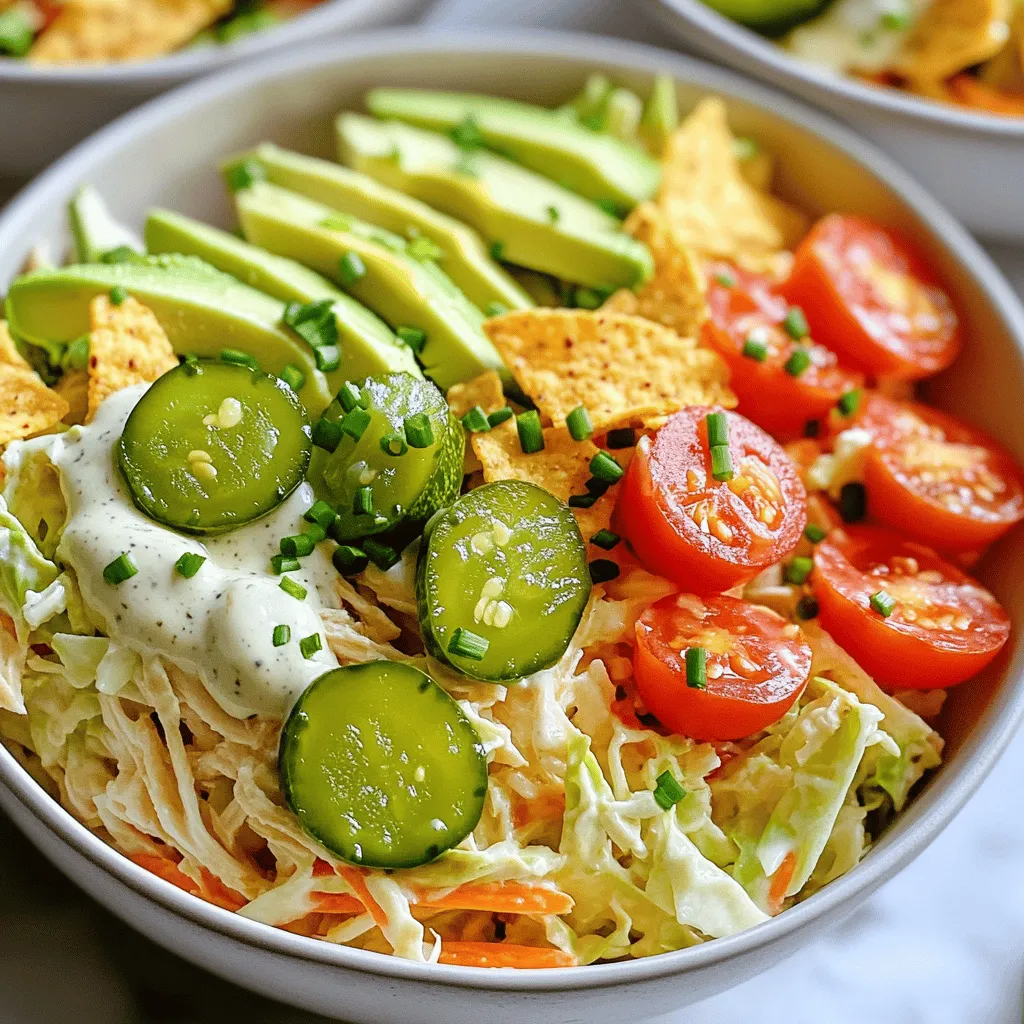 To create these tasty Pickle Ranch Chicken Slaw Bowls, you need a mix of fresh and flavorful ingredients. Here’s what you’ll need: - 2 cups shredded rotisserie chicken - 1 cup creamy buttermilk ranch dressing - 1 tablespoon dill pickle juice - 1 teaspoon garlic powder - 1/2 teaspoon onion powder - 4 cups coleslaw mix (a blend of shredded cabbage and carrots) - 1 cup diced dill pickles - 1/2 cup cherry tomatoes, halved - 1 ripe avocado, sliced - 1/4 cup fresh chives, finely chopped - Salt and freshly ground pepper to taste These items create a balance of textures and flavors. The chicken adds protein, while the dressing and pickles bring a tangy kick. If you want to jazz up your bowls, consider adding some optional ingredients: - Tortilla chips for added crunch - Sliced jalapeños for heat - Fresh herbs like cilantro or parsley for freshness These extras let you customize each bowl to suit your taste. You can easily mix and match to create your perfect dish. To make your cooking easier, gather these tools: - Large mixing bowl for the dressing - Separate mixing bowl for the slaw - Whisk for mixing the dressing - Serving bowls for presenting your meal Having the right tools helps streamline the cooking process. You’ll enjoy making these vibrant bowls even more! For the complete recipe, check out the Full Recipe. First, grab a large mixing bowl. This is where the magic starts. Whisk together the creamy buttermilk ranch dressing, dill pickle juice, garlic powder, onion powder, and a pinch of salt. Mix until everything is smooth. The dressing should taste tangy and rich. This blend will bring out the flavors in your chicken and slaw. Next, add the shredded rotisserie chicken to the dressing. Stir gently so each piece gets coated well. This step is important. It helps the chicken soak in all those tasty flavors. Let it sit for at least 15 minutes. You can leave it at room temperature. This short wait makes a big difference in taste. Now it’s time to put everything together. Take a serving bowl and add a generous handful of the coleslaw mix. Spread it out evenly. This will be the base. Spoon the pickle ranch chicken mixture on top of the slaw. Make sure it looks nice and layered. Then, add slices of avocado for creaminess. Top it off with fresh chives for extra flavor and color. If you like crunch, sprinkle some crushed tortilla chips on top. Serve these bowls right away and enjoy every bite of this fresh meal! For the complete recipe, check out the Full Recipe. To get the best flavor, use fresh herbs. Chives add a nice touch. You can also adjust the pickle juice for more tang. Always taste as you mix. If you like garlic, add more garlic powder. A sprinkle of salt and pepper enhances the dish. Don’t shy away from trying new spices, like smoked paprika. You can prepare the chicken and dressing a day before. Just store them in the fridge in separate containers. This saves time on busy days. You can also chop the veggies ahead of time. Keep the coleslaw mix fresh by covering it tightly. Assemble the bowls right before serving to maintain crunch. For a fun twist, try adding crushed tortilla chips on top. They give a perfect crunch. You can also add sliced jalapeños for some heat. Serving the bowls in colorful dishes makes them pop. A sprinkle of sesame seeds can add a nice touch too. You might even drizzle a bit of extra ranch dressing for added flavor. For the full recipe, check out the details above. {{image_4}} You can switch up the protein in these bowls. Use turkey, tofu, or chickpeas. Any of these will add flavor and texture. For a fun twist, try grilled shrimp or seasoned beef. Each option brings a unique taste to the dish. If you have dietary needs, worry not! Use dairy-free ranch dressing for a vegan option. You can also swap the chicken for a plant-based protein. Make sure to check that any dressing or condiments fit your needs. It’s easy to adapt this recipe to fit many diets. Seasonal veggies can elevate your bowls. In spring, add fresh peas or radishes. Summer is great for corn and fresh herbs. In fall, consider roasted squash or apples for sweetness. Winter can bring hearty greens like kale or Brussels sprouts. Each season offers new flavors to explore. To keep your Pickle Ranch Chicken Slaw Bowls fresh, store them in an airtight container. This helps seal in flavors and prevents spoilage. I suggest separating the chicken from the slaw for best results. The chicken can stay moist while the slaw stays crisp. If you add avocado, it's best to eat that right away. If you must store it, sprinkle a bit of lemon juice to slow browning. When stored properly, your bowls can last about 3 days in the fridge. After that, the ingredients may start to lose their texture and flavor. Always check for any signs of spoilage, like sour smells or discoloration. If you see or smell something off, it’s better to be safe and toss it. You can freeze the chicken part of the dish for longer storage. Just place it in a freezer-safe bag or container. It lasts about 2-3 months in the freezer. When ready to eat, thaw it in the fridge overnight. Reheat it gently in a pan or microwave. I advise against freezing the slaw since it can become mushy when thawed. For the best taste, enjoy your Pickle Ranch Chicken Slaw Bowls fresh! Yes, you can use other dressings. Try a vinaigrette for a lighter taste. A yogurt-based dressing adds creaminess without the heaviness. You can also mix ranch with mustard for a zesty twist. Just make sure the dressing balances the flavors in the bowl. To make this dish vegetarian, swap the chicken for chickpeas or tofu. Both options soak up the dressing well. Use a plant-based ranch dressing or make your own with yogurt, herbs, and spices. This way, you keep the flavors bright and fresh. These bowls pair well with tortilla chips for crunch. You can also add a side of corn on the cob for sweetness. Fresh fruit salad brings a nice balance too. If you want something warm, consider grilled veggies or a light soup. Each option complements the bright flavors of the slaw bowls. For the full recipe, check out the earlier section. This blog post covered all you need for Pickle Ranch Chicken Slaw Bowls. We explored the main ingredients and optional flavors. You learned how to prepare the dressing and marinate the chicken. I shared tips for seasoning and ideas for meal prep. We also discussed variations and how to store leftovers. Cooking can be fun, creative, and rewarding. Enjoy your tasty bowls, and don’t be afraid to make them your own!